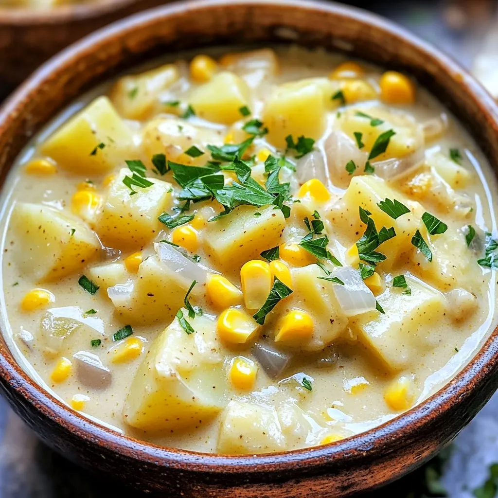 - 4 medium-sized potatoes, peeled and diced into bite-sized cubes - 2 cups corn kernels (can be fresh, frozen, or canned) - 1 medium yellow onion, finely chopped - 2 cloves garlic, minced - 4 cups low-sodium vegetable broth - 1 cup heavy cream (or substitute with coconut cream for a dairy-free option) - 1 teaspoon dried thyme - 1 teaspoon smoked paprika, for a touch of warmth - Salt and pepper, to taste - 2 tablespoons extra virgin olive oil - Fresh parsley or chives, finely chopped, for garnish The ingredients for this chowder are simple yet full of flavor. The potatoes give it a nice base, while corn adds sweetness. I love using fresh corn, but frozen or canned works great too. Onions and garlic add depth to the dish. You want to chop the onion finely so it mixes well. The vegetable broth is key for a rich taste. I choose low-sodium broth to keep it healthy. The cream makes this chowder creamy and rich. If you want a dairy-free option, coconut cream is a perfect swap. Seasonings like thyme and smoked paprika bring warmth and depth to the dish. Salt and pepper help balance all the flavors. Olive oil adds a subtle richness. Lastly, fresh herbs like parsley or chives brighten up the chowder and make it look pretty. These ingredients come together to create a warm, comforting bowl of chowder that is sure to please everyone. To start, you need to sauté the onions and garlic. In a medium skillet, add 2 tablespoons of extra virgin olive oil. Heat it over medium heat. Once hot, toss in 1 finely chopped medium yellow onion. Sauté it for about 3-4 minutes until it turns soft and translucent. Next, add 2 minced garlic cloves to the pan. Cook for another minute. This will fill your kitchen with a lovely aroma. Now, let’s prepare the potatoes and corn. You will need 4 medium-sized potatoes. Peel them and cut them into bite-sized cubes. You can use fresh, frozen, or canned corn. Measure out 2 cups of corn kernels. Once you have everything ready, you are set to move on. Now it’s time to combine all the ingredients in the slow cooker. Transfer the sautéed onions and garlic into the slow cooker. Add the diced potatoes and corn kernels. After that, pour in 4 cups of low-sodium vegetable broth. Sprinkle in 1 teaspoon of dried thyme, 1 teaspoon of smoked paprika, and season with salt and pepper to taste. Gently stir everything together to blend the flavors. For cooking times, you can set the slow cooker to low for 6-7 hours or high for 3-4 hours. The potatoes should be fork-tender when done. Once the cooking time is up, it’s time for the finishing touches. Use a potato masher to mash some of the potatoes in the chowder. This gives the chowder a nice thickness while keeping it chunky. If you prefer a creamier texture, use an immersion blender to blend part of the chowder until smooth. Next, pour in 1 cup of heavy cream or coconut cream for a dairy-free option. Stir well to combine. Taste the chowder and adjust the seasoning as needed. Allow it to cook on low for an additional 15-20 minutes. This helps the flavors meld beautifully. Seasoning is key to great chowder. I like to use salt and pepper to bring out the taste. Smoked paprika adds a warm touch. Fresh corn gives a sweet crunch, while frozen corn is just as good. If you want a burst of flavor, fresh corn is the way to go. Be sure to taste as you season, so it’s just right. For the perfect texture, use a potato masher. Mash some of the potatoes to thicken the chowder while keeping some chunks. If you prefer a creamy chowder, grab an immersion blender. Blend just part of the chowder until smooth. This gives you a nice balance of creaminess and texture. Pair this chowder with crusty bread for a warm meal. A simple salad can add a fresh touch. You can also serve it with grilled cheese for a cozy combo. Garnish with fresh parsley or chives for color. This makes the dish even more inviting and delicious. {{image_4}} You can easily make this chowder dairy-free. Swap the heavy cream for coconut cream. This change keeps the chowder rich and creamy without dairy. The coconut adds a hint of sweetness, making the dish even more delightful. Want to enhance your chowder? Add proteins like bacon or chicken. Cook the bacon until crispy, then crumble it on top. If you prefer chicken, add cooked, shredded chicken right before serving. You can also toss in more veggies, like bell peppers or celery. These add crunch and color, making the chowder even more appealing. If you love heat, make your chowder spicy! Add jalapeños for a mild kick. Chop them finely and mix them in with the other ingredients. For a stronger heat, sprinkle in some cayenne pepper. Just a little will give your chowder a nice, warm flavor. Adjust the spice level to fit your taste! To store leftovers, let the chowder cool down. Transfer it to an airtight container. It keeps well in the fridge for up to three days. When you are ready to eat, scoop out what you need. Avoid reheating the whole pot to keep it fresh. For reheating, you can use the stove or microwave. If using the stove, warm it on low heat. Stir often to avoid sticking. If using the microwave, place it in a microwave-safe bowl. Heat in short bursts, stirring in between, until hot. You can freeze the chowder for longer storage. Use a freezer-safe container or bag. Leave some space at the top, as it will expand when frozen. The chowder can last up to three months in the freezer. When you're ready to eat the frozen chowder, thaw it in the fridge overnight. Once thawed, reheat it on the stove or microwave. Make sure to stir well as it heats. If it seems too thick, add a splash of broth or cream to adjust the texture. Yes, you can make this chowder ahead of time. It stores well in the fridge. Just let it cool before putting it in a container. You can keep it for up to three days. Reheat it on the stove or in the microwave. Adding a splash of broth can help if it thickens too much. This chowder is easy to make vegetarian or vegan. Use vegetable broth instead of chicken broth. For a vegan cream, swap heavy cream for coconut cream. Make sure your corn is fresh or frozen, avoiding canned versions with additives. The rest of the ingredients are already plant-based. This chowder pairs well with many sides. A fresh green salad adds a nice crunch. You can also serve it with crusty bread for dipping. Cornbread is another great choice, as it complements the sweet corn flavor. Consider some pickled vegetables for a tangy contrast. In this blog post, we explored how to make Slow Cooker Creamy Potato Corn Chowder. I shared the key ingredients you need, like potatoes, corn, onion, and broth. You learned step-by-step instructions, from prepping to cooking in the slow cooker. We discussed tips for great flavor, texture tweaks, variations for different diets, and proper storage. You can enjoy this chowder any time, knowing how to customize it. Dive in and try making this comforting dish. You won’t be disappointed!