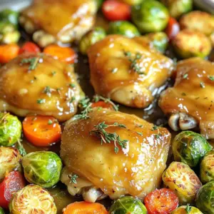 To make the perfect Sheet Pan Maple Dijon Chicken, you need: - 4 bone-in chicken thighs, skin-on - 2 tablespoons Dijon mustard - 3 tablespoons pure maple syrup - 1 tablespoon olive oil - 1 teaspoon garlic powder - 1 teaspoon onion powder - Salt and pepper, to taste These chicken thighs bring rich flavor and a nice texture. The skin helps to keep the meat moist and tender while roasting. The key to a tasty dish lies in the seasoning. Use: - 2 tablespoons Dijon mustard for a tangy kick - 3 tablespoons pure maple syrup for sweetness - 1 tablespoon olive oil to help blend the flavors - 1 teaspoon garlic powder for a savory depth - 1 teaspoon onion powder to add warmth - Salt and pepper, to taste for balance Mix these ingredients well for a flavorful marinade. This blend makes the chicken and veggies shine. Vegetables add color and nutrition. For this recipe, I suggest: - 2 cups Brussels sprouts, trimmed and halved - 2 cups baby carrots - 1 large red bell pepper, sliced into strips These choices roast beautifully and become sweet. You can also use other veggies like broccoli or zucchini if you prefer. Just remember to cut them into similar sizes for even cooking. Start by preheating your oven to 400°F (200°C). While the oven heats, line a large sheet pan with parchment paper. This step helps with easy cleanup. It’s a small task that saves time later. In a small bowl, mix together the Dijon mustard, pure maple syrup, olive oil, garlic powder, onion powder, and a good pinch of salt and pepper. Whisk these ingredients until they blend into a smooth marinade. This marinade adds great flavor to the chicken and veggies. Next, place the chicken thighs on the sheet pan, skin side up. Use a basting brush or a spoon to spread half of the marinade over the chicken. Make sure each piece gets a good coat. In a large bowl, toss the halved Brussels sprouts, baby carrots, and sliced red bell pepper with the remaining marinade. This ensures the veggies soak up all that yummy flavor. Scatter the veggies around the chicken on the pan. This should look colorful and inviting. Now, pop the sheet pan into your preheated oven. Roast everything for 35-40 minutes. The chicken is done when it reaches an internal temperature of 165°F (75°C) and has crispy, golden skin. During this time, the veggies will caramelize and become tender. Once done, take the sheet pan out and let it rest for about 5 minutes. This helps the chicken's juices settle. If you want, sprinkle fresh thyme over the dish for a nice touch. Enjoy your meal! To get that perfect crispy chicken skin, start with bone-in thighs. The skin holds in moisture and adds flavor. Make sure to pat the skin dry with a paper towel. This helps remove extra moisture. Next, coat the chicken with your marinade evenly. The sugar in the maple syrup helps caramelize the skin. Roast the chicken at 400°F for 35-40 minutes. This high heat creates that crispy texture. Use a meat thermometer to check for doneness. The chicken should reach 165°F for safety. For tasty veggies, choose fresh ones. Trim and halve Brussels sprouts and slice the red bell pepper. Baby carrots can stay whole for a nice crunch. Toss the veggies in the remaining marinade. This gives them great flavor and helps them roast evenly. Spread them out on the sheet pan. Do not overcrowd them; this helps them caramelize. Roasting at high heat brings out their natural sweetness. To make this recipe easy, gather a few tools. You need a large sheet pan lined with parchment paper. This makes cleanup simple. Use a mixing bowl for the marinade and a basting brush for coating the chicken. A sharp knife helps with cutting veggies. Finally, keep a meat thermometer handy. It ensures your chicken is both safe to eat and perfectly cooked. {{image_4}} You can switch out chicken for other proteins. Try bone-in pork chops or turkey thighs. They will soak up the maple Dijon flavor just like chicken. For a quicker meal, use boneless chicken breasts or thighs. These will cook faster and still taste amazing. Feel free to play with the veggies. Broccoli florets or cauliflower can add great texture. You can also use sweet potatoes or zucchini for a different taste. Just keep the cooking time in mind. Some veggies might need less time than Brussels sprouts or carrots. If you want a vegan option, try using tofu or tempeh. Marinate them just like the chicken. For vegetables, add chickpeas for protein. They will also take on the sweet and tangy flavors well. You can also use hearty greens like kale or spinach. To keep your Sheet Pan Maple Dijon Chicken fresh, let it cool down. Place the chicken and veggies in an airtight container. This helps keep moisture in and air out. Store it in the fridge. It will last for about 3 to 4 days. Always label the container with the date, so you know when to eat it. When you’re ready to eat leftovers, preheat your oven to 350°F (175°C). Place the chicken and veggies on a baking tray. Cover them with foil to keep them moist. Heat for about 15-20 minutes. Check that the chicken is warm all the way through. You want it to reach at least 165°F (75°C) again. This keeps it safe and tasty. If you want to save some for later, freezing works great! First, let the dish cool completely. Then, portion it into freezer-safe bags or containers. Remove as much air as you can before sealing. It will stay good for about 2-3 months. When you're ready to eat, thaw it in the fridge overnight. Reheat using the oven or microwave for a quick meal. Sheet Pan Maple Dijon Chicken lasts about 3 to 4 days in the fridge. To store it, place the chicken and veggies in an airtight container. This keeps them fresh and safe to eat. Yes, you can make this recipe ahead of time. You can marinate the chicken and veggies the night before. Store them in the fridge until you’re ready to cook. This helps the flavors blend well. I love serving this dish with a light salad or some crusty bread. You could also pair it with rice or quinoa. These sides balance the sweet and savory flavors of the chicken. Absolutely! This recipe is great for meal prep. You can cook a big batch and divide it into meal containers. It makes lunch and dinner easy for the week ahead. Yes, you can use other mustards. Whole grain mustard or yellow mustard work well too. Each will give a different taste, so feel free to experiment! This blog post covered the tasty Sheet Pan Maple Dijon Chicken. We explored essential ingredients, helpful cooking steps, and useful tips. I shared variations and storage tips to keep your meals fresh. As you prepare this dish, remember it’s simple. Enjoy the flavors and make it your own. With the right ingredients and methods, you’ll create a meal everyone loves.