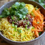 - 200g egg noodles - 3 tablespoons chili crisp (store-bought or homemade) - 2 tablespoons soy sauce - 1 tablespoon sesame oil - 1 teaspoon honey - 2 green onions, finely sliced - 1 tablespoon sesame seeds (toasted) - 1 small carrot, julienned The main ingredients create a perfect blend of taste and texture. The egg noodles provide a soft base. Chili crisp adds heat and crunch. Soy sauce gives umami, while sesame oil adds a nutty depth. Honey balances the flavors with a hint of sweetness. Fresh veggies like green onions and carrots give color and crunch. - Fresh cilantro (for garnish) Garnishes enhance the dish's look and flavor. Fresh cilantro adds a bright taste and visual appeal. You can skip it if you prefer a simpler dish. - Chili crisp - Soy sauce - Sesame oil - Honey These key seasonings are crucial for flavor. Chili crisp brings spice and texture. Soy sauce gives a savory taste. Sesame oil adds richness. Honey sweetens and balances the heat. Together, they make this dish pop with flavor. To start, fill a large pot with about 2 liters of water. Bring it to a rolling boil. Once boiling, add 200g of egg noodles. Look at the package for cooking time, which is usually 4-5 minutes. When the noodles are al dente, drain them in a colander. Rinse the noodles under cold water to stop cooking and remove extra starch. Grab a small mixing bowl for the sauce. Add 3 tablespoons of chili crisp, 2 tablespoons of soy sauce, 1 tablespoon of sesame oil, and 1 teaspoon of honey. Use a whisk or fork to mix well. Make sure the honey blends in smoothly. This sauce packs a punch and adds great flavor. In a large mixing bowl, place the cooled and drained noodles. Pour the spicy sauce over the noodles. Use clean hands or tongs to toss them gently. Make sure every noodle gets coated. Next, add the julienned carrots and finely sliced green onions. Fold them in carefully. This adds crunch and color to your dish. Now you're ready to serve! To cook the best egg noodles, start with boiling water. Use a large pot with 2 liters of water. Add the noodles and cook for 4 to 5 minutes. Stir them gently to keep them from sticking. To check for doneness, taste a noodle. It should be tender yet firm. Once cooked, drain the noodles and rinse them under cold water. This stops the cooking and removes extra starch. The sauce for these noodles is simple but can be changed. You can add more honey for sweetness or extra chili crisp for heat. Try adding lime juice for a zesty kick. Mixing in garlic or ginger gives more depth. You can also swap soy sauce for tamari for a gluten-free option. Each change creates a new flavor profile. For a beautiful serving, use shallow bowls. This shows off the colorful veggies well. Sprinkle toasted sesame seeds on top for crunch. Add sliced green onions for freshness and a pop of color. A few sprigs of cilantro also brighten the dish. Drizzle a bit of extra chili crisp on top for an eye-catching finish. These small touches make the meal look and taste gourmet. {{image_4}} You can boost your Minute Chili Crisp Egg Noodles with protein. Chicken, shrimp, or tofu work well. Cook the chicken or shrimp in a pan before adding them to the noodles. For tofu, press it to remove water, then sauté it until golden. Mix it in with the noodles for a heartier dish. This adds flavor and makes the meal more filling. To make this dish vegetarian or vegan, simply skip the meat. Instead, use extra veggies like bell peppers or broccoli. You can add chickpeas or edamame for protein. Replace honey with maple syrup for a vegan-friendly sweetener. This keeps the dish tasty while fitting different diets. If you like spice, add more chili crisp to your noodles. You can also sprinkle in some red pepper flakes. For a milder option, use less chili crisp. You can mix in some coconut milk to tone down the heat. This way, you can enjoy the dish at your preferred spice level. To store leftover noodles, place them in an airtight container. Make sure they cool down first. You can keep them in the fridge for up to three days. This helps preserve their flavor and texture. If you want the best taste, eat them sooner rather than later. To reheat, use a microwave or a pan. If using a microwave, place the noodles in a bowl. Add a splash of water to keep them moist. Heat for one to two minutes until warm. If using a pan, add a bit of oil and stir-fry on low heat. This gives the noodles a nice texture. For longer storage, freezing is a great option. To freeze, place the cooled noodles in a freezer bag. Remove as much air as you can before sealing. The noodles can last up to three months in the freezer. When ready to eat, thaw them overnight in the fridge. Reheat them as mentioned to enjoy a quick meal. Yes, you can use other noodles. Rice noodles work well. You can also use udon or ramen. Just adjust the cooking time. Follow the package instructions for best results. Chili crisp is a spicy oil blend. It often contains crispy garlic and shallots. You can find it in Asian markets or online. Many brands offer it, and you can even make your own. To reduce the heat, use less chili crisp. You can also add more soy sauce or honey. These will balance the flavors and tone down the spice. Adding more veggies can help too. Serve this dish with simple sides. Steamed broccoli and cucumber salad are great choices. You could also try spring rolls or a light soup. These will complement the flavors well. Minute Chili Crisp Egg Noodles combine simple ingredients for a tasty meal. We discussed key ingredients, cooking steps, and ways to adapt the recipe. You can personalize this dish with optional garnishes, proteins, or spice levels. Storing leftovers is easy, ensuring you can enjoy it later. Experiment with the tips provided to make it your own. Enjoy this dish now and make it your go-to for quick meals!