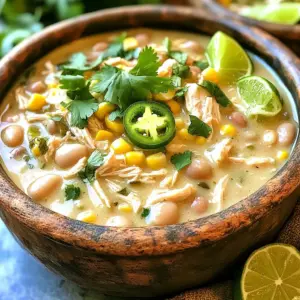 - 1 pound boneless, skinless chicken breasts - 1 can (15 oz) white kidney beans, drained and rinsed - 1 can (15 oz) sweet corn, drained - 1 teaspoon ground cumin - 1 teaspoon chili powder - 1/2 teaspoon smoked paprika - 4 cups chicken broth - 1 cup heavy cream - 1/4 cup fresh cilantro, chopped - Sliced jalapeños and lime wedges for serving When I make slow cooker white chicken chili, I start with the main ingredients. I use one pound of boneless, skinless chicken breasts for a tender base. I also add a can of white kidney beans and sweet corn. These give the chili great texture. Next, I focus on the seasonings and broth. I add one teaspoon of ground cumin and chili powder. Smoked paprika adds a nice depth of flavor, too. Lastly, I pour in four cups of chicken broth to keep everything nice and moist. To finish, I include creamy elements and garnishes. One cup of heavy cream makes the chili rich and smooth. I also chop fresh cilantro for a pop of color and flavor. Sliced jalapeños and lime wedges add a nice touch when serving. This simple mix of ingredients creates a comforting dish that is sure to please! Start by placing the chicken breasts at the bottom of your slow cooker. This layer will give your chili a strong base. Next, add the white kidney beans and sweet corn on top of the chicken. Then, sprinkle the finely chopped onion, minced garlic, and diced green chilies evenly. Each layer adds its own special flavor. Now, it’s time to spice things up! Sprinkle ground cumin, chili powder, smoked paprika, salt, and black pepper over everything. This step ensures every bite is packed with flavor. Now, carefully pour in the chicken broth. Make sure the chicken is fully covered. This helps it cook well. Once the broth is in, cover the slow cooker with its lid. Set it to cook on low for 6-8 hours or on high for 3-4 hours. Wait patiently until the chicken is tender. You’ll know it’s done when it shreds easily with a fork. After cooking, remove the chicken breasts from the slow cooker. Use two forks to shred the chicken into bite-sized pieces. Return the shredded chicken back into the slow cooker. Next, stir in the heavy cream. This makes your chili creamy and rich. Let it cook on low for another 30 minutes. This step allows the flavors to blend perfectly. Finally, taste the chili and adjust the seasoning if needed. Make sure it’s just right for you! To ensure tender chicken in your chili, it's vital to cook it low and slow. This method helps break down the meat, making it easy to shred. Always place the chicken at the bottom of the slow cooker. This positioning allows the juices from the chicken to flavor the other ingredients. When using different slow cooker brands, adjust your cooking times. Some cook faster than others. If you notice your chicken isn't tender after the suggested time, let it cook longer. Check it often to avoid overcooking. For a kick of heat, consider adding more spices. A pinch of cayenne pepper can elevate the dish. You could also try adding diced jalapeños to the mix for a fresh bite. Incorporating other vegetables can add more depth. Try bell peppers, zucchini, or even carrots. These not only enhance the flavor but also add nutrition. Experiment with your favorites to find the best blend. Pair your chili with warm tortilla chips or crusty bread. Both options are perfect for dipping and add a nice crunch. For garnishing, fresh cilantro and sliced jalapeños can brighten the dish. A squeeze of lime adds a zesty touch. Present these on the side to let guests customize their bowls. This makes serving fun and interactive! {{image_4}} You can switch chicken for turkey. Turkey gives a nice twist to the dish. It also cooks well in the slow cooker. If you want a meatless option, use beans or lentils instead of chicken. This makes a great vegetarian chili. You still get the creamy texture and hearty taste that everyone loves. To change the spice level, use different types of chilies. For a mild flavor, use sweet bell peppers or poblano peppers. For a spicy kick, try jalapeños or serrano peppers. Start with a small amount, then taste as you go. This way, you can find the perfect heat for your family. If you want a dairy-free chili, replace the heavy cream. Use coconut milk or almond cream instead. Both options add creaminess without dairy. They also bring a unique flavor to the dish. Just stir it in at the end, like you would with heavy cream. This keeps your chili rich and delicious! To store leftover chili, let it cool first. Then, transfer it to an airtight container. Make sure to seal it well. Place it in the fridge. Enjoy it within 3-4 days. This keeps the flavors fresh and tasty. To freeze the chili, let it cool completely. Pour it into a freezer-safe container. Leave some space at the top for expansion. Seal the container tightly. You can freeze it for up to 3 months. When ready to eat, thaw it overnight in the fridge. Reheat on the stove until hot and serve. For the best flavor and texture, eat the chili within a week if refrigerated. Freezing helps extend its shelf life. Always check for any off smells or changes in texture before eating. Following these tips keeps your chili as delicious as the day you made it. The cooking time depends on your setting. If you cook on low, it takes 6-8 hours. If you use high, it takes about 3-4 hours. The chicken should be tender and easy to shred when done. Always check the chicken to make sure it is fully cooked. Yes, you can use frozen chicken breasts. Just add them directly to the slow cooker. You should increase the cooking time by about 1-2 hours. Make sure to check the chicken’s temperature before serving. It should reach 165°F to be safe to eat. You can serve it with warm tortilla chips or crusty bread. A fresh salad pairs well too. For garnishes, add lime wedges, fresh cilantro, or sliced jalapeños. These add flavor and color to your meal. You can also serve it with rice or cornbread for a hearty side. In this article, we explored creating a delicious white chicken chili. We detailed the main ingredients like chicken, beans, and corn. We provided step-by-step instructions for cooking and shredding the chicken. You learned tips for enhancing flavors and serving ideas. We also covered ingredient swaps and storage options. White chicken chili is easy and fun to make. It’s perfect for gatherings or cozy nights at home. Enjoy cooking and share your tasty creations!