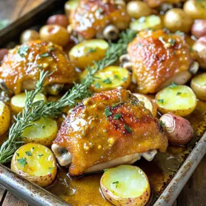 - 4 bone-in, skin-on chicken thighs - 1 lb baby potatoes, halved - 1/4 cup Dijon mustard - 1/4 cup honey - 2 tablespoons olive oil - 1 tablespoon apple cider vinegar - 4 cloves garlic, minced - 1 teaspoon dried rosemary - 1 teaspoon dried thyme - Salt and black pepper to taste - Fresh parsley for garnish I love the main ingredients in this dish. The chicken thighs bring rich flavor and moisture. Baby potatoes add heartiness and a nice texture. You can easily find these at your local grocery store. The marinade components are key to the dish’s success. Dijon mustard gives a sharp bite. Honey adds sweetness, creating a perfect balance. Olive oil keeps everything moist. Apple cider vinegar brightens up the flavors. For seasoning and garnish, garlic is a must. It adds depth and aroma. Dried rosemary and thyme bring earthy notes. Salt and black pepper enhance every bite. Fresh parsley adds a lovely pop of color and freshness. These ingredients work together to create a delicious meal. Each bite bursts with flavor. Plus, they are easy to prepare and fun to cook! - Preheat the oven to 425°F (220°C). - In a bowl, mix the honey mustard marinade. Whisk together 1/4 cup Dijon mustard, 1/4 cup honey, 2 tablespoons olive oil, 1 tablespoon apple cider vinegar, 4 minced garlic cloves, 1 teaspoon dried rosemary, 1 teaspoon dried thyme, and a pinch of salt and pepper. This mix will coat your chicken and potatoes in flavor. - Place 4 bone-in, skin-on chicken thighs in a large bowl. Pour half of the honey mustard sauce over the chicken. Toss the chicken gently to coat it well. - Allow it to marinate for 10 minutes. This short time ensures your chicken absorbs the flavors. - Take 1 pound of baby potatoes and halve them. Arrange the potatoes in a single layer on a rimmed sheet pan. Drizzle them with olive oil. Season with salt and black pepper, then toss to coat. - Make space on the sheet pan. Nest the marinated chicken thighs among the potatoes, skin side up. Drizzle the remaining honey mustard sauce over the chicken. - Place the sheet pan in your preheated oven. Bake for 35-40 minutes. The chicken should reach an internal temperature of 165°F (75°C). The potatoes should be tender and golden brown. - For a crispy skin finish, switch your oven to broil for 2-3 minutes. Keep an eye on it to avoid burning. - Remove the pan from the oven and let it rest for 5 minutes. This helps the juices settle. Just before serving, garnish with chopped parsley for a fresh touch. To get juicy chicken thighs, start with bone-in, skin-on pieces. This keeps the meat moist. Marinate the chicken for at least 10 minutes. This helps it soak up the honey mustard flavor. Don't skip the seasoning! Use salt and pepper to enhance taste. For crispy skin, bake at high heat. Set your oven to 425°F (220°C). This helps the skin get nice and golden. If you want extra crisp, broil for a few minutes at the end. Keep a close eye to avoid burning. Choosing the right potatoes is key. Baby potatoes work well because they cook evenly. Cut them in half to speed up cooking. Their skins get crispy and tasty. For even seasoning, drizzle olive oil on the potatoes. Toss them with salt and pepper. Make sure every piece gets coated. This ensures great flavor in every bite. To present the dish nicely, serve it right from the sheet pan. This gives a rustic look. If you prefer, transfer the chicken and potatoes to a platter. Drizzle some of the pan juices over them for extra flavor. Pair this dish with a fresh salad or some crusty bread. A crisp white wine or iced tea also complements the meal perfectly. Enjoy your beautiful, tasty creation! {{image_4}} You can switch up the protein in this dish. Instead of chicken thighs, you can use chicken breasts. Pork chops or even firm tofu are great alternatives. Each option brings its own taste. When it comes to potatoes, you have choices too. Yukon Gold or red potatoes work well. Sweet potatoes can add a new twist. Just cut them into similar sizes for even cooking. Want to add more veggies? Carrots and green beans are perfect. They roast well and soak up flavors. Bell peppers or zucchini can also add color and taste. Just cut them into bite-sized pieces and toss them on the pan. You can also try different marinades. A soy sauce or teriyaki mix can add a savory kick. For a spicy note, add some chili paste to the marinade. Experimenting keeps your meals exciting. If you want to save time, use an Instant Pot. Cook the chicken and potatoes together in it. This method keeps everything juicy and tender. You can also try an air fryer for a crispy finish. Just reduce the cooking time a bit. In summer, grilling is a fun option. You can grill the chicken and potatoes on skewers. Brush the honey mustard sauce on while cooking. It gives great flavor and a nice char. After enjoying your meal, you might have some leftovers. Store any leftover chicken and potatoes in an airtight container. Keep them in the fridge. They should stay good for about three to four days. If you want to keep them longer, consider freezing. For freezing, make sure to let the dish cool completely. Then, transfer it to a freezer-safe container or bag. It can last for up to three months in the freezer. Remember to label the container with the date for easy tracking. When you're ready to enjoy your leftovers, reheating them is key. The best method is to use an oven. Preheat your oven to 350°F (175°C). Place the chicken and potatoes in a baking dish. Cover with foil to keep the moisture in. Heat for about 20-25 minutes or until warm. If you want to crisp up the skin again, remove the foil for the last 5 minutes. You can also use a microwave for quick reheating. Place a portion on a microwave-safe plate. Cover it with a damp paper towel to keep moisture. Heat in 1-minute intervals until warm. However, this may not keep the texture as well as the oven method. Enjoy your leftovers while they taste fresh! Marinate chicken for at least 10 minutes. This time allows the flavors to soak in. For a deeper taste, try marinating for up to 2 hours in the fridge. Just don’t go overboard, or the chicken may get too salty. Yes, you can use skinless chicken thighs. They will still cook well, but you might miss some crunch. Skin adds flavor and keeps the chicken juicy. If you use skinless, keep an eye on cooking time. They may cook faster than skin-on thighs. Yes, this recipe can be gluten-free! Dijon mustard usually contains no gluten, but check the label. If you want to be safe, use gluten-free mustard. This way, everyone can enjoy the meal. This dish goes well with many sides. Here are some great options: - Fresh green salad - Crusty bread - Steamed vegetables - Roasted carrots - Creamy coleslaw These sides add balance and color to your meal. Enjoy! This blog post covered a simple and tasty chicken and potato dish. We talked about the essential ingredients, marinade, seasoning, and cooking steps. You can swap ingredients and try new flavors, too. Remember, marinating is key for juicy chicken and crispy skin. Serve it up nicely for an appealing meal. Enjoy getting creative in the kitchen! Your next delicious dinner awaits.