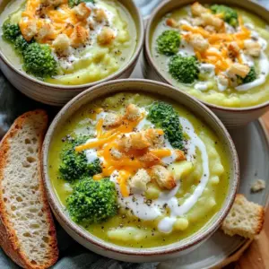 To make a delicious Slow Cooker Cheesy Broccoli Potato Soup, gather the following ingredients: - 4 cups broccoli florets (fresh or frozen) - 3 medium potatoes (peeled and diced into small cubes) - 1 medium onion (finely chopped) - 2 cloves garlic (minced) - 4 cups vegetable broth - 1 cup sharp cheddar cheese (shredded) - 1 cup heavy cream - 2 tablespoons olive oil - 1 teaspoon dried thyme - Salt and pepper to taste - Optional: croutons and extra cheese for garnish These ingredients come together to create a warm and comforting bowl of soup. The broccoli adds a lovely green color and nutrients. The potatoes give it a hearty texture, making it filling. Onion and garlic build a strong flavor base, while vegetable broth adds depth. The sharp cheddar cheese and heavy cream make the soup creamy and rich. Feel free to add croutons and more cheese on top for extra crunch and flavor. This soup is easy to prepare and will surely impress your family and friends. Enjoy crafting this cozy dish! To start, I pour olive oil into the slow cooker. I add finely chopped onion and minced garlic. I sauté them for about 3-4 minutes. You want the onion to look clear and smell the garlic. This step builds a strong flavor base. Next, I mix in the diced potatoes and broccoli florets. I ensure everything is evenly combined. This step is vital for even cooking. The veggies need to soak up all those great flavors. Now, I pour in the vegetable broth over the veggies. I season with dried thyme, salt, and pepper. I stir everything well to coat the veggies in the broth. This adds depth to the soup. Then, I cover the cooker and choose my cooking setting. I can set it on low for 6-7 hours or high for 3-4 hours. Either way works, but I prefer low for richer flavors. The goal is to make sure all the vegetables become soft. When cooking is done, I grab my immersion blender. I blend the soup until I reach my desired texture. If I want some chunks, I blend only half. Then I mix it back in for contrast. Next, I stir in heavy cream and shredded cheddar cheese. I keep mixing until the cheese melts. This makes the soup rich and creamy. Finally, I taste the soup and adjust the seasoning. I add more salt or pepper if needed. Then, I ladle the hot soup into bowls. I love to top it with croutons and extra cheese for a finishing touch. To make your soup shine, focus on seasoning. Start with salt and pepper. They bring out the flavors. Add a little more salt if needed after blending. Fresh herbs also boost taste. Using fresh thyme adds a bright touch. Fresh ingredients are key. Fresh broccoli gives a crisp flavor. Fresh garlic adds depth. If you can, choose fresh over frozen. Your soup will taste much better. Every slow cooker is a bit different. If yours cooks hot, check the soup early. You want the potatoes soft and the broccoli tender. For high-altitude cooking, add an hour. The soup needs more time to cook. Adjust the cooking time to fit your needs. If you are in a hurry, use the high setting. It cooks the soup in about 3-4 hours. Pair your soup with crusty bread. A nice slice adds crunch. You can also serve it with a light salad. It balances the creamy soup. For a restaurant-style look, serve in warm bowls. Top each bowl with cheese and croutons. This adds a perfect crunchy contrast. Enjoy the warmth and comfort in every bite! {{image_4}} You can easily swap out some ingredients to suit your needs. If you want a dairy-free option, use coconut cream instead of heavy cream. For cheese, try nutritional yeast or a dairy-free cheese blend. These will still give you a creamy finish without dairy. Want to add more veggies? Carrots and cauliflower are great choices. They bring extra color and nutrition to your soup. Just chop them into small pieces and mix them in with the broccoli. If you like a kick, you can make this soup spicy! Add red pepper flakes or diced jalapeños while cooking. Start with a small amount and taste as you go. For garnishes, try adding sliced green onions or a sprinkle of crushed red pepper on top. This adds both heat and a pop of color to your dish. You can control how creamy or chunky your soup is. If you want it super smooth, blend all of it. For a chunkier style, blend half and mix it back in. The texture changes the flavors, too. A creamy soup feels rich and indulgent, while a chunky one has a heartier vibe. Both are delicious, so choose what you prefer! To store leftovers, let the soup cool first. Pour it into an airtight container. You can keep it in the fridge for up to three days. When reheating, use a pot on the stove or the microwave. Stir it well to make sure it heats evenly. Add a splash of vegetable broth if it seems too thick. For freezing portions, let the soup cool down completely. Use freezer-safe containers or bags. Label them with the date. You can freeze it for up to three months. When you want to eat it, take a container out of the freezer. Thaw it in the fridge overnight. Reheat it on the stove or microwave, just like before. You can turn leftover soup into something new. Try making a casserole by mixing it with cooked pasta. You can also use it as a sauce over baked chicken or veggies. When reheating, feel free to add fresh ingredients. Toss in some spinach or extra cheese for a tasty twist. This keeps your meals exciting and fresh! This soup lasts about 3 to 4 days in the fridge. Make sure to store it in an airtight container. It's best to enjoy it fresh, but it still tastes great after a few days. Just reheat gently on the stove or in the microwave. Yes, you can use frozen broccoli. It saves time and is often just as nutritious. However, frozen broccoli can be softer when cooked, which may change the soup's texture. If you prefer a firmer bite, fresh is the way to go. This recipe can be gluten-free! Always check the labels on your vegetable broth and cheese. Most brands offer gluten-free options, but it’s good to double-check. Use care when selecting your ingredients. This soup pairs well with crusty bread or a fresh salad. You might add croutons for extra crunch. A sprinkle of extra cheese on top also enhances the dish. Enjoy it alongside a light meal for a complete experience. This blog post covered a tasty slow cooker cheesy broccoli potato soup. We discussed key ingredients, step-by-step instructions, and tips for the best flavor. You learned about variations to customize the recipe and storage tips to enjoy it later. In the end, this soup is simple to make and perfect for any meal. You can easily adapt it to suit your tastes and needs. Enjoy cooking and savoring every delicious spoonful!