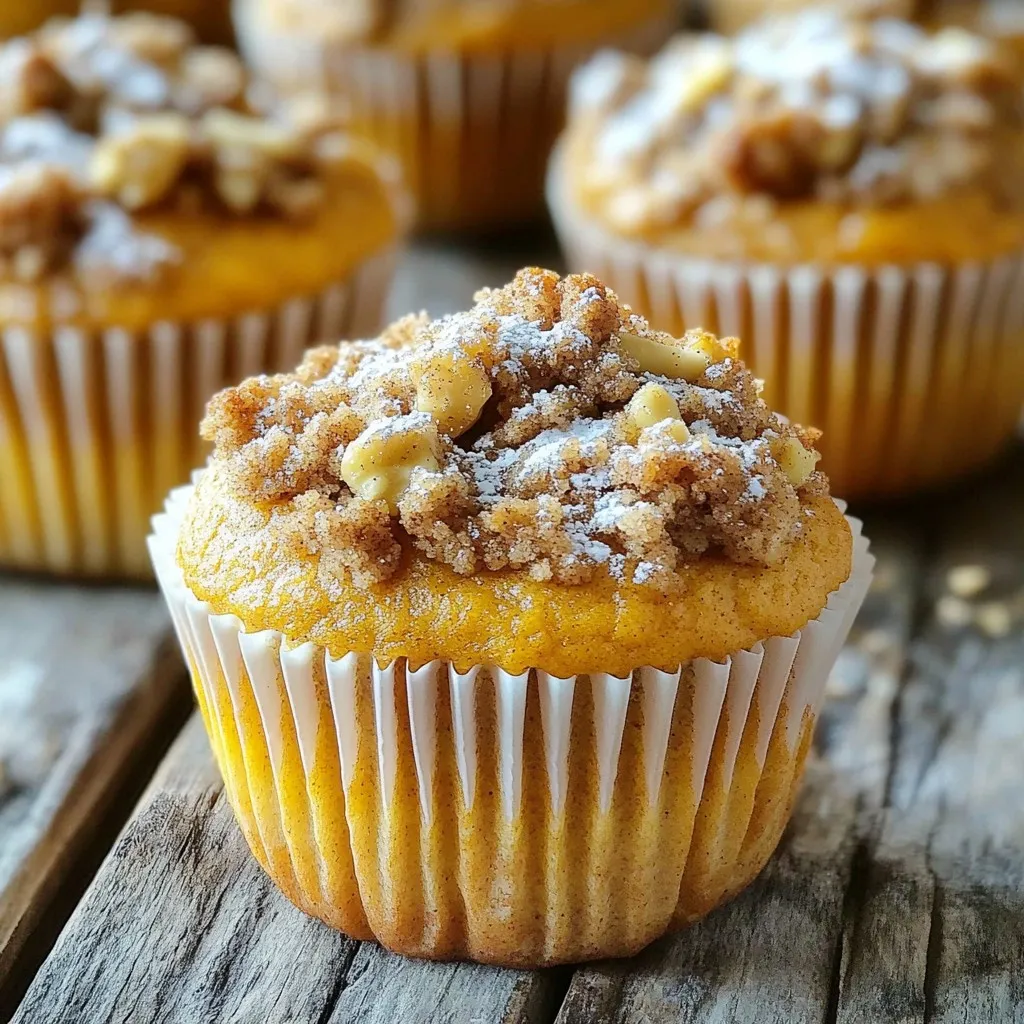 - 1 ½ cups all-purpose flour - 1 teaspoon baking powder - ½ teaspoon baking soda - 1 teaspoon ground cinnamon - ½ teaspoon ground nutmeg - ½ teaspoon ground ginger - ¼ teaspoon ground cloves - ½ teaspoon salt - 1 cup canned pumpkin puree - ¾ cup granulated sugar - ½ cup brown sugar, packed firmly - ½ cup vegetable oil - 2 large eggs - 1 teaspoon vanilla extract - ½ cup all-purpose flour - ⅓ cup brown sugar, packed firmly - ½ teaspoon ground cinnamon - ¼ cup unsalted butter, melted - ¼ cup chopped walnuts or pecans (optional) Gather these ingredients before you start. It makes cooking easier and more fun. Make sure you use canned pumpkin puree, not pie filling. Each dry ingredient plays a role. The flour gives structure, while baking powder and baking soda help muffins rise. The spices add warmth and flavor, giving the muffins that classic pumpkin spice taste. For the wet mix, the pumpkin puree keeps the muffins moist. Granulated and brown sugar provide sweetness. Eggs bind everything together, while vanilla adds a lovely aroma. The vegetable oil keeps your muffins soft and tender. The streusel topping is what makes these muffins extra special. It adds a sweet crunch. You can add nuts to the topping for some texture. If you choose to use them, chop the walnuts or pecans finely. This will mix in well and not overpower the other flavors. This combination of ingredients ensures you get delicious muffins that are cozy and satisfying! 1. Preheat your oven to 350°F (175°C). This helps muffins bake evenly. 2. Prepare the muffin tin by lining it with paper liners or greasing it lightly. This keeps muffins from sticking. 1. In a large bowl, combine 1 ½ cups of all-purpose flour, 1 teaspoon baking powder, and ½ teaspoon baking soda. 2. Add 1 teaspoon ground cinnamon, ½ teaspoon ground nutmeg, ½ teaspoon ground ginger, ¼ teaspoon ground cloves, and ½ teaspoon salt. Whisk these until fully mixed. 3. In a separate bowl, mix ¾ cup granulated sugar, ½ cup brown sugar, and ½ cup vegetable oil until smooth. 4. Add 2 large eggs and 1 cup of canned pumpkin puree to the sugar mix. Blend well. Stir in 1 teaspoon vanilla extract for extra flavor. 5. Fold the dry mix into the wet mix gently. Be careful not to overmix; this keeps the muffins light. 1. In a small bowl, combine ½ cup of all-purpose flour, ⅓ cup of brown sugar, and ½ teaspoon of ground cinnamon. 2. Pour in ¼ cup melted unsalted butter and add ¼ cup chopped walnuts or pecans if you want crunch. Mix until you get a crumbly texture. 1. Fill each muffin cup about two-thirds full with batter. This gives them room to rise. 2. Sprinkle the streusel topping generously over the batter. This adds a nice crunch. 3. Bake in the oven for 20-25 minutes. To test for doneness, insert a toothpick into the center. It should come out clean. 4. Once baked, let the muffins cool in the tin for about 5 minutes. Then, transfer them to a wire rack to cool completely. - Avoiding overmixing: When you mix the batter, do it gently. Use a spatula to fold in the dry ingredients. Stop as soon as you see no flour. This keeps the muffins light and fluffy. Overmixing makes them tough. - Achieving the perfect rise: Fill each muffin cup about two-thirds full. This gives them room to rise. Make sure your oven is preheated to 350°F. A hot oven helps the muffins rise well. - Adding optional nuts or spices: For extra crunch, add chopped walnuts or pecans to the streusel. You can also mix in a pinch of nutmeg or ginger to the batter for added flavor. - Serving suggestions: Serve these muffins warm. A drizzle of icing or a dollop of whipped cream makes them even better. A light dusting of powdered sugar adds a nice touch too. - What to do if muffins are too dense: Dense muffins can mean you overmixed the batter. Next time, be gentle when mixing. Also, check your baking powder and baking soda for freshness. They need to be active for the muffins to rise. - Ensuring even baking: Rotate the muffin tin halfway through baking. This helps them bake evenly. Also, avoid opening the oven door too soon. It can cause the muffins to sink. {{image_4}} You can make these muffins fit many diets. For gluten-free options, use almond flour or a gluten-free blend. These swaps keep the texture light. If you want to cut sugar, try using honey or maple syrup. Both add sweetness and flavor without refined sugar. Want to mix it up? Adding chocolate chips gives a rich twist. Use dark or milk chocolate for sweetness. You can also add dried fruits like cranberries or raisins. They add chewy bites and extra flavor to each muffin. Using fresh pumpkin instead of canned can elevate these muffins. Roast and puree fresh pumpkin for the best taste. You can also change the spice mix. Try adding cardamom for a unique twist. This keeps the muffins fresh and exciting for every season. To keep your pumpkin spice streusel muffins fresh, store them in an airtight container. This will prevent them from drying out. At room temperature, they stay good for about 2-3 days. If you want to enjoy them longer, freezing is the best way. To freeze muffins, wrap each one tightly in plastic wrap. Place them in a freezer-safe bag or container. They can last up to 3 months in the freezer. When you’re ready to eat, take a muffin out and let it thaw. You can also reheat it in the microwave for about 15-20 seconds. After storage, serve muffins warm for the best taste. They go well with coffee or tea. You can also add a drizzle of icing or a dollop of whipped cream on top. For a nice touch, sprinkle some powdered sugar for a sweet finish. Yes, you can use fresh pumpkin. First, cook the pumpkin until soft. Then, mash it well. This will give you a fresh flavor. Make sure to measure the same amount as canned pumpkin. Check the muffins at 20 minutes. Insert a toothpick in the center. If it comes out clean, they are done. If it has wet batter, bake a little longer. Yes, you can prepare the batter a day in advance. Store it in the fridge. When ready to bake, let it sit at room temperature. This helps them rise well. If the streusel is too crumbly, add a bit more melted butter. Mix it in slowly. This will help the topping stick together better. You can swap all-purpose flour for gluten-free flour. Use a sugar substitute for lower sugar options. If you need a dairy-free version, replace butter with coconut oil or a dairy-free spread. In this article, we explored the ingredients and steps to make tasty muffins. We detailed dry and wet ingredients and explained how to get a perfect streusel topping. I shared baking tips and flavor variations to suit every taste. Remember, with some simple adjustments, your muffins can shine. Take the time to bake, experiment, and enjoy the delicious results. Happy baking!