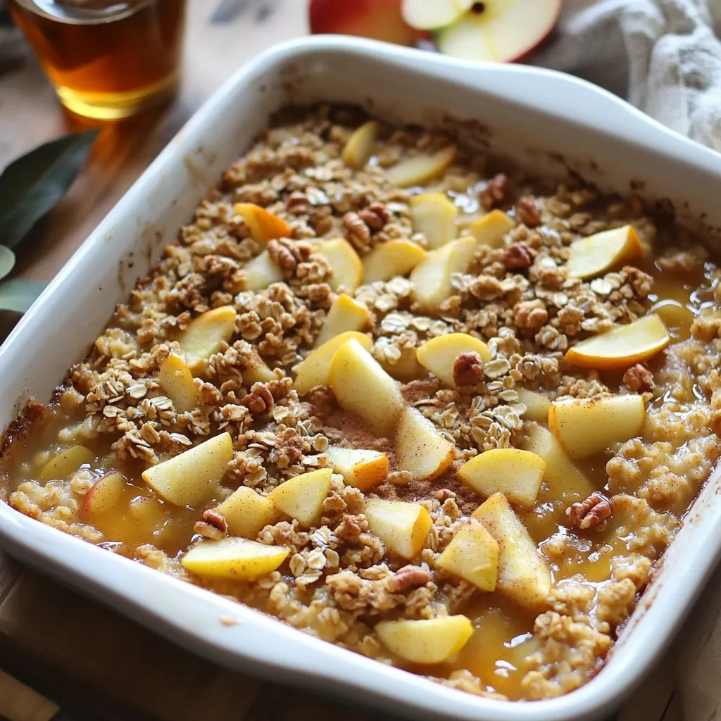 - 2 cups rolled oats - 2 ripe apples, peeled, cored, and diced - 1/2 cup brown sugar, packed - 1/2 cup unsweetened applesauce - 2 cups milk (dairy or non-dairy) - 1/4 cup pure maple syrup The main ingredients create a warm and comforting dish. The oats give it a nice texture. Apples add sweetness and flavor. Brown sugar enhances the taste with a rich note. Applesauce keeps it moist while adding more apple flavor. Milk ties everything together and helps it bake. Maple syrup brings a lovely sweetness that pairs well with apples. - 1 teaspoon vanilla extract - 1 tablespoon baking powder - 1 teaspoon ground cinnamon - 1/2 teaspoon ground nutmeg - 1/4 teaspoon salt Spices make this dish special. Vanilla adds a sweet aroma that makes it inviting. Baking powder helps the bake rise and become fluffy. Cinnamon and nutmeg provide warmth and a classic fall taste. Salt balances the sweet flavors and enhances everything. - 1/2 cup chopped walnuts or pecans - 1/2 cup raisins or dried cranberries - Additional rolled oats or chopped nuts for topping You can personalize this dish with add-ins. Nuts give a crunchy texture and healthy fats. Dried fruits like raisins or cranberries add extra sweetness. Topping with more oats or nuts creates a delightful crunch. Feel free to mix and match to fit your taste! 1. Start by preheating your oven to 350°F (175°C). 2. Lightly grease a 9x9-inch baking dish with cooking spray or butter. This helps prevent sticking. 1. In a large bowl, combine the rolled oats, baking powder, ground cinnamon, ground nutmeg, and salt. 2. Mix them well. This ensures the baking powder and spices spread evenly. 1. In a medium bowl, whisk together the milk, unsweetened applesauce, pure maple syrup, and vanilla extract. 2. Make sure all the ingredients blend well. This creates a smooth mixture. 1. Gradually pour the wet mixture into the dry oat mixture. 2. Stir gently until just combined. A few lumps are fine; don't over-mix! 3. Fold in the diced apples, chopped walnuts or pecans, and raisins if you choose to use them. Ensure they mix evenly into the batter. 1. Pour the mixture into your prepared baking dish. Spread it out evenly with a spatula. 2. For a crunchy topping, sprinkle some extra rolled oats and chopped nuts over the top. 3. Place the dish in the oven and bake for 30-35 minutes. 4. Check doneness by inserting a toothpick; it should come out clean. The top should be golden brown. 5. After baking, let it cool for about 5-10 minutes before slicing into squares. You can serve the Apple Crisp Oatmeal Bake warm. A drizzle of maple syrup adds sweetness. If you prefer, top it with yogurt for creaminess. For a nice touch, add fresh apple slices or a sprinkle of cinnamon on top. To ensure even baking, spread the mixture evenly in the dish. This helps the texture stay consistent. Keep an eye on the baking time. The bake is done when the top is golden and the center is firm. A toothpick should come out clean. You can mix it up by using different fruits like pears or berries. For a nutty flavor, try almonds or hazelnuts. If you want it sweeter, add more brown sugar or maple syrup. You can also play with spices, like adding more cinnamon or a hint of ginger. {{image_4}} You can make this recipe gluten-free by using gluten-free oats. These oats are made from pure oats that are processed in a way to avoid cross-contamination with gluten. They taste great and keep the dish hearty. Just check the label to ensure they are certified gluten-free. This small swap makes the dish safe for those with gluten allergies. To make this oatmeal bake vegan, use dairy-free milk. Almond, oat, or soy milk work well. You can also replace the egg with flaxseed meal or chia seeds mixed with water. These substitutes bind the ingredients nicely. Choosing these options keeps the recipe plant-based and delicious. You can get creative with flavor in this bake! Add a bit of nutmeg for warmth. A spoonful of vanilla extract can enhance the taste, too. Consider mixing in some dried fruit like cranberries or apricots for extra sweetness. A pinch of cardamom or ginger can add a lovely twist. These small changes can make your oatmeal bake unique and fun! To store leftovers, let the oatmeal bake cool to room temperature. Then, cover it tightly with plastic wrap or aluminum foil. You can also use an airtight container. This way, it will stay fresh in the fridge for up to four days. If you want to freeze the oatmeal bake, cut it into squares first. Place the pieces in a single layer on a baking sheet. Freeze for 1-2 hours until firm. Afterward, transfer the squares to a freezer-safe bag. Remove as much air as possible. The bake can last for up to three months in the freezer. To reheat, simply thaw overnight in the fridge. Then, warm it in the oven at 350°F (175°C) for about 15 minutes. When stored properly, the Apple Crisp Oatmeal Bake stays fresh for about four days in the refrigerator. If you freeze it, you can enjoy it for up to three months. Always check for any off smells or changes in texture before eating. Yes, you can use various fruits. Try pears, peaches, or berries. Each fruit adds a unique flavor. Just make sure they are ripe and diced well. Absolutely! You can reduce the brown sugar or use a sugar substitute. Applesauce adds natural sweetness, so you can rely on it more. Adding cinnamon also enhances sweetness without extra sugar. Yes, you can prep this dish in advance. Mix the dry and wet ingredients the night before. Just cover and store them in the fridge. In the morning, combine and bake. A few mistakes can affect your bake. - Overmixing: Stir gently to keep the texture light. - Not greasing the dish: This can lead to sticking. - Skipping the cooling time: Letting it cool helps it set better. Reheat slices in the microwave for about 30 seconds. For an oven, warm it at 350°F (175°C) for 10 minutes. This keeps it moist and delicious. You can create a delicious Apple Crisp Oatmeal Bake with simple ingredients and steps. We covered what to include, from oats to apples, and how to mix and bake them. I shared tips for serving, perfecting your bake, and customizing flavors. You can also explore options for gluten-free and vegan diets. Remember, store leftovers well for later enjoyment. This recipe is tasty and flexible, perfect for any time. Enjoy every bite of your warm, sweet creation!