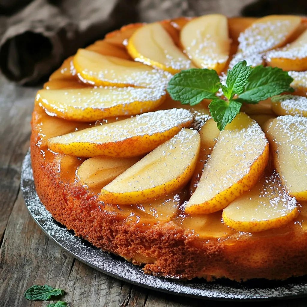 To make a delicious spiced pear upside-down cake, gather these key ingredients: - 3 ripe pears, peeled, cored, and thinly sliced - 1/2 cup unsalted butter, melted - 1/2 cup packed brown sugar - 1 teaspoon ground cinnamon - 1/2 teaspoon ground nutmeg - 1/2 teaspoon ground ginger - 1 cup all-purpose flour - 1 teaspoon baking powder - 1/2 teaspoon baking soda - 1/4 teaspoon salt - 1/2 cup granulated sugar - 1 large egg - 1 teaspoon vanilla extract - 1/2 cup milk These ingredients create a warm, spiced flavor that pairs perfectly with pears. You can make your cake even more special with these toppings: - Powdered sugar for dusting - Fresh mint leaves for color - Whipped cream for a rich texture - Vanilla ice cream for a cool contrast These extras enhance the cake's appeal and taste. To prepare this cake, you will need a few basic tools: - An 8-inch round cake pan - A mixing bowl for wet ingredients - A separate bowl for dry ingredients - A spatula for folding batter - A whisk for mixing Having these tools ready will make your baking experience smoother. Start by preheating your oven to 350°F (175°C). Grease an 8-inch round cake pan with butter. You want it to be well-coated. In a medium bowl, mix the melted butter and brown sugar. Stir until it looks smooth. Then, add the ground cinnamon, nutmeg, and ginger. This forms a sweet spiced syrup that will soak into the cake. Pour this syrup into the bottom of your pan. Next, take your ripe pears and slice them thinly. Arrange the slices over the syrup. Overlapping them looks nice and helps with flavor. In another large bowl, whisk together the all-purpose flour, baking powder, baking soda, and salt. Make sure these dry ingredients are well mixed. In a separate bowl, beat the granulated sugar and egg together. Keep mixing until it becomes light and fluffy. Then, add in the vanilla extract and milk. Mix until everything is combined. Now, gently fold the dry mixture into the wet mixture using a spatula. Be careful not to overmix; just stir until no dry bits remain. Pour the batter over the arranged pear slices in your pan. Use a spatula to spread it evenly. Place the cake in the preheated oven. Bake for 35-40 minutes. The cake should be golden brown when it’s done. A toothpick inserted in the center should come out clean. Once baked, take the cake out and let it cool for about 10 minutes. When it’s slightly cool, flip it onto a serving plate. This lets the pears sit beautifully on top. Let it cool a bit more before slicing and serving warm. To keep your Spiced Pear Upside-Down Cake moist and flavorful, focus on your ingredients. Use ripe pears for the best taste and juiciness. They help create a sweet, syrupy layer. Make sure to melt the butter fully, so it mixes well with the brown sugar. This blend adds richness to the cake. Also, don’t skip the spices. Cinnamon, nutmeg, and ginger bring warmth and depth. Remember, overmixing the batter can lead to a dry cake. Stir just until combined. Baking can be tricky, and small errors matter. First, always preheat your oven. A hot oven ensures even baking. Next, use the correct size pan. An 8-inch round pan works best for this recipe. If you use a larger pan, the cake may bake too quickly. Another mistake is not checking for doneness. Insert a toothpick into the center. If it comes out clean, your cake is ready. Lastly, let the cake cool in the pan for a bit. This helps it set and makes flipping easier. A beautiful presentation makes your dessert shine. After flipping the cake, you can lightly dust it with powdered sugar. This adds a touch of elegance. Fresh mint leaves give a pop of color and a nice aroma. For a creamy contrast, serve your cake with whipped cream or vanilla ice cream. A scoop on the side makes each bite extra special. Arrange the slices on a colorful plate for a stunning display. These small touches make your cake memorable. {{image_4}} You can swap pears for other fruits in this cake. Apples work well; they have a nice crunch. You could also try ripe peaches for a juicy twist. Pineapple gives a tropical flavor, while berries add a pop of color and tartness. Just remember to adjust the spices based on the fruit you choose. You can enhance the flavor with more spices. Try adding cardamom for a warm, sweet note. Cloves can add depth, while allspice brings a hint of warmth. For a unique twist, use almond or orange extract instead of vanilla. These flavors can brighten up the cake and make it special. To make this cake gluten-free, swap all-purpose flour for a gluten-free blend. Many mixes work well in baking. For a dairy-free option, use coconut milk or almond milk instead of regular milk. You can also replace butter with coconut oil or a dairy-free spread. These changes keep the cake tasty while meeting dietary needs. To keep your spiced pear upside-down cake fresh, store it in an airtight container. You can place it in the fridge for up to five days. If you want to keep it longer, consider freezing it. Always let the cake cool completely before storing. When you're ready to enjoy the cake again, preheat your oven to 350°F (175°C). Place a slice on a baking sheet and heat for about 10-15 minutes. This warms the cake and revives the flavors. Alternatively, you can microwave a slice for about 30 seconds. Just be careful not to overheat it, or it may dry out. To freeze the cake, wrap it tightly in plastic wrap. Then, place it in a freezer bag. It can last up to three months in the freezer. When you're ready to eat it, move the cake to the fridge overnight to thaw. Enjoy the deliciousness of your spiced pear upside-down cake anytime! You can make this cake ahead of time with ease. Bake the cake and let it cool completely. Then, wrap it tightly in plastic wrap. Store it in the fridge for up to three days. When you're ready to serve, warm it in the oven for 10 minutes at 350°F (175°C). This brings back the fresh taste and aroma. Yes, you can use canned pears! Just make sure to drain them well. Canned pears may be softer than fresh ones, so slice them carefully. You might want to reduce the baking time slightly to avoid overcooking. This option is great if fresh pears are out of season. Serving this cake can be fun! Pair it with a dollop of whipped cream or a scoop of vanilla ice cream. You can also add a sprinkle of powdered sugar for a pretty touch. Fresh mint leaves make a nice garnish, too. Enjoy the warm, spiced flavors with these tasty additions! This blog post covered how to create a delicious spiced pear upside-down cake. We discussed the key ingredients, tools, and step-by-step baking instructions. I shared tips to keep your cake moist and ideas for serving it beautifully. Don’t forget the optional variations to suit your taste or dietary needs. Finally, knowing how to store your cake ensures you enjoy it longer. Embrace your creativity and enjoy baking this delightful treat!