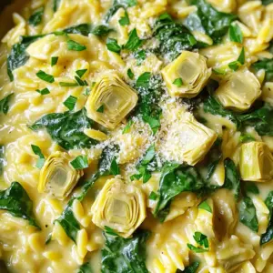 - 1 cup orzo pasta - 1 can (14 oz) artichoke hearts, drained and quartered - 2 cups fresh spinach, roughly chopped - 1 cup vegetable broth - 1 cup heavy cream - 1 cup finely grated Parmesan cheese - 2 cloves garlic, minced - 1 small onion, diced - 2 tablespoons extra virgin olive oil - 1 teaspoon dried oregano - Salt and freshly ground black pepper to taste - Fresh parsley, finely chopped for garnish This dish serves four and is rich in flavor and nutrients. Each serving contains: - Calories: 450 - Protein: 12g - Carbohydrates: 45g - Fat: 25g - Fiber: 2g - Sodium: 600mg The orzo adds carbohydrates for energy, while spinach and artichokes provide vitamins and minerals. The heavy cream and cheese offer protein and healthy fats, making this a balanced meal. - Spinach: Look for bright, crisp leaves. Avoid yellow or wilted ones. - Artichokes: Choose canned artichokes packed in water or brine. They should be firm. - Onion: Select firm onions with dry, papery skin. Avoid any with soft spots. - Garlic: Pick firm, plump bulbs with tight skin. Fresh garlic smells strong. - Parmesan: Buy a block and grate it fresh for better flavor. Pre-grated cheese often lacks taste. - Olive Oil: Opt for extra virgin olive oil for the best quality and flavor. Gather all your ingredients first. It makes cooking smooth and easy. You need orzo pasta, artichoke hearts, fresh spinach, vegetable broth, heavy cream, Parmesan cheese, garlic, onion, olive oil, oregano, salt, and pepper. Have fresh parsley ready for garnish too. 1. Sauté Aromatics: Heat olive oil in a large pot over medium heat. Add diced onion and minced garlic. Cook for 3-4 minutes until the onion is soft and smells good. 2. Toast Orzo: Add orzo pasta to the pot. Stir it often for 1-2 minutes. You want it to turn a light golden color. 3. Add Liquids: Pour in vegetable broth and heavy cream. Stir well and let the mix simmer. Cover the pot and cook for 10-12 minutes, stirring now and then. The pasta should be creamy and cooked just right. 4. Incorporate Veggies: Once the orzo absorbs most of the liquid, add quartered artichoke hearts and chopped spinach. Cook for 2-3 minutes. The spinach will wilt, and the artichokes will get warm. 5. Creamy Finish: Turn the heat down low. Mix in grated Parmesan cheese and dried oregano. Stir everything until it’s creamy. Season with salt and black pepper to taste. 6. Thickening Time: Take the pot off the heat. Let it sit for a couple of minutes. This helps the sauce thicken more. 7. Serve and Garnish: Serve the dish hot. Garnish each bowl with fresh parsley for a nice touch. To keep your orzo creamy, use heavy cream as it adds richness. Stir often while cooking. This helps the orzo release starch, making the dish thick. If it looks too dry, add more vegetable broth or cream. Let it sit for a few minutes after cooking; this helps thicken the sauce. When making creamy one-pot spinach artichoke orzo, avoid these common mistakes: - Not Toasting the Orzo: Skipping this step can lead to a bland taste. Toasting gives the orzo a nutty flavor. - Rushing the Cooking: Give the orzo enough time to absorb the liquids. If you cook it too fast, it may turn mushy. - Forgetting to Season: Always taste and adjust the salt and pepper. This step adds depth to the dish. You can easily modify this recipe to suit different diets: - For Gluten-Free: Use gluten-free orzo or another gluten-free pasta like rice or quinoa. - For Vegan: Swap heavy cream with coconut cream and use nutritional yeast instead of Parmesan cheese. - For Lower Calories: Substitute heavy cream with low-fat milk or a plant-based alternative. To make cooking easier, I suggest using these tools: - Large Pot: A wide pot helps with even cooking and stirring. - Wooden Spoon: This tool is perfect for mixing without scratching your pot. - Measuring Cups and Spoons: Accurate measurements ensure the best flavor balance. - Chef's Knife: A sharp knife makes chopping veggies quicker and safer. These tools will help you create a perfect creamy one-pot spinach artichoke orzo every time! {{image_4}} You can change the dish with fun add-ins. For more protein, add cooked chicken or shrimp. If you want a crunch, try adding toasted pine nuts or walnuts. Swap the orzo for quinoa or rice for a different texture. You can also use frozen spinach if fresh is not available. To make this dish vegan, replace heavy cream with coconut milk or cashew cream. Use nutritional yeast instead of Parmesan for a cheesy flavor. Make sure the artichokes and broth are vegan-friendly. This way, you can enjoy a creamy dish without dairy. To boost flavor, add a squeeze of lemon juice before serving. This brightens the dish and adds freshness. You can also mix in red pepper flakes for heat. Fresh herbs like basil or thyme can enhance the taste as well. Don't be afraid to experiment and find your favorite twist! To keep your creamy one-pot spinach artichoke orzo fresh, let it cool first. Transfer the orzo to an airtight container. It will stay good in the fridge for up to three days. Make sure you store it without any toppings like parsley. This keeps it looking and tasting great when you reheat it. When it's time to enjoy leftovers, reheat the orzo on the stove. Place it in a pot over low heat. Add a splash of vegetable broth or cream to help it stay creamy. Stir often until it's warm throughout. You can also use a microwave. Heat in short bursts, stirring in between. This way, it heats evenly and does not dry out. Freezing is a great option if you want to save some orzo for later. Let the dish cool completely before freezing. Portion it into airtight containers or freezer bags. It can stay frozen for up to three months. When you're ready to eat, thaw it overnight in the fridge. Reheat it on the stove or in the microwave, adding a bit of cream or broth as needed for creaminess. Yes, you can use other pasta types. Small shapes like shells or fusilli work well. Just adjust cooking times based on the pasta you choose. Always check the package for guidance on cooking time. You can use half-and-half or whole milk for a lighter option. For dairy-free, try coconut cream or a plant-based cream. These substitutes will still give your dish a creamy texture. This dish lasts about 3 to 4 days in the fridge. Store it in an airtight container to keep it fresh. Reheat it gently on the stove or microwave for the best taste. This article covered the key ingredients and steps for a great dish. We discussed how to pick fresh ingredients and shared useful cooking tips for creamy results. We also looked at variations, storage, and common questions. Remember, small changes can make a big difference in taste and texture. Keep these tips in mind to enhance your cooking experience. Enjoy creating your version of this dish!