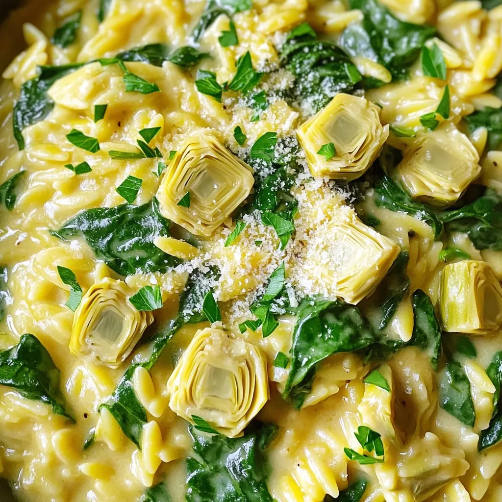 - 1 cup orzo pasta - 1 can (14 oz) artichoke hearts, drained and quartered - 2 cups fresh spinach, roughly chopped - 1 cup vegetable broth - 1 cup heavy cream - 1 cup finely grated Parmesan cheese - 2 cloves garlic, minced - 1 small onion, diced - 2 tablespoons extra virgin olive oil - 1 teaspoon dried oregano - Salt and freshly ground black pepper to taste - Fresh parsley, finely chopped for garnish This dish serves four and is rich in flavor and nutrients. Each serving contains: - Calories: 450 - Protein: 12g - Carbohydrates: 45g - Fat: 25g - Fiber: 2g - Sodium: 600mg The orzo adds carbohydrates for energy, while spinach and artichokes provide vitamins and minerals. The heavy cream and cheese offer protein and healthy fats, making this a balanced meal. - Spinach: Look for bright, crisp leaves. Avoid yellow or wilted ones. - Artichokes: Choose canned artichokes packed in water or brine. They should be firm. - Onion: Select firm onions with dry, papery skin. Avoid any with soft spots. - Garlic: Pick firm, plump bulbs with tight skin. Fresh garlic smells strong. - Parmesan: Buy a block and grate it fresh for better flavor. Pre-grated cheese often lacks taste. - Olive Oil: Opt for extra virgin olive oil for the best quality and flavor. Gather all your ingredients first. It makes cooking smooth and easy. You need orzo pasta, artichoke hearts, fresh spinach, vegetable broth, heavy cream, Parmesan cheese, garlic, onion, olive oil, oregano, salt, and pepper. Have fresh parsley ready for garnish too. 1. Sauté Aromatics: Heat olive oil in a large pot over medium heat. Add diced onion and minced garlic. Cook for 3-4 minutes until the onion is soft and smells good. 2. Toast Orzo: Add orzo pasta to the pot. Stir it often for 1-2 minutes. You want it to turn a light golden color. 3. Add Liquids: Pour in vegetable broth and heavy cream. Stir well and let the mix simmer. Cover the pot and cook for 10-12 minutes, stirring now and then. The pasta should be creamy and cooked just right. 4. Incorporate Veggies: Once the orzo absorbs most of the liquid, add quartered artichoke hearts and chopped spinach. Cook for 2-3 minutes. The spinach will wilt, and the artichokes will get warm. 5. Creamy Finish: Turn the heat down low. Mix in grated Parmesan cheese and dried oregano. Stir everything until it’s creamy. Season with salt and black pepper to taste. 6. Thickening Time: Take the pot off the heat. Let it sit for a couple of minutes. This helps the sauce thicken more. 7. Serve and Garnish: Serve the dish hot. Garnish each bowl with fresh parsley for a nice touch. To keep your orzo creamy, use heavy cream as it adds richness. Stir often while cooking. This helps the orzo release starch, making the dish thick. If it looks too dry, add more vegetable broth or cream. Let it sit for a few minutes after cooking; this helps thicken the sauce. When making creamy one-pot spinach artichoke orzo, avoid these common mistakes: - Not Toasting the Orzo: Skipping this step can lead to a bland taste. Toasting gives the orzo a nutty flavor. - Rushing the Cooking: Give the orzo enough time to absorb the liquids. If you cook it too fast, it may turn mushy. - Forgetting to Season: Always taste and adjust the salt and pepper. This step adds depth to the dish. You can easily modify this recipe to suit different diets: - For Gluten-Free: Use gluten-free orzo or another gluten-free pasta like rice or quinoa. - For Vegan: Swap heavy cream with coconut cream and use nutritional yeast instead of Parmesan cheese. - For Lower Calories: Substitute heavy cream with low-fat milk or a plant-based alternative. To make cooking easier, I suggest using these tools: - Large Pot: A wide pot helps with even cooking and stirring. - Wooden Spoon: This tool is perfect for mixing without scratching your pot. - Measuring Cups and Spoons: Accurate measurements ensure the best flavor balance. - Chef's Knife: A sharp knife makes chopping veggies quicker and safer. These tools will help you create a perfect creamy one-pot spinach artichoke orzo every time! {{image_4}} You can change the dish with fun add-ins. For more protein, add cooked chicken or shrimp. If you want a crunch, try adding toasted pine nuts or walnuts. Swap the orzo for quinoa or rice for a different texture. You can also use frozen spinach if fresh is not available. To make this dish vegan, replace heavy cream with coconut milk or cashew cream. Use nutritional yeast instead of Parmesan for a cheesy flavor. Make sure the artichokes and broth are vegan-friendly. This way, you can enjoy a creamy dish without dairy. To boost flavor, add a squeeze of lemon juice before serving. This brightens the dish and adds freshness. You can also mix in red pepper flakes for heat. Fresh herbs like basil or thyme can enhance the taste as well. Don't be afraid to experiment and find your favorite twist! To keep your creamy one-pot spinach artichoke orzo fresh, let it cool first. Transfer the orzo to an airtight container. It will stay good in the fridge for up to three days. Make sure you store it without any toppings like parsley. This keeps it looking and tasting great when you reheat it. When it's time to enjoy leftovers, reheat the orzo on the stove. Place it in a pot over low heat. Add a splash of vegetable broth or cream to help it stay creamy. Stir often until it's warm throughout. You can also use a microwave. Heat in short bursts, stirring in between. This way, it heats evenly and does not dry out. Freezing is a great option if you want to save some orzo for later. Let the dish cool completely before freezing. Portion it into airtight containers or freezer bags. It can stay frozen for up to three months. When you're ready to eat, thaw it overnight in the fridge. Reheat it on the stove or in the microwave, adding a bit of cream or broth as needed for creaminess. Yes, you can use other pasta types. Small shapes like shells or fusilli work well. Just adjust cooking times based on the pasta you choose. Always check the package for guidance on cooking time. You can use half-and-half or whole milk for a lighter option. For dairy-free, try coconut cream or a plant-based cream. These substitutes will still give your dish a creamy texture. This dish lasts about 3 to 4 days in the fridge. Store it in an airtight container to keep it fresh. Reheat it gently on the stove or microwave for the best taste. This article covered the key ingredients and steps for a great dish. We discussed how to pick fresh ingredients and shared useful cooking tips for creamy results. We also looked at variations, storage, and common questions. Remember, small changes can make a big difference in taste and texture. Keep these tips in mind to enhance your cooking experience. Enjoy creating your version of this dish!