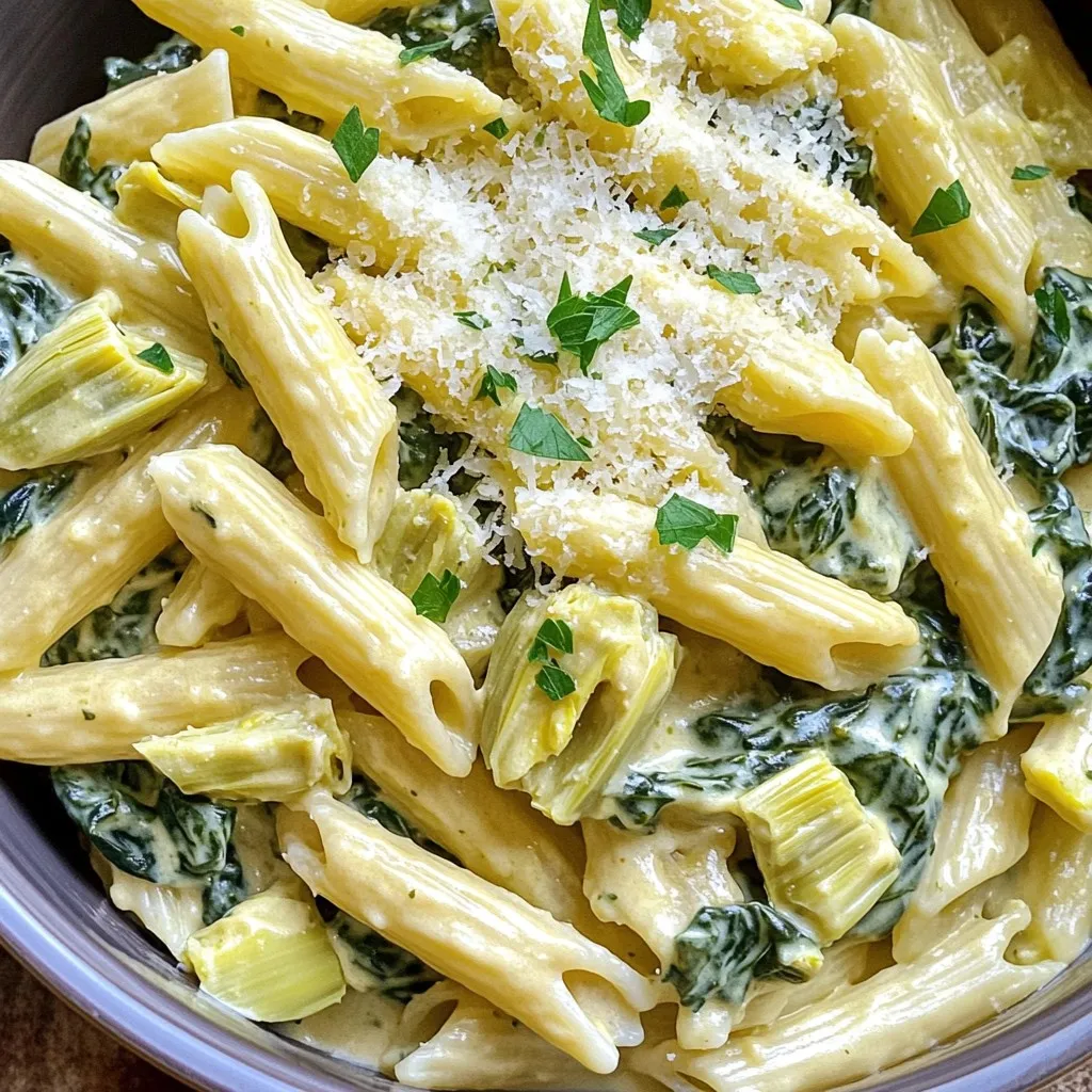 To make your Spinach Artichoke Dip Pasta, gather these key items: - 8 oz pasta (your choice, ideally penne or fusilli) - 1 cup fresh spinach, roughly chopped - 1 cup canned artichoke hearts, drained and chopped into small pieces - 1 cup cream cheese, softened to room temperature - 1 cup shredded mozzarella cheese - 1/2 cup finely grated Parmesan cheese - 1/2 cup sour cream - 2 cloves garlic, minced - 1 tablespoon olive oil - Salt and freshly cracked black pepper, to taste - Pinch of red pepper flakes (optional, for a spicy kick) - Fresh parsley, chopped, for garnish When choosing pasta, I suggest using penne or fusilli. These shapes hold the creamy sauce well. You can also try rotini for a fun twist. Just ensure the pasta is sturdy to support the sauce. To elevate your dish, consider adding these extras: - Sun-dried tomatoes for a tangy touch - Cooked chicken or shrimp for added protein - A squeeze of lemon juice for brightness - Italian herbs like basil or oregano for a flavor boost Feel free to mix and match these ingredients to suit your taste! First, fill a large pot with water and add salt. Bring the water to a boil. Once it boils, add 8 oz of your favorite pasta, like penne or fusilli. Cook it according to the package directions until it is al dente. This usually takes about 8-10 minutes. Once done, drain the pasta, but save a little pasta water for later. In the same pot, drizzle 1 tablespoon of olive oil and heat it over medium heat. Add 2 cloves of minced garlic. Stir it for about 1 minute. You want it to smell good but not brown. This step adds a lot of flavor. Now, add 1 cup of roughly chopped fresh spinach and 1 cup of drained, chopped artichoke hearts to the pot. Stir this mixture for about 2-3 minutes. You want the spinach to wilt down. This step gives your dish a fresh taste and nice texture. Lower the heat to low. Add 1 cup of softened cream cheese and 1/2 cup of sour cream to the pot. Stir it well until the cream cheese melts. You want a smooth and creamy sauce. This is the heart of your dish. Gradually add 1 cup of shredded mozzarella and 1/2 cup of grated Parmesan cheese. Stir gently until all the cheese is melted and mixed in. Season with salt, freshly cracked black pepper, and a pinch of red pepper flakes if you like it spicy. This adds depth to the flavor. Now it’s time to bring it all together! Add the drained pasta to the creamy sauce. Toss it well so every piece gets coated. If the sauce seems too thick, add a splash of the reserved pasta water. Cook it for another 1-2 minutes until everything is hot. This step makes sure the pasta absorbs all the delicious flavors. Transfer the pasta to serving plates. Sprinkle with freshly chopped parsley and extra Parmesan cheese if you like. Enjoy your creamy and tasty Spinach Artichoke Dip Pasta! Cooking pasta seems simple, but it needs care. Start with a big pot of water. Add a good amount of salt to the water. This helps flavor the pasta. Bring the water to a rolling boil before adding pasta. Cook the pasta according to the package time. When the pasta is al dente, drain it right away. Save a little pasta water to help your sauce later. To get a rich and creamy sauce, use room temperature cream cheese. This helps it melt easily. Stir the sauce often to keep it smooth. If the sauce gets too thick, add a splash of the reserved pasta water. This helps loosen it up. Don’t forget to mix in your cheeses slowly. This ensures they melt and blend well. Garnishing makes your dish look great. Use freshly chopped parsley for color. A sprinkle of extra Parmesan cheese adds a nice touch. For a bit of spice, add red pepper flakes on top. Serve the pasta in a shallow bowl for a nice look. Pair it with crusty bread or garlic bread for dipping. This makes the meal more enjoyable. {{image_4}} You can keep this dish vegetarian easily. Use more veggies instead of meat. Try adding mushrooms, bell peppers, or zucchini. These add flavor and color. You can also add more fresh herbs, like basil or thyme, for a fresh twist. Each adds a unique taste to the creamy sauce. If you want to add protein, there are great choices. Cooked chicken or shrimp works well. Simply stir them in with the pasta. You can also use chickpeas for a plant-based option. They add protein and fiber, making the dish more filling. Serving ideas can change your meal! Try serving it in baked dishes. Just layer the pasta and cheese, then bake until golden. You can also serve it in a bread bowl. This adds a fun touch and makes it a great party food. For a lighter option, serve it on a bed of greens for a fresh salad twist. To store leftovers, let the pasta cool down first. Then, place it in an airtight container. This keeps the pasta fresh for about 3 to 4 days in the fridge. Make sure to seal it well to prevent drying out. If you want to keep it longer, consider freezing it. When you're ready to enjoy the leftovers, there are a few ways to reheat them. You can use the microwave for quick heating. Just place the pasta in a bowl, cover it lightly, and heat for 1 to 2 minutes. Stir halfway through to heat evenly. If you prefer, you can reheat it on the stovetop. Add a splash of water or milk to the pan and heat over low heat. Stir until warm. To freeze the pasta, store it in a freezer-safe container. Make sure to use it within 2 to 3 months for the best taste. When you're ready to eat it, thaw it in the fridge overnight. Then, reheat it on the stove or in the microwave. This way, you can enjoy your creamy Spinach Artichoke Dip Pasta anytime! Yes, you can use frozen spinach. Just thaw and drain it well. Frozen spinach is already cooked, so it will save time. Make sure to squeeze out extra water to keep your dish creamy. You can use Greek yogurt or ricotta cheese instead of cream cheese. Both give a creamy texture. If you want a lighter option, try cottage cheese. Just blend it for a smoother mix. To add more heat, mix in red pepper flakes. You can also add diced jalapeños or a dash of hot sauce. Start with small amounts and taste as you go. Yes, this dish is great for meal prep. Cook it ahead and store it in the fridge. Just reheat it gently on the stove. You may need to add a little water to keep it creamy. Crusty bread or garlic bread makes a perfect side. A fresh green salad is also a great match. You can even try roasted vegetables for extra flavor. To recap, this blog covered all you need for a delicious Spinach Artichoke Dip Pasta. We tackled the right ingredients, tips for cooking, and creative variations. Remember, cooking pasta well and making a creamy sauce are key. Experiment with protein and spice for personal taste. Store leftovers wisely to enjoy later. Dive into this dish—it’s tasty and satisfying. Enjoy the process and your meal!