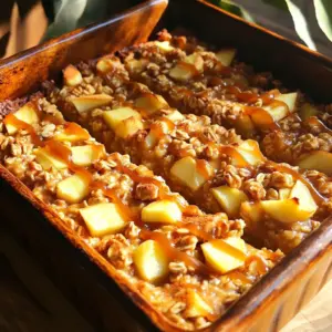 To make this warm and cozy caramel apple oatmeal bake, you will need: - 2 cups old-fashioned oats - 2 cups unsweetened almond milk (or regular milk) - 2 medium apples, peeled and diced - 1/2 cup brown sugar - 1/4 cup maple syrup - 1 teaspoon vanilla extract - 1 teaspoon ground cinnamon - 1/2 teaspoon ground nutmeg - 1/4 teaspoon salt - 1/2 cup chopped walnuts (optional) - 1/2 cup caramel sauce (for drizzling) - 1/4 cup raisins (optional) You can easily change some ingredients for your taste or needs: - Oats: Use quick oats if you prefer a softer texture. - Milk: Any milk works, like oat or soy milk. - Apples: Swap Granny Smith with Honeycrisp or Fuji for sweetness. - Sweeteners: Replace brown sugar with coconut sugar for a healthier option. - Nuts: Use pecans or almonds instead of walnuts. - Raisins: Try dried cranberries or leave them out for less sweetness. When it comes to baking, the right apple makes a big difference. Here are my top picks: - Granny Smith: Tart and crisp, perfect balance with sweet flavors. - Honeycrisp: Juicy and sweet, adds natural sweetness to your bake. - Fuji: Firm and sweet, holds up well during baking. - Braeburn: Offers a nice mix of sweet and tart, great for depth of flavor. Using the right apples helps your oatmeal bake shine and taste delicious! Start by preheating your oven to 350°F (175°C). This step is vital for even baking. Next, grab a 9x9-inch baking dish. Grease it with butter or cooking spray. This will help prevent the oatmeal bake from sticking. Make sure to coat the bottom and sides well. A non-stick surface ensures easy serving later. In a large mixing bowl, combine 2 cups of old-fashioned oats with 2 cups of unsweetened almond milk. Stir this mixture gently. Let the oats absorb some of the milk. This will create a creamy base. Next, add in 2 peeled and diced apples. Granny Smith apples are my favorite for their tartness. Now, mix in 1/2 cup of brown sugar, 1/4 cup of maple syrup, and 1 teaspoon of vanilla extract. Don't forget the spices! Add 1 teaspoon of ground cinnamon, 1/2 teaspoon of ground nutmeg, and 1/4 teaspoon of salt. Stir everything together until well mixed. If you like, gently fold in 1/2 cup of chopped walnuts and 1/4 cup of raisins for extra texture and flavor. Transfer this oat mixture into your prepared baking dish. Spread it out evenly for uniform cooking. Place the dish in your preheated oven. Bake for 30 to 35 minutes. The top should be set and light golden brown when done. To check for doneness, insert a toothpick. It should come out clean. Once baked, remove the dish from the oven and let it cool for about 5 minutes. Drizzle caramel sauce over the warm oatmeal bake before slicing. This adds a sweet touch that ties everything together. To get the best texture in your caramel apple oatmeal bake, use old-fashioned oats. They soak up the liquid well and create a nice chewy base. If you want it softer, use a bit more almond milk. Let the oats sit in the milk for about 10 minutes. This helps them absorb moisture before baking. You can also add chopped walnuts for a crunchy bite. Just fold them in gently before baking. Garnishing makes your dish look great and adds extra flavor. Drizzle more caramel sauce on top right before serving. A sprinkle of cinnamon elevates the taste too. Fresh apple slices can add color and freshness. For a creamy touch, add a dollop of whipped cream. These simple steps make your oatmeal bake even more appealing. Store any leftovers in an airtight container. This keeps your oatmeal bake fresh for up to three days. You can reheat it in the microwave or oven. Just add a splash of almond milk to keep it moist. If you want to enjoy it cold, it tastes great straight from the fridge too! {{image_4}} For a gluten-free version, use certified gluten-free oats. This swap makes the oatmeal bake safe for those with gluten sensitivities. Pair it with almond milk for a creamy texture. To make this dish vegan, stick with almond milk. Replace the brown sugar with coconut sugar. You can also use maple syrup as a sweetener. This keeps your bake plant-based and delicious. You can customize your Caramel Apple Oatmeal Bake with fun toppings. Try adding a sprinkle of shredded coconut for a tropical twist. You might enjoy fresh berries for a pop of color and flavor. Whipped coconut cream adds a nice touch, too. If you love nuts, toss in some pecans or almonds for crunch. These toppings enhance both taste and texture, making every bite special. Caramel apple oatmeal bake works for breakfast or dessert. For breakfast, cut it into squares and serve warm. Drizzle some caramel sauce on top. Add a sprinkle of cinnamon for extra flavor. For dessert, serve it in bowls. Top with whipped cream and apple slices. This makes it look special and inviting. Pair your oatmeal bake with drinks that enhance its taste. For breakfast, try a hot cup of coffee or tea. The warmth of the drink complements the bake. For dessert, serve with cold milk or warm apple cider. Both drinks balance the sweet and creamy flavors. This dish shines at special gatherings. For brunch, bake it in a large dish and serve it family-style. Guests can help themselves, creating a cozy vibe. At holiday dinners, add festive touches, like cinnamon sticks or decorative apple slices. Everyone will love the warm, inviting smell and taste of this treat. Yes, you can use different types of milk. While I recommend unsweetened almond milk, regular milk works great too. You can also try oat milk or soy milk for a dairy-free option. Each type of milk will give a slightly different flavor, so choose what you love best! To check if the oatmeal bake is done, look for a light golden brown top. Insert a toothpick into the center. If it comes out clean, the bake is ready. If there is wet batter on the toothpick, give it a few more minutes in the oven. Yes, you can prepare this recipe ahead of time. Mix the ingredients and store them in the fridge overnight. When you’re ready, pour the mixture into the baking dish and bake it. This method saves time and makes breakfast or dessert easier to manage! This blog post covered how to create a delicious oatmeal bake. We discussed the best ingredients and how to mix and bake for optimal results. I also shared tips for storage and garnishing, plus fun variations like gluten-free and vegan options. Remember, baking can be adjusted to fit your needs. Feel free to experiment with different flavors and toppings. Enjoy this treat for breakfast or dessert—it's sure to please everyone. Happy baking!