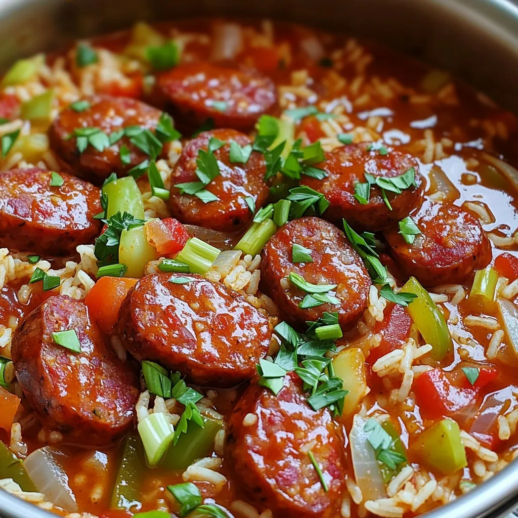 - 1 pound Cajun or andouille sausage, sliced into rounds - 1 tablespoon olive oil - 1 medium onion, finely diced - 3 cloves garlic, minced - 1 bell pepper (red or green), diced - 2 celery stalks, diced - 1 cup long-grain rice - 4 cups chicken broth (preferably low-sodium) - 1 (14.5 oz) can diced tomatoes with green chilies, undrained - 2 teaspoons Cajun seasoning - 1 teaspoon dried thyme - 1 teaspoon smoked paprika - Salt and freshly ground black pepper to taste - 2 green onions, thinly sliced (for garnish) - Fresh parsley, chopped (for garnish) - For Cajun sausage, I suggest brands like Aidells or Johnsonville for great flavor. - Use a high-quality chicken broth like Swanson or Pacific Foods for rich taste. - For spices, try McCormick or Penzeys for authentic Cajun seasoning and freshness. These ingredients combine to create a warm and hearty dish. The sausage gives a spicy kick, while the rice absorbs all those delicious flavors. You will enjoy the balance of spices and the freshness of the veggies. Each bite will transport you to a cozy kitchen, making this dish perfect for any night. - Slicing the sausage: Start by taking 1 pound of Cajun sausage. Slice it into rounds. Aim for even pieces for better cooking. - Chopping the vegetables: Dice 1 medium onion and a bell pepper. You can use red or green. Chop 2 celery stalks into small pieces. Mince 3 cloves of garlic. - Measuring rice and broth: Measure out 1 cup of long-grain rice. Pour 4 cups of chicken broth into a measuring cup. This will help keep your cooking smooth. - Heating olive oil: In a large pot, add 1 tablespoon of olive oil. Heat it over medium heat until it shimmers. This means it’s hot enough. - Browning the sausage: Add the sliced sausage to the pot. Cook it until browned on both sides for about 5-7 minutes. Once done, remove it and set it aside. - Sautéing vegetables and toasting rice: In the same pot, add the diced onion, bell pepper, and celery. Cook for 4-5 minutes, stirring often. When they soften, add the minced garlic and stir for another minute. Next, toss in the rice. Stir for 2-3 minutes to toast it lightly. - Combining ingredients and simmering: Pour in the chicken broth and add the can of diced tomatoes. Sprinkle in the Cajun seasoning, dried thyme, and smoked paprika. Add salt and pepper to taste. Stir everything well. Bring the mixture to a boil. Once it’s bubbling, add the sausage back to the pot. - Resting time after cooking: Lower the heat and cover the pot. Let it cook for about 20 minutes. This allows the rice to absorb the liquid and flavors. - Fluffing the rice: After cooking, take the pot off the heat. Let it sit for 5 minutes with the lid on. This resting time helps the flavors meld. Using a fork, fluff the rice gently to separate the grains. - Garnishing before serving: To finish, add sliced green onions and chopped parsley on top. This adds a nice color and fresh taste. Serve hot and enjoy! - Adding hot sauce for extra heat: If you like spice, add your favorite hot sauce. It boosts the dish's flavor. Mix in a few dashes right before serving. - Using fresh herbs for garnish: Fresh herbs like parsley or green onions make your dish pop. They add color and a fresh taste. Sprinkle them on top just before serving. - Techniques for toasting rice: Toasting rice adds depth. Stir it in the pot with veggies for a few minutes. This step brings out a nutty flavor that enhances the dish. - How to prevent rice from sticking: To avoid sticking, stir the rice often while cooking. This keeps it loose and fluffy. Also, make sure to use enough liquid. - Adjusting liquid based on rice type: If you use brown rice, add more broth. Brown rice takes longer to cook and needs extra liquid. Use a 1:2 rice to liquid ratio for this. - Timing adjustments for a perfect cook: Watch the rice closely. Different types may need more or less time. Check it at the 15-minute mark to see if it’s done. - Best pots for one-pot dishes: A heavy-bottomed pot or Dutch oven is best. It heats evenly and prevents burning. Look for one with a tight lid. - Suggested kitchen tools for preparation: Use a sharp knife for chopping and a cutting board. A measuring cup is vital for rice and broth. A wooden spoon helps stir without scratching your pot. {{image_4}} You can switch up the proteins in this dish. Chicken, shrimp, or tofu work great. Each protein brings a unique taste. For veggies, try adding zucchini, corn, or green beans. Each choice changes the dish's texture and flavor. You can mix and match based on what you have at home. If you need gluten-free options, choose rice that is certified gluten-free. You can also use gluten-free sausage. For vegan or vegetarian options, swap sausage for plant-based meat or mushrooms. Using vegetable broth instead of chicken broth keeps it tasty and plant-based. Want more heat? Add extra Cajun seasoning or hot sauce. Try using different spices from your pantry, like Old Bay or chili powder. Each spice adds a new twist to the dish. Explore with herbs like oregano or basil for a fresh taste. This way, you can customize the dish to suit your taste. To store leftovers properly, let the dish cool first. Then, place it in an airtight container. This keeps it fresh for up to four days in the fridge. I recommend using glass containers. They are durable, easy to clean, and do not absorb odors. When reheating one-pot dishes, always check the temperature. The dish should reach 165°F for safety. I prefer reheating on the stovetop. It warms evenly and keeps the rice from drying out. If using a microwave, cover the dish to trap steam. Stir halfway through to heat evenly. Yes, you can freeze Cajun sausage and rice! To freeze, let the dish cool completely. Then, portion it into freezer-safe bags or containers. Remove as much air as possible. When you want to eat it, thaw in the fridge overnight. Reheat on the stovetop for the best texture. Can I use dry rice instead of cooked rice? No, you cannot use cooked rice in this recipe. You need dry, long-grain rice. This helps the rice absorb flavors and cook evenly. How to adjust cooking time for different rice types? For brown rice, add 10-15 minutes to the cooking time. For quick-cooking rice, reduce time by about 5 minutes. Always check the rice package for exact times. What can I serve with Cajun sausage and rice? Try a fresh salad or some crusty bread. A side of coleslaw works well too. You can also add hot sauce for an extra kick! Is it safe to leave the dish at room temperature? No, don’t leave it out longer than two hours. Bacteria can grow quickly at room temp. Always refrigerate leftovers. How long does this dish last in the fridge? It lasts about 3 to 4 days in the fridge. Store it in an airtight container for best results. Is Cajun sausage healthy? Cajun sausage can be high in fat and sodium. Pair it with veggies for a healthier meal. Consider using turkey sausage for a lighter option. Nutrition facts for this recipe: calories, protein, and carbs One serving has about 450 calories, 20 grams of protein, and 45 grams of carbs. These numbers may vary based on specific brands used. Always check labels for accuracy. This blog post covered how to make delicious Cajun sausage and rice. I shared the main ingredients, step-by-step instructions, and tips for the best flavor. You can alter the dish with different proteins or make it vegan. Proper storage and reheating tips ensure you enjoy leftovers safely. Remember, this dish is versatile and can fit many diets. With the right ingredients and techniques, you'll create a tasty meal easy enough for any cook. Happy cooking!