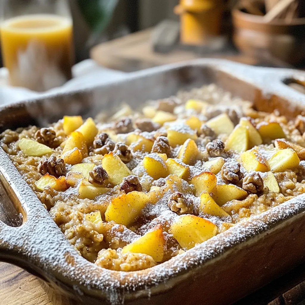 - 2 cups rolled oats - 1 ½ cups apple cider - 1 teaspoon baking powder - 1 teaspoon ground cinnamon - ½ teaspoon ground nutmeg - ¼ teaspoon salt - 2 tablespoons pure maple syrup - 1 large egg, lightly beaten - 1 cup diced apples (preferably Granny Smith or Honeycrisp for a tart flavor) - ½ cup chopped walnuts (optional for added crunch) - 2 tablespoons melted coconut oil (or unsalted butter for richness) - ¼ cup brown sugar (for a caramelized topping) This recipe brings together simple and wholesome ingredients. Rolled oats serve as the base, offering fiber and texture. Apple cider adds a sweet and tangy flavor that makes each bite special. Baking powder helps the mix rise and become fluffy. Spices like cinnamon and nutmeg bring warmth and depth to the dish. A pinch of salt balances the sweetness. Sweeteners like pure maple syrup and brown sugar give it that cozy, dessert-like taste we all love. Don’t forget the eggs! They bind everything together and add richness. Coconut oil or unsalted butter enhances the flavor and texture. If you want some extra goodness, fold in diced apples and walnuts for a delightful crunch. These ingredients come together to create a baked oatmeal that tastes just like your favorite apple cider donuts. - Preheat your oven to 350°F (175°C). Grease a 9x9-inch baking dish with cooking spray or butter. This helps with easy removal later. - In a large mixing bowl, mix together the rolled oats, baking powder, ground cinnamon, ground nutmeg, and salt. Stir until all dry ingredients are well combined. - In another bowl, whisk the apple cider, pure maple syrup, lightly beaten egg, and melted coconut oil. Make sure the mixture is smooth. - Gradually pour the wet mixture into the dry mix. Stir gently until everything is just combined. Do not overmix; this keeps the oats fluffy. - Carefully fold in the diced apples and chopped walnuts, if you choose to add them. This adds a nice crunch and flavor. - Transfer the mixture into the greased baking dish. Spread it out evenly, so it cooks well. - Sprinkle the brown sugar on top. This creates a sweet, caramelized layer when baked. - Bake for 25-30 minutes. The top should turn golden brown. Check with a toothpick; it should come out clean when done. To get the best texture, avoid overmixing. When you mix the wet and dry ingredients, do it gently. This keeps the oatmeal fluffy. For apples, I recommend using Granny Smith or Honeycrisp. They add a nice tartness that balances the sweetness. Serve the baked oatmeal warm for the best taste. You can drizzle extra apple cider over each square. Dusting with powdered sugar also adds a nice touch. For garnishing, try adding diced apples or a dollop of yogurt. This not only makes it pretty but adds creaminess. To boost flavor, consider adding spices like nutmeg or ginger. You can also mix in chocolate chips for a sweet twist. Pair this dish with yogurt or whipped cream. These add richness and make every bite more enjoyable. {{image_4}} You can easily change the oats in this recipe. Try steel-cut oats for a chewier texture. If you want a gluten-free option, use certified gluten-free oats. For sweeteners, swap maple syrup with honey or agave if you prefer. Each choice will give a unique flavor twist. If you like nuts, walnuts work great. But you can use pecans or almonds too. They will add a nice crunch. Feel free to skip the nuts altogether if you want. Fruits can change everything. Instead of apples, try pears for a softer taste. Berries mix in well, adding a burst of color and flavor. You can even add dried fruits like cranberries or raisins for extra sweetness. If you're vegan, skip the egg and use a flax egg instead. Mix one tablespoon of ground flaxseed with three tablespoons of water. Let it sit for a few minutes to thicken. This will help bind your oatmeal just like an egg. Want to switch things up? Turn this baked oatmeal into muffins or bars. Just pour the mixture into a muffin tin or a larger pan and cut it into bars after baking. This makes for easy snacks on the go. Another fun idea is to make a parfait. Layer baked oatmeal with yogurt and fresh fruit. This gives you a tasty and pretty dish. Each bite will be a mix of flavors and textures, making breakfast even more exciting! After you bake your Apple Cider Donut Baked Oatmeal, let it cool. Cut it into squares and store them in an airtight container. This helps keep it fresh. You can refrigerate it for up to five days. If you want to keep it longer, freezing is a great option. Wrap each square tightly in plastic wrap. Place the wrapped squares in a freezer-safe bag. This way, they can last up to three months. You can reheat your oatmeal in two ways: the oven or the microwave. For the oven, preheat it to 350°F (175°C). Place the squares in a baking dish and cover them with foil. Heat for about 10-15 minutes, until warm. This method helps maintain the texture. If you use a microwave, place a square on a microwave-safe plate. Heat it for about 30 seconds to 1 minute. Add a splash of apple cider to keep it moist. Enjoy your warm breakfast treat! Can I use quick oats instead of rolled oats? Yes, you can use quick oats. They will change the texture. Quick oats make the oatmeal softer and chewier. If you prefer a heartier bite, stick with rolled oats. How do I know when the oatmeal is done baking? The oatmeal is done when the top turns golden brown. Insert a toothpick in the center; it should come out clean. If it has wet batter on it, bake for a few more minutes. Can I make this recipe ahead of time? Yes, this recipe is great for meal prep! You can mix and bake it the night before. Store in the fridge and reheat in the morning for a quick breakfast. General nutritional content This baked oatmeal is rich in fiber and healthy carbs. Each serving has about 180 calories. It has a good mix of macronutrients from oats, apples, and nuts. Health benefits of key ingredients - Oats: They support heart health and help manage blood sugar. - Apples: They provide vitamins and antioxidants. - Walnuts: They are high in healthy fats and omega-3s. What to do if the mixture is too dry/wet? If the mixture is too dry, add a little more apple cider. If it’s too wet, add a few more oats. Adjust until you reach your desired consistency. Adjusting sweetness level to taste You can reduce the maple syrup or brown sugar if you want less sweet. To make it sweeter, add more maple syrup. Try to taste the mixture before baking to get it just right. This blog post covered all the critical steps to make a delicious baked oatmeal. We discussed key ingredients like oats, spices, and sweeteners. The step-by-step instructions guide you through mixing and baking. I offered tips to achieve the best texture and enhance flavors, along with various serving styles and storage tips. Remember, cooking is about experimenting. Don't be afraid to modify flavors and try new ingredients. I hope this inspires your next baking adventure!