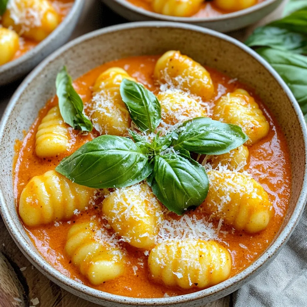 - 1 lb potato gnocchi (store-bought or homemade) - 2 large red bell peppers - 1 cup heavy cream - 1/2 cup freshly grated Parmesan cheese - 2 tablespoons olive oil - 2 cloves garlic, finely minced - 1 teaspoon smoked paprika - Salt and pepper, to taste - Fresh basil leaves, for garnish Gathering the right ingredients is key to making creamy roasted red pepper gnocchi. You can use store-bought gnocchi for speed or make your own for fun. The two large red bell peppers give the dish its vibrant color and sweet taste. Heavy cream makes the sauce rich and luscious. The freshly grated Parmesan cheese adds a savory touch. Olive oil and minced garlic bring depth of flavor. Smoked paprika adds a unique, smoky taste, while salt and pepper balance the dish. Fresh basil leaves are perfect for a bright, finishing touch. Every ingredient plays a role in making this dish a dreamy delight. - Preheat oven to 400°F (200°C). - Prepare the baking sheet with parchment paper. - Slice and seed the red bell peppers. - Roast in the oven for 25-30 minutes. I love watching the peppers roast. The skin gets blistered and charred, which adds great flavor. Once they cool, the skins peel away easily. This is a key step that boosts the taste of the sauce. - Blend roasted peppers with cream, smoked paprika, salt, and pepper. - Sauté garlic in olive oil. In a blender, mix the roasted peppers, heavy cream, smoked paprika, salt, and pepper. Blend until smooth. This creates a creamy and bright sauce. In a skillet, add olive oil and sauté minced garlic for about one minute. The smell will fill your kitchen and get you excited for the dish. - Cook gnocchi until they float, then drain. - Mix gnocchi with the cream sauce and Parmesan cheese. Cook the gnocchi in salted water. Once they float, they are ready! Drain them and add them to the sauce in the skillet. Toss gently to coat every piece. Then, sprinkle the grated Parmesan cheese on top. Stir until it melts. This mix makes the dish so rich and tasty. - Use fresh heavy cream for best results. - Blend until completely smooth. To get that perfect creamy texture in your sauce, fresh heavy cream is a must. It adds richness that makes each bite delightful. When blending, ensure no lumps remain. A smooth sauce coats the gnocchi better. This is key for a dreamy dish! - Experiment with adding herbs like thyme or oregano. - Consider a splash of lemon juice for brightness. Herbs can take your dish to the next level. Adding thyme or oregano brings depth. A splash of lemon juice adds a bright, fresh taste. This balance of flavors makes the dish pop! - Salt water before boiling for added flavor. - Watch for gnocchi to float as an indicator of doneness. Cooking gnocchi is simple but important. Salt your water first. This step gives flavor right from the start. When the gnocchi float, they are ready. This is your cue to drain them. Perfectly cooked gnocchi makes your meal shine! {{image_4}} You can try different cheeses in this dish. Goat cheese or feta can add a tangy flavor. They melt well and blend nicely. If you want a faster prep time, use roasted red peppers from a jar. This saves time and effort without losing flavor. Want to make your gnocchi even better? Add sautéed spinach or mushrooms for extra taste. They bring a nice texture and nutrition. You can also add protein like grilled chicken or shrimp. This makes your meal more filling and hearty. If you're looking for gluten-free options, there are many brands of gluten-free gnocchi. They taste great and work well in this dish. For those on a vegan diet, use plant-based cream and cheese. This way, everyone can enjoy this creamy roasted red pepper gnocchi! To keep your creamy roasted red pepper gnocchi fresh, store it in an airtight container in the fridge. This dish tastes best when you eat it within 2-3 days. The flavors stay rich and vibrant during this time. When you reheat your gnocchi, do it gently. Use the stove and add small amounts of cream. This helps keep the sauce smooth. If you use a microwave, be careful. Heat it in short bursts to avoid overcooking, which can ruin the texture. If you need to save some gnocchi for later, freeze it. Make sure to freeze the gnocchi separately from the sauce. This keeps both parts at their best. When you are ready to eat, thaw everything in the fridge overnight before reheating. This keeps the dish fresh and tasty. To make homemade gnocchi, you need just a few simple ingredients. You will need: - 2 lbs of potatoes - 1 ½ cups all-purpose flour - 1 egg - A pinch of salt Start by boiling the potatoes until soft. Then, peel and mash them in a bowl. Mix in the flour, egg, and salt. Knead the dough lightly. Roll it into long ropes and cut into small pieces. Use a fork to create ridges on each piece. This helps sauce stick to the gnocchi. Yes, you can use jarred roasted red peppers. They save time and are still tasty. Just drain and rinse them to remove excess liquid. Blend them with cream and spices as you would with fresh peppers. This shortcut makes the dish quicker while still full of flavor. Serve creamy roasted red pepper gnocchi in shallow bowls. This way, everyone can enjoy the sauce. Top with fresh basil and extra Parmesan cheese. This adds color and flavor. You can also serve it with a side salad or garlic bread for a complete meal. Yes, you can make this dish ahead. Prepare the sauce and gnocchi separately. Store them in airtight containers in the fridge. When ready to serve, reheat the sauce and cook the gnocchi just before mixing. This keeps the flavors fresh and delicious. This blog post shared a tasty recipe for creamy roasted red pepper gnocchi. You learned about the key ingredients, steps to prepare, and cooking tips. Each part builds a delicious dish you can enjoy. Remember, you can make variations and use different ingredients to fit your taste. Whether you choose to add protein or adjust for dietary needs, this recipe is flexible. Try it out, and enjoy cooking!