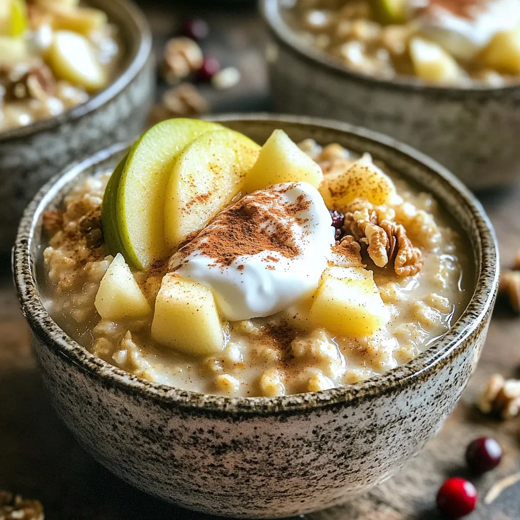 - 1 cup steel cut oats - 4 cups water or unsweetened almond milk - 2 medium apples, peeled and diced (Granny Smith or Honeycrisp are ideal) For this recipe, steel cut oats are the star. They provide a hearty texture that holds up well during cooking. I recommend using Granny Smith or Honeycrisp apples. These types give a nice balance of tartness and sweetness. You can choose between water or almond milk to cook the oats. Almond milk adds a creamy taste without dairy. - 1 teaspoon ground cinnamon - 1/2 teaspoon ground nutmeg - 1 teaspoon pure vanilla extract Ground cinnamon and nutmeg bring warmth to your oats. The cinnamon adds a lovely spice. Nutmeg gives a hint of sweetness. Pure vanilla extract rounds out the flavors and makes it taste like a treat. - 1/4 cup maple syrup or honey (adjust based on your preferred sweetness) - A pinch of salt - Optional toppings: chopped nuts (such as walnuts or pecans), dried cranberries, or a dollop of creamy Greek yogurt Maple syrup or honey sweetens the dish. You can adjust the amount based on your taste. A pinch of salt enhances the flavors. For toppings, I love adding nuts for crunch, dried cranberries for sweetness, or Greek yogurt for creaminess. Feel free to mix and match based on what you like! - Peel and dice the apples. You can choose Granny Smith or Honeycrisp for the best taste. - Measure out 1 cup of steel cut oats and 4 cups of water or unsweetened almond milk. In the slow cooker, add the oats, diced apples, water (or almond milk), cinnamon, nutmeg, maple syrup (or honey), vanilla extract, and a pinch of salt. Use a strong spoon to mix everything well. Make sure all the ingredients blend together. Cover the slow cooker with the lid. Set it to cook on low heat for 6 to 8 hours. This long cooking time helps the oats turn tender and creamy. After the time is up, open the lid carefully. Stir the oatmeal gently. The apples will soften and mix into the oats. Taste the mixture. If you want it sweeter, add more maple syrup or honey. If it feels too thick, splash in a bit of almond milk to reach your perfect consistency. Serve the warm oats in bowls. You can top them with chopped nuts, dried cranberries, or a spoonful of Greek yogurt for extra flavor. To get the right thickness, adjust the liquid. If your oats are too thick, add more water or almond milk. This makes them creamy and smooth. Stir the oats gently before serving. This blends the flavors and makes each bite tasty. You can add more spices to make it special. Consider adding a dash of ginger or cardamom for a twist. You can also use vanilla bean paste instead of extract for a richer flavor. To customize sweetness, taste the oats and add more maple syrup or honey if you like it sweeter. This lets you create a flavor that you love. Garnishing your oats makes them look great. Try adding chopped nuts or dried cranberries on top. A dollop of Greek yogurt adds creaminess and makes it fancy. Serve your oats in colorful bowls to make breakfast exciting. You can sprinkle extra cinnamon on top and add fresh apple slices for a pop of color. This not only looks good but also makes it more fun to eat! {{image_4}} You can switch apples for other fruits. Pears add a sweet, soft touch. They cook down nicely, just like apples. Berries, like blueberries or raspberries, bring a burst of flavor. They also add a pretty color. When using berries, toss them in at the end of cooking. This way, they stay whole and vibrant. You can mix fruits too! Try a blend of apples and pears for a tasty twist. Nuts and seeds can change the crunch of your oats. Walnuts and pecans are great choices. They give a rich, nutty flavor. Almonds add a nice crunch too. If you prefer seeds, try pumpkin or sunflower seeds. They pack a healthy punch and add texture. Feel free to experiment! You can even mix nuts and seeds for a combo topping. If you want a dairy-free option, use almond milk or oat milk. They keep the oats creamy without dairy. For a fat-free choice, skip the yogurt and nuts. You can also use less sweetener or a sugar substitute. Just be sure to adjust flavors to fit your taste. This way, everyone can enjoy a bowl of these oats! To keep your slow cooker apple cinnamon steel cut oats fresh, store them in an airtight container. Place them in the fridge within two hours of cooking. These oats will stay good for up to five days. If you want to keep them longer, freezing is a great option. When you're ready to enjoy your leftovers, you can reheat them on the stove or in the microwave. If using the stove, add a splash of water or almond milk to help bring back creaminess. Heat over low, stirring often. In the microwave, use a microwave-safe bowl. Heat for one to two minutes, stirring halfway through. To freeze your oats, let them cool completely first. Then, portion them into freezer-safe bags or containers. Make sure to remove as much air as possible to prevent freezer burn. They can last in the freezer for up to three months. When ready, thaw overnight in the fridge before reheating. You can use rolled oats, but the texture will change. Steel cut oats are chewy and hearty. They take longer to cook, usually 6 to 8 hours in a slow cooker. Rolled oats cook faster, in about 30 minutes. If you use rolled oats, reduce the cooking time and check for doneness. Your oats will be softer and creamier with rolled oats. Sweetness is personal. I recommend starting with 1/4 cup of maple syrup or honey. Taste before serving. You can add more if you like it sweeter. Remember, the apples also add natural sweetness. Adjust the level based on how you enjoy your breakfast. To make the oats gluten-free, choose certified gluten-free steel cut oats. They are made without cross-contamination. Check labels for any added ingredients that may contain gluten. Use almond milk instead of regular milk to keep it gluten-free. Enjoy a worry-free meal! In this post, we covered how to make tasty slow cooker oatmeal. You learned about the main ingredients, including steel cut oats, apples, and almond milk. I shared tips for perfect texture and flavor, along with variations and storage info. By following the steps and suggestions, you can create a warm, healthy breakfast. Enjoy trying new flavors and customizing your oatmeal. No matter your taste, this recipe can fit!