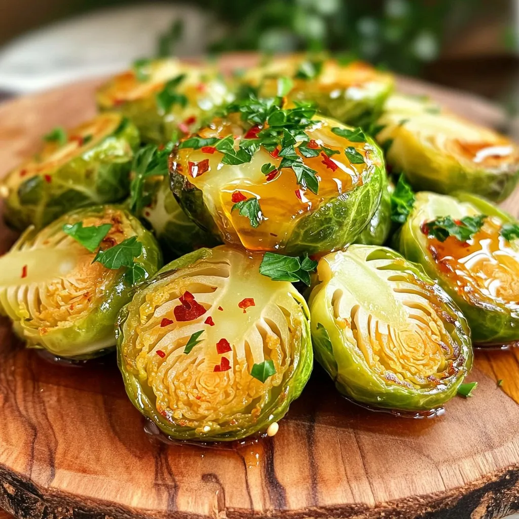 - 1 pound Brussels sprouts, halved - 3 tablespoons olive oil - 1 teaspoon salt - 1/2 teaspoon black pepper - 1 teaspoon garlic powder - 1/2 teaspoon smoked paprika - 1/4 cup honey - 1 tablespoon red pepper flakes - 2 tablespoons apple cider vinegar - Fresh parsley, finely chopped (for garnish) To make hot honey Brussels sprouts, you need simple items. Start with one pound of Brussels sprouts. Halve each sprout to help them cook evenly. Next, gather three tablespoons of olive oil. This oil adds flavor and helps the sprouts brown. You also need one teaspoon of salt to enhance the taste. Add half a teaspoon of black pepper to give it a bit of heat. For more flavor, use one teaspoon of garlic powder and half a teaspoon of smoked paprika. These spices round out the taste. Now, let’s make the hot honey glaze. You need a quarter cup of honey for sweetness. If you enjoy spice, add one tablespoon of red pepper flakes. Adjust this amount to fit your heat level. Finally, use two tablespoons of apple cider vinegar. This will balance the sweet and spicy notes. For a fresh touch, chop some parsley to garnish the dish. This adds color and a hint of brightness. With these ingredients, you will create a dish that is both sweet and spicy, perfect for any meal. - Preheat the oven to 400°F (200°C). - Prepare Brussels sprouts by halving them. First, I mix the olive oil, salt, black pepper, garlic powder, and smoked paprika in a bowl. This blend gives the sprouts a nice flavor. Then, I spread the seasoned Brussels sprouts on a baking sheet lined with parchment paper. Make sure they are in a single layer. This helps them roast evenly. I place the baking sheet in the oven and roast for 25 to 30 minutes. Halfway through cooking, I stir the sprouts for even browning. I want them to be golden-brown and crispy. While the sprouts roast, I prepare the hot honey drizzle. I combine honey, red pepper flakes, and apple cider vinegar in a small saucepan over low heat. I stir this mix for 2 to 3 minutes until it is well combined and warmed. This step makes the sauce flavorful and ready to coat the sprouts. Once the Brussels sprouts are done, I take them out of the oven. I immediately drizzle the hot honey glaze over the roasted sprouts. I toss them gently to coat each piece. To finish, I transfer the glazed sprouts to a serving platter and sprinkle fresh chopped parsley on top. This adds a pop of color and freshness. To get the best crispness from your Brussels sprouts, follow these tips: - Preheat your oven to 400°F (200°C). This helps the sprouts cook evenly. - Spread the sprouts out on the baking sheet. Give them space. This allows hot air to flow and makes them crispy. - Stir halfway through the cooking time. This helps them brown nicely on all sides. Adjusting the spice level is simple. Here’s how: - For less heat, use fewer red pepper flakes. Start with a pinch and taste as you go. - If you love spice, feel free to add more flakes or even a dash of hot sauce. To keep the flavors bright, serve these sprouts warm. They taste best right after cooking. Serving your Brussels sprouts well can make a big difference. Try these ideas: - Use a vibrant platter or a wooden board for a rustic look. - Sprinkle extra red pepper flakes on top for a pop of color. - Garnish with fresh parsley. This adds a nice touch and a burst of freshness. These simple tricks will elevate your dish and impress your guests! {{image_4}} You can switch the sweetener in this recipe. Try maple syrup or agave instead of honey. They offer unique flavors that complement the sprouts well. Each option adds a different depth of sweetness, so feel free to experiment. You can also add other veggies to this dish. Asparagus or carrots pair nicely with Brussels sprouts. Just cut them to a similar size. This way, they cook evenly and get that nice roasted flavor. Want to brighten the flavor? Add some citrus zest. Lemon or orange zest will bring a fresh twist. Just sprinkle it over the hot honey glaze before serving. You can also play with spices to change the flavor. Adding cumin or chili powder can give it a nice, warm kick. The key is to taste as you go, so make it just right for you. To store leftover Brussels sprouts, let them cool first. Then, place them in an airtight container. I recommend using glass or plastic containers with tight lids. This helps keep them fresh for up to three days in the fridge. To reheat without losing crispness, use an oven or air fryer. Preheat your oven to 350°F (175°C). Spread the sprouts on a baking sheet and heat for about 10 to 15 minutes. In an air fryer, set it to 350°F (175°C) and heat for about 5 to 7 minutes. To reinvigorate the flavors, drizzle a little olive oil over the sprouts before reheating. You can also sprinkle a bit more red pepper flakes or fresh parsley for extra flavor. This adds a nice touch and keeps them exciting! To reduce bitterness, try these tips: - Trim the ends: Cut off the tough stem. - Soak in water: Soak them in salted water for 15 minutes. - Roast them: Roasting brings out sweetness. The high heat caramelizes the sprouts. - Add sweetness: Use honey or maple syrup to balance the flavor. Yes, you can use frozen Brussels sprouts. However, fresh sprouts taste better. If using frozen: - Thaw them first: Let them thaw in the fridge overnight. - Drain excess water: Pat them dry to avoid sogginess. - Roast longer: Frozen sprouts may need extra roasting time to crisp up. Hot Honey Brussels Sprouts pair well with many dishes: - Roasted chicken: The sweetness complements savory chicken. - Grilled fish: The heat and honey balance the fish's flavor. - Quinoa salad: A light salad adds freshness to the meal. - Mashed potatoes: Creamy potatoes contrast the sprouts' crunch. Yes, you can make the hot honey sauce ahead of time. Here’s how: - Store in a jar: Keep it in an airtight jar in the fridge. - Reheat gently: Warm it slowly in a saucepan before using. - Use within a week: The sauce stays fresh for up to one week. This recipe for Hot Honey Brussels Sprouts is both simple and delicious. You learned how to roast Brussels sprouts with spices and create a sweet, spicy glaze. Remember to space the sprouts on the baking sheet for crispiness. You can also try different ingredients or flavors. Whether you serve this dish at a party or enjoy it for dinner, it will impress everyone. Enjoy your cooking!