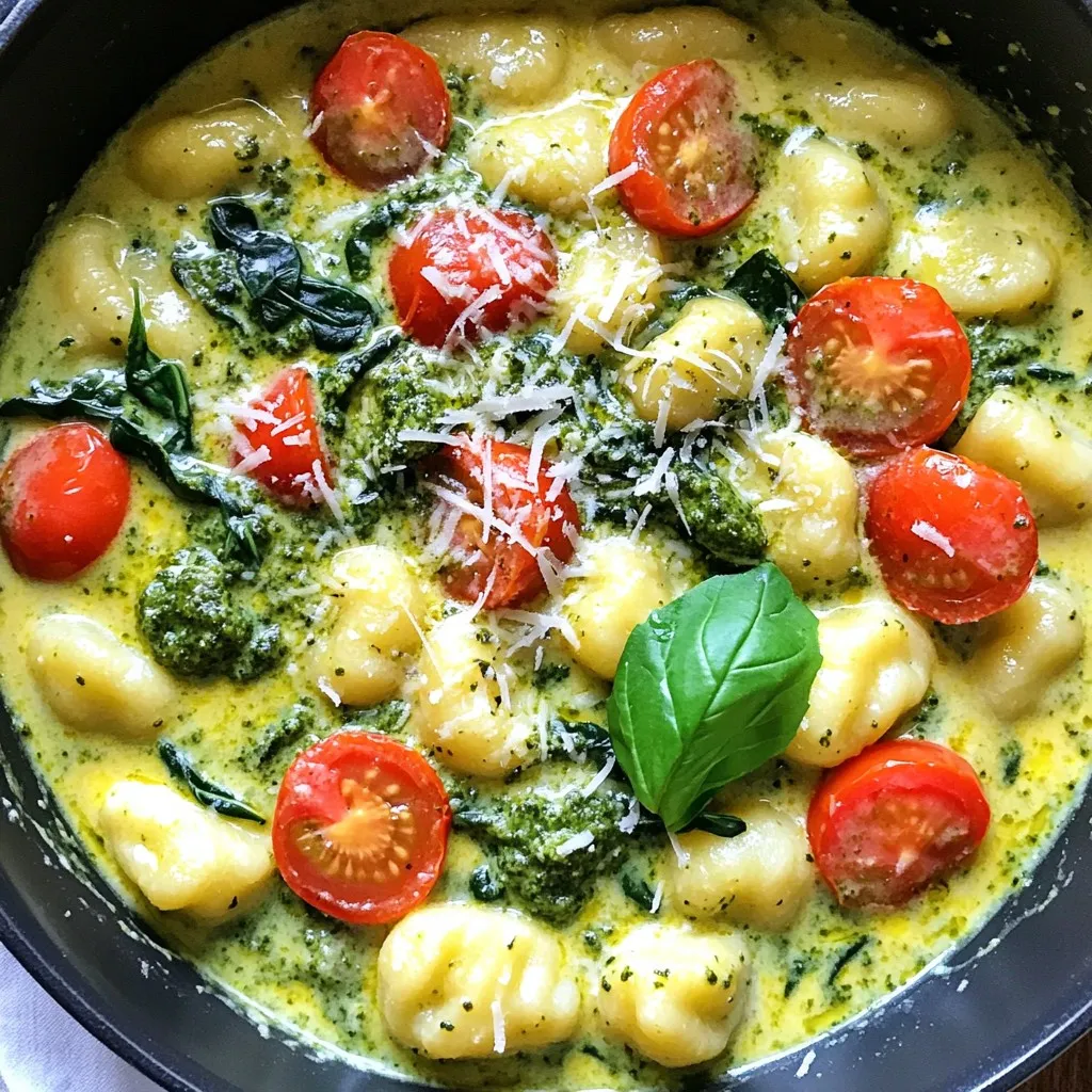 - 1 pound potato gnocchi - 1 cup heavy cream - 1/2 cup basil pesto - 1 cup cherry tomatoes, halved - 2 cups fresh spinach - 1/2 cup grated Parmesan cheese - 2 tablespoons olive oil - 2 cloves garlic, minced - Salt and pepper to taste When I make One Pot Creamy Pesto Gnocchi, I love how simple it is. Each ingredient plays a key role in creating a dish that is creamy and full of flavor. The potato gnocchi serves as the star of this meal. They are soft and pillowy, perfect for soaking up the creamy sauce. Heavy cream adds richness, while basil pesto infuses that fresh, herby taste. Cherry tomatoes bring sweetness and color. Fresh spinach adds a nice green touch, plus it wilts down perfectly. Grated Parmesan cheese gives a savory finish, melting into the sauce wonderfully. Garlic adds a warm aroma that fills the kitchen. Olive oil helps sauté the garlic and keeps everything smooth. Lastly, salt and pepper balance the flavors, making each bite delicious. - Large pot or skillet - Wooden spoon or spatula - Measuring cups and spoons Using the right tools makes cooking easier. A large pot or skillet helps to cook everything in one place. A wooden spoon or spatula is gentle on your pot and helps mix the ingredients well. Measuring cups and spoons ensure that you add the right amounts of each ingredient. This step is crucial for the best taste in your creamy pesto gnocchi. 1. Start by heating 2 tablespoons of olive oil in a large pot over medium heat. 2. Once the oil is hot, add 2 minced garlic cloves. 3. Sauté the garlic for about 1 minute. It should smell nice but not brown. 1. Gradually pour in 1 cup of heavy cream. 2. Stir gently to mix it with the garlic. 3. Let this come to a gentle simmer for about 2-3 minutes. 1. Carefully add 1 pound of potato gnocchi into the simmering cream. 2. Stir to coat each piece evenly. 3. Cook for about 3-5 minutes. The gnocchi will float when they are done. 1. Add 1/2 cup of basil pesto to the pot. 2. Stir well to blend the pesto into the creamy gnocchi. 3. Toss in 1 cup of halved cherry tomatoes and 2 cups of fresh spinach. 4. Stir for about 2-3 minutes, until the spinach wilts and tomatoes soften. 5. Remove the pot from heat and add 1/2 cup of grated Parmesan cheese. 6. Stir until the cheese melts and makes the sauce creamy. 1. Taste your dish and season with salt and pepper. 2. If the sauce is too thick, add a splash of water or more cream. 1. Plate your creamy pesto gnocchi right away. 2. Garnish with fresh basil leaves for a nice look and aroma. How to avoid curdling To keep your sauce smooth, heat the cream gently. Don’t let it boil. Boiling can cause the cream to curdle, ruining your sauce. If you see any lumps, whisk the sauce quickly to fix it. Adjusting consistency If your sauce is too thick, add a splash of water or more cream. Stir well to mix. For a thicker sauce, let it cook a bit longer. Keep tasting until it feels just right. Cooking time tips Cook your gnocchi for about 3-5 minutes. Start timing once they float to the top. Floating means they are done. If they stay at the bottom, give them more time. Signs of properly cooked gnocchi Look for gnocchi that is soft and fluffy. It should not be chewy or hard. A well-cooked gnocchi will feel light and airy in your mouth. Additional herbs or spices Add fresh herbs like thyme or oregano for more flavor. A pinch of red pepper flakes can add heat. Experiment to find your favorite mix! Substitutions for pesto If you want a twist, try sun-dried tomato pesto or spinach pesto. Both options give a new taste to your dish. You can also blend nuts with olive oil for a homemade version. {{image_4}} You can easily make this dish vegetarian. For a fresh twist, switch out spinach or tomatoes. Use zucchini, bell peppers, or broccoli instead. Each veggie adds a unique taste and texture. Adding other vegetables also boosts nutrition. Try carrots, peas, or asparagus. They cook quickly and blend well with the creamy sauce. You can even toss in some frozen peas at the end for color and sweetness. Want to add some protein? Chicken or shrimp works great in this dish. Simply cook them in the pot before adding the cream. This adds flavor and makes the meal heartier. If you prefer plant-based proteins, try chickpeas or tofu. Cook them with the olive oil and garlic. This way, they soak up all the delicious flavors. You can switch up the sauce for more flavor. Use different types of pesto, like sun-dried tomato or arugula pesto. This offers a new taste with each meal. If you want something creamier, try a Alfredo or cheese sauce. These will change the flavor profile while keeping the dish rich and satisfying. Each variation brings a fun twist to your creamy pesto gnocchi! You can keep One Pot Creamy Pesto Gnocchi in the fridge for about 3 days. Make sure to place it in an airtight container. When you want to reheat it, do so slowly over low heat. Add a splash of cream or water to help the sauce stay smooth. If you have leftovers, you can freeze them for up to 2 months. Let the gnocchi cool completely before freezing. Place it in a freezer-safe container or a zip-top bag. When you're ready to eat, thaw it in the fridge overnight. Reheat it gently on the stove, adding a little cream or water as needed. For storing, use glass or plastic containers with tight lids. These help keep flavors fresh. Avoid using metal containers, as they can alter the taste. If you're using bags, squeeze out as much air as possible before sealing. This keeps your dish tasting great! Yes, you can use homemade pesto. Homemade pesto gives a fresh taste. It often has bright flavors and more herbs. You can control the seasoning too. Store-bought pesto is convenient but may lack depth. Look for gnocchi that floats to the top. This means they are cooked. It usually takes about 3 to 5 minutes. If you see them floating, they are ready to eat. If you want a lighter option, use half-and-half or coconut cream. You can also try almond milk with a thickener. Silken tofu blended until smooth works too. These options keep the dish creamy without too many calories. Yes, you can prep it in advance. Cook the gnocchi and mix with sauce, then let it cool. Store it in the fridge for up to two days. Just heat it on the stove when you’re ready to serve. This dish is great for meal prep! You can store it in an airtight container. It keeps well for a few days in the fridge. Reheat portions on the stove or in the microwave for a quick meal. This blog post covered a tasty gnocchi dish from ingredients to storage tips. You learned how to make a creamy sauce and ensure perfect gnocchi. We also explored variations for veggie lovers and ways to add protein. Remember to embrace creativity with your ingredients and storage methods. Try this recipe and enjoy the flavors it brings. Great food connects us and sparks joy. Happy cooking!