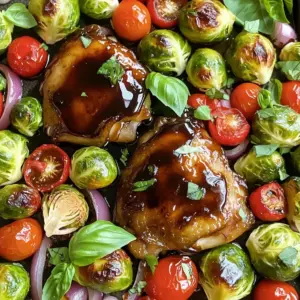 - 4 boneless, skinless chicken thighs - 2 cups Brussels sprouts, halved - 1 cup cherry tomatoes, halved - 1 red bell pepper, sliced into strips - 1 medium red onion, cut into thick slices - 1/4 cup balsamic vinegar - 2 tablespoons honey - 2 tablespoons olive oil - 4 cloves garlic, minced - 1 teaspoon dried thyme - 1 teaspoon dried oregano - Salt and pepper to taste - Fresh basil leaves for garnish Each ingredient plays a key role in the dish. If you want to switch out the chicken, try chicken breasts or even tofu for a vegetarian option. For the veggies, feel free to swap Brussels sprouts with green beans or broccoli. The balsamic vinegar gives a sweet and tangy taste, but you can use red wine vinegar if you need a different flavor. Honey adds sweetness, but maple syrup works too. This dish serves four people and is wholesome. Each serving has about: - Calories: 350 - Protein: 30g - Carbohydrates: 25g - Fat: 15g - Fiber: 5g This meal gives you a great balance of protein, veggies, and healthy fats. Enjoying it will surely satisfy your taste buds while keeping your meal plan on track. 1. Preheat the Oven: Heat your oven to 425°F (220°C). This warms the oven for roasting. 2. Make the Marinade: In a bowl, mix 1/4 cup balsamic vinegar, 2 tablespoons honey, 2 tablespoons olive oil, and 4 cloves minced garlic. Add 1 teaspoon dried thyme, 1 teaspoon dried oregano, and a pinch of salt and pepper. Whisk until blended. 3. Marinate the Chicken: Place 4 boneless, skinless chicken thighs in a large bowl. Pour half the marinade over them. Toss to coat well. Let it marinate for 15 minutes. 4. Prepare the Vegetables: On a large sheet pan, arrange 2 cups halved Brussels sprouts, 1 cup halved cherry tomatoes, 1 sliced red bell pepper, and 1 medium thickly sliced red onion. Drizzle the remaining marinade over the veggies. Toss gently to coat. 5. Arrange on Sheet Pan: Make space in the middle of the sheet pan. Place the marinated chicken thighs there. Do not overcrowd. 6. Roast the Dish: Place the sheet pan in the oven. Roast for 25-30 minutes. The chicken should reach 165°F (74°C). The veggies should be tender and caramelized. 7. Broil for Extra Glaze: For the last 5 minutes, set the oven to broil. This creates a nice glaze on the chicken. Watch closely to avoid burning. 8. Garnish and Serve: Take the sheet pan out of the oven. Let it rest for a few minutes. Top with fresh basil leaves for color and flavor. - Use fresh ingredients. They give a better flavor. - Don't skip the broiling step. It adds a delicious finish. - Let the chicken rest before serving. This helps keep it juicy. - Experiment with spices. Add a dash of red pepper flakes for heat. This sheet pan balsamic glazed chicken and vegetables dish is simple yet full of flavor. Enjoy your cooking! You can easily change this recipe to fit your tastes. Swap chicken thighs for breasts if you like leaner meat. You can also try different veggies, like zucchini or carrots. If you want more spice, add red pepper flakes to the marinade. For a sweeter taste, use maple syrup instead of honey. This dish is all about what you love! If you're busy, you can marinate the chicken the night before. Just keep it in the fridge until you are ready to cook. You can also chop the veggies ahead of time. Store them in a sealed bag or container. If you forget to marinate, no worries! Just let the chicken sit in the marinade for 15 minutes while you prepare the veggies. Pair this dish with a simple grain, like rice or quinoa. A fresh green salad also goes well with it. For a heartier meal, serve it with roasted potatoes. You can even add some crusty bread to soak up the glaze. Each side will help make your meal more filling and tasty! {{image_4}} You can switch the veggies in this dish to suit your taste. Try using green beans, zucchini, or carrots. Each adds a unique flavor and texture. For proteins, swap chicken for turkey or tofu. Tofu absorbs the marinade well and gives a nice touch. Want to spice it up? Add paprika, cumin, or chili flakes to the marinade. This will give your dish a warm kick. You can also mix in a little soy sauce or mustard for depth. These additions make each bite exciting. This dish is easy to make gluten-free. Just check your balsamic vinegar and honey for hidden gluten. For a low-carb option, skip the honey or use a sugar substitute. You can also add more non-starchy veggies like broccoli or cauliflower for a filling meal. After enjoying your sheet pan balsamic glazed chicken and veggies, store leftovers in an airtight container. Make sure to cool the dish to room temperature first. This way, the flavor stays fresh. You can keep it in the fridge for up to three days. If you want to keep it longer, consider freezing. When you're ready to eat leftovers, reheating is simple. Preheat your oven to 350°F (175°C). Spread the chicken and veggies on a baking sheet. Heat for about 15-20 minutes or until warmed through. This helps keep the chicken juicy and the veggies tender. You can also use a microwave, but the oven gives a better texture. To freeze, place the cooled chicken and veggies in a freezer-safe bag or container. Squeeze out as much air as possible to prevent freezer burn. You can freeze them for up to three months. When ready to eat, thaw overnight in the fridge before reheating. This way, the flavors stay intact. Enjoy your meal even later! You can use red wine vinegar or apple cider vinegar. They both have a tangy taste. If you prefer a sweeter option, try using a mix of vinegar and a bit of honey. This will mimic the balsamic flavor without losing the balance. Check the internal temperature of the chicken. It should reach 165°F (74°C). You can use a meat thermometer for the best results. If you don’t have a thermometer, cut into the chicken. The juices should run clear and the meat should no longer be pink. Yes, you can use bone-in chicken thighs. They will add more flavor, but they will take longer to cook. Adjust the cooking time to about 35-40 minutes to ensure they are fully cooked. Make sure to check the temperature in the thickest part of the thigh. Absolutely! You can adapt this recipe for an air fryer. Cook the chicken and vegetables at 375°F (190°C) for about 20-25 minutes. Be sure to shake the basket halfway through for even cooking. The air fryer will give you a nice crisp on the chicken. This guide covered the essential ingredients, step-by-step cooking, and helpful tips. You learned how to customize your dish, store leftovers, and make variations. In the end, cooking is about finding joy in each bite. Use the tips and tricks to make your dish unique and tasty. I hope you feel inspired to create a delicious meal. Happy cooking!