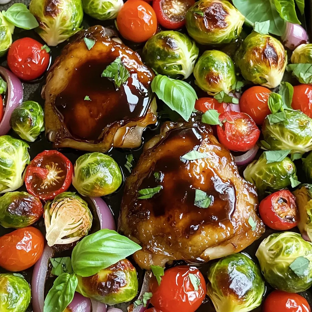 - 4 boneless, skinless chicken thighs - 2 cups Brussels sprouts, halved - 1 cup cherry tomatoes, halved - 1 red bell pepper, sliced into strips - 1 medium red onion, cut into thick slices - 1/4 cup balsamic vinegar - 2 tablespoons honey - 2 tablespoons olive oil - 4 cloves garlic, minced - 1 teaspoon dried thyme - 1 teaspoon dried oregano - Salt and pepper to taste - Fresh basil leaves for garnish Each ingredient plays a key role in the dish. If you want to switch out the chicken, try chicken breasts or even tofu for a vegetarian option. For the veggies, feel free to swap Brussels sprouts with green beans or broccoli. The balsamic vinegar gives a sweet and tangy taste, but you can use red wine vinegar if you need a different flavor. Honey adds sweetness, but maple syrup works too. This dish serves four people and is wholesome. Each serving has about: - Calories: 350 - Protein: 30g - Carbohydrates: 25g - Fat: 15g - Fiber: 5g This meal gives you a great balance of protein, veggies, and healthy fats. Enjoying it will surely satisfy your taste buds while keeping your meal plan on track. 1. Preheat the Oven: Heat your oven to 425°F (220°C). This warms the oven for roasting. 2. Make the Marinade: In a bowl, mix 1/4 cup balsamic vinegar, 2 tablespoons honey, 2 tablespoons olive oil, and 4 cloves minced garlic. Add 1 teaspoon dried thyme, 1 teaspoon dried oregano, and a pinch of salt and pepper. Whisk until blended. 3. Marinate the Chicken: Place 4 boneless, skinless chicken thighs in a large bowl. Pour half the marinade over them. Toss to coat well. Let it marinate for 15 minutes. 4. Prepare the Vegetables: On a large sheet pan, arrange 2 cups halved Brussels sprouts, 1 cup halved cherry tomatoes, 1 sliced red bell pepper, and 1 medium thickly sliced red onion. Drizzle the remaining marinade over the veggies. Toss gently to coat. 5. Arrange on Sheet Pan: Make space in the middle of the sheet pan. Place the marinated chicken thighs there. Do not overcrowd. 6. Roast the Dish: Place the sheet pan in the oven. Roast for 25-30 minutes. The chicken should reach 165°F (74°C). The veggies should be tender and caramelized. 7. Broil for Extra Glaze: For the last 5 minutes, set the oven to broil. This creates a nice glaze on the chicken. Watch closely to avoid burning. 8. Garnish and Serve: Take the sheet pan out of the oven. Let it rest for a few minutes. Top with fresh basil leaves for color and flavor. - Use fresh ingredients. They give a better flavor. - Don't skip the broiling step. It adds a delicious finish. - Let the chicken rest before serving. This helps keep it juicy. - Experiment with spices. Add a dash of red pepper flakes for heat. This sheet pan balsamic glazed chicken and vegetables dish is simple yet full of flavor. Enjoy your cooking! You can easily change this recipe to fit your tastes. Swap chicken thighs for breasts if you like leaner meat. You can also try different veggies, like zucchini or carrots. If you want more spice, add red pepper flakes to the marinade. For a sweeter taste, use maple syrup instead of honey. This dish is all about what you love! If you're busy, you can marinate the chicken the night before. Just keep it in the fridge until you are ready to cook. You can also chop the veggies ahead of time. Store them in a sealed bag or container. If you forget to marinate, no worries! Just let the chicken sit in the marinade for 15 minutes while you prepare the veggies. Pair this dish with a simple grain, like rice or quinoa. A fresh green salad also goes well with it. For a heartier meal, serve it with roasted potatoes. You can even add some crusty bread to soak up the glaze. Each side will help make your meal more filling and tasty! {{image_4}} You can switch the veggies in this dish to suit your taste. Try using green beans, zucchini, or carrots. Each adds a unique flavor and texture. For proteins, swap chicken for turkey or tofu. Tofu absorbs the marinade well and gives a nice touch. Want to spice it up? Add paprika, cumin, or chili flakes to the marinade. This will give your dish a warm kick. You can also mix in a little soy sauce or mustard for depth. These additions make each bite exciting. This dish is easy to make gluten-free. Just check your balsamic vinegar and honey for hidden gluten. For a low-carb option, skip the honey or use a sugar substitute. You can also add more non-starchy veggies like broccoli or cauliflower for a filling meal. After enjoying your sheet pan balsamic glazed chicken and veggies, store leftovers in an airtight container. Make sure to cool the dish to room temperature first. This way, the flavor stays fresh. You can keep it in the fridge for up to three days. If you want to keep it longer, consider freezing. When you're ready to eat leftovers, reheating is simple. Preheat your oven to 350°F (175°C). Spread the chicken and veggies on a baking sheet. Heat for about 15-20 minutes or until warmed through. This helps keep the chicken juicy and the veggies tender. You can also use a microwave, but the oven gives a better texture. To freeze, place the cooled chicken and veggies in a freezer-safe bag or container. Squeeze out as much air as possible to prevent freezer burn. You can freeze them for up to three months. When ready to eat, thaw overnight in the fridge before reheating. This way, the flavors stay intact. Enjoy your meal even later! You can use red wine vinegar or apple cider vinegar. They both have a tangy taste. If you prefer a sweeter option, try using a mix of vinegar and a bit of honey. This will mimic the balsamic flavor without losing the balance. Check the internal temperature of the chicken. It should reach 165°F (74°C). You can use a meat thermometer for the best results. If you don’t have a thermometer, cut into the chicken. The juices should run clear and the meat should no longer be pink. Yes, you can use bone-in chicken thighs. They will add more flavor, but they will take longer to cook. Adjust the cooking time to about 35-40 minutes to ensure they are fully cooked. Make sure to check the temperature in the thickest part of the thigh. Absolutely! You can adapt this recipe for an air fryer. Cook the chicken and vegetables at 375°F (190°C) for about 20-25 minutes. Be sure to shake the basket halfway through for even cooking. The air fryer will give you a nice crisp on the chicken. This guide covered the essential ingredients, step-by-step cooking, and helpful tips. You learned how to customize your dish, store leftovers, and make variations. In the end, cooking is about finding joy in each bite. Use the tips and tricks to make your dish unique and tasty. I hope you feel inspired to create a delicious meal. Happy cooking!