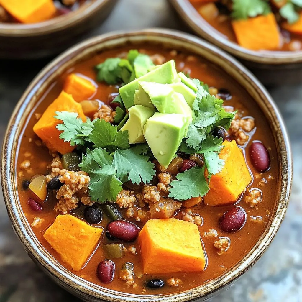 To make this Slow Cooker Turkey Sweet Potato Chili, you will need the following ingredients: - 1 lb ground turkey - 2 medium sweet potatoes, peeled and diced into 1-inch cubes - 1 can (15 oz) kidney beans, drained and rinsed - 1 can (15 oz) black beans, drained and rinsed - 1 can (28 oz) crushed tomatoes, preferably fire-roasted for added flavor - 1 medium onion, finely chopped - 3 cloves garlic, minced - 1 bell pepper (red or green), chopped into bite-sized pieces - 2 tablespoons chili powder - 1 teaspoon ground cumin - 1 teaspoon smoked paprika - ½ teaspoon salt - ¼ teaspoon freshly ground black pepper - 2 cups chicken or vegetable broth, low-sodium recommended - 1 tablespoon olive oil - Fresh cilantro or diced avocado for garnish (optional) You might not have all the ingredients on hand. Here are some easy swaps: - Ground turkey can be replaced with lean beef or chicken. - Sweet potatoes can swap for regular potatoes or butternut squash. - Kidney beans can be switched for pinto beans or chickpeas. - Fire-roasted tomatoes give great taste, but regular crushed tomatoes work too. - If you don’t have chili powder, use taco seasoning for a different kick. This chili packs a nutritious punch. Here’s a quick look at what you get per serving: - Calories: Approximately 300 - Protein: 20g - Fat: 6g - Carbohydrates: 45g - Fiber: 10g - Sugars: 6g This dish is rich in vitamins and minerals from the sweet potatoes and beans. Plus, it’s a great source of lean protein. Enjoying this meal can help you feel full and satisfied! Start by heating 1 tablespoon of olive oil in a large skillet over medium heat. Once the oil is hot, add 1 pound of ground turkey. Cook it until it turns brown and is fully cooked. This should take about 5 to 7 minutes. As you cook, use a wooden spoon to break the turkey into small crumbles. Season it lightly with salt and pepper to bring out its flavor. This step adds a rich base to your chili. Next, transfer the browned turkey into your slow cooker. Now, add 2 medium sweet potatoes, peeled and diced into 1-inch cubes. Then, pour in 1 can of drained kidney beans and 1 can of drained black beans. Add 1 can of crushed tomatoes, preferably fire-roasted, for an extra kick. Toss in 1 finely chopped onion, 3 cloves of minced garlic, and 1 chopped bell pepper. Stir everything gently to mix well. Now it's time to incorporate the spices. Sprinkle 2 tablespoons of chili powder, 1 teaspoon of ground cumin, 1 teaspoon of smoked paprika, ½ teaspoon of salt, and ¼ teaspoon of black pepper over the mixture. Use a large spoon to mix these spices thoroughly with the other ingredients. Next, pour in 2 cups of low-sodium chicken or vegetable broth. This adds depth to the flavors as the chili cooks. Cover the slow cooker with its lid. Set the cooker to low for 6 to 8 hours or high for 3 to 4 hours. The sweet potatoes should become tender during this time, allowing all the flavors to meld beautifully. Before you serve, taste your chili. Adjust the seasonings if needed. Add more salt, pepper, or spices to suit your taste. To boost the flavor of your Slow Cooker Turkey Sweet Potato Chili, use fire-roasted crushed tomatoes. They add a smoky taste. You can also sauté the onions and garlic before adding them. This step brings out their sweetness. A splash of lime juice at the end brightens the flavor too. For a kick, add diced jalapeños or a dash of hot sauce. Slow cooking works best with fresh ingredients. Make sure all your veggies are diced evenly. This helps them cook at the same rate. Don't lift the lid too often. Each time you do, heat escapes, and cooking time increases. Also, use low-sodium broth to control salt levels. This way, you can adjust flavors as needed. One common mistake is overcooking. Sweet potatoes can turn mushy if cooked too long. Stick to the recommended cooking times. Another mistake is not tasting before serving. Always adjust seasonings at the end. Lastly, don’t skip the garnish! Fresh cilantro or creamy avocado adds texture and flavor. {{image_4}} You can easily make this dish vegetarian or vegan. Replace the ground turkey with a plant-based meat alternative. Options like lentils or chopped mushrooms work well too. Use vegetable broth instead of chicken broth. This keeps the flavors rich and delicious while making it plant-friendly. You can also add more beans for protein. Try chickpeas or black beans for a tasty twist. The original recipe has a mild spice level. If you love heat, add more chili powder. You can also toss in diced jalapeños or crushed red pepper flakes. Start with a little and taste as you go. This way, you can find the perfect balance for your taste buds. For a milder chili, reduce the chili powder. You can also skip the spicy ingredients altogether for a gentle flavor. If you want to switch things up, try using different proteins. Ground chicken or beef can replace turkey. For a healthier choice, use ground turkey breast. You could even use shredded rotisserie chicken for a quick fix. Each protein brings its own flavor. Just remember to adjust the cooking time if you're using something cooked already. This keeps your chili full of flavor and enjoyable. To store your leftover chili, let it cool first. Transfer it to an airtight container. It will stay fresh in the fridge for up to four days. Make sure to label your container with the date. This helps you keep track of freshness. When you're ready to enjoy your chili again, reheating is simple. Pour the chili into a pot over medium heat. Stir occasionally until it warms up. If you prefer the microwave, use a microwave-safe bowl. Heat it in short bursts, stirring in between, to prevent hot spots. If you want to keep your chili longer, freezing is a great option. Pour the cooled chili into freezer-safe bags or containers. Leave some space at the top for expansion. Seal tightly and label with the date. It can last up to three months in the freezer. When you're ready to eat, thaw it in the fridge overnight before reheating. Yes, you can prepare this chili ahead of time. It tastes even better after sitting in the fridge. Make it a day early and let the flavors mix. Just store it in a sealed container. When you are ready to eat, reheat it on the stove or in the microwave. If you don’t have sweet potatoes, try using regular potatoes or butternut squash. Both will add nice texture and flavor. You can also use carrots for a hint of sweetness. Just cut them into small pieces so they cook well. Absolutely! This chili is great for meal prep. It stores well in the fridge for up to five days. You can portion it into containers for lunch or dinner. It also freezes well for up to three months. Just thaw it overnight in the fridge before reheating. This blog post covered how to make a delicious chili. We looked at key ingredients, how to prepare the turkey, and the slow cooker steps. I shared tips to enhance flavor and common mistakes to avoid. There are variations for vegetarians and options for adjusting spice levels. Lastly, we discussed storage and reheating tips for leftovers. Chili can be flexible, tasty, and good for meal prep. Use these ideas to make your own perfect chili. Enjoy cooking!