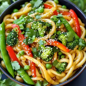 - 200g udon noodles - 2 tablespoons olive oil - 4 cloves garlic, minced - 2 tablespoons fresh ginger, finely grated - 1 red bell pepper, cut into thin strips (julienned) - 1 cup broccoli florets - 1 cup snap peas - 3 green onions, thinly sliced - 3 tablespoons soy sauce - 1 tablespoon sesame oil - 1 teaspoon sesame seeds (for garnish) - Fresh cilantro, for garnish - Salt and pepper to taste For this Minute Garlic Ginger Udon Stir-Fry, I love using fresh ingredients. Fresh garlic and ginger give a bright taste. The udon noodles are chewy and filling. You can find them in most grocery stores. I prefer to use olive oil for cooking. It adds a nice flavor and healthy fats. The red bell pepper brings sweetness and color. Broccoli and snap peas add crunch and nutrition. I garnish with green onions, sesame seeds, and cilantro. They make the dish look beautiful and add extra taste. Salt and pepper help to balance the flavors. You can mix and match these ingredients. Try adding your favorite veggies or proteins. The key is to keep it fresh and fun! To start, cook the udon noodles. Follow the package instructions. Usually, it takes about 5-7 minutes. You want them to be al dente, which means they should have a slight bite. This will keep them firm in the stir-fry. Once they are cooked, drain them well. Set the noodles aside while you prepare the rest. Next, heat 2 tablespoons of olive oil in a large skillet or wok. Use medium-high heat. You’ll know it’s ready when the oil shines. Now, add the minced garlic and grated ginger. Sauté them for about 1-2 minutes. Watch closely! You do not want to burn them, as this will make the dish bitter. Now it’s time for the vegetables. Add the red bell pepper, broccoli florets, and snap peas to the skillet. Stir-fry them for about 4-5 minutes. You want the veggies to be vibrant and tender-crisp. This means they should be soft but still have a little crunch. After the vegetables are cooked, add the drained udon noodles. Pour in 3 tablespoons of soy sauce and 1 tablespoon of sesame oil. Toss everything together gently. This helps coat the noodles and veggies in the sauce. Heat it all through for 2-3 minutes, making sure everything is combined well. Now, taste your stir-fry. Season it with salt and pepper as you like. Before serving, sprinkle the sliced green onions, sesame seeds, and fresh cilantro on top. This adds a bright finish and some extra flavor. Serve your dish in large, colorful bowls for a beautiful presentation. To boost the taste of your udon stir-fry, consider adding a few extra seasonings. A splash of rice vinegar can add a nice zing. You might also try a pinch of chili flakes for heat. Fresh ingredients are key! Use bright, crisp vegetables for the best flavor. Fresh garlic and ginger make a big difference, too. They add depth and aroma that dried versions lack. The right tools help you cook faster and better. A large skillet or wok works best for stir-frying. It allows for even cooking and easy tossing of ingredients. Use a sharp chef’s knife for prepping your veggies. A cutting board will keep your workspace tidy. You might also want a pair of tongs to stir and serve. Meal prep can save you time on busy days. Chop your veggies ahead of time and store them in the fridge. You can also cook the udon noodles in advance and refrigerate them. If you run out of ingredients, use quick swaps. For example, if you don't have broccoli, use spinach or zucchini instead. They cook fast and taste great! {{image_4}} You can add protein to your udon stir-fry for more flavor. Options include chicken, shrimp, or tofu. - Chicken: Use thin strips and cook for 5-7 minutes. - Shrimp: Cook peeled shrimp for about 3-4 minutes. - Tofu: Use firm tofu, cubed, and sauté for 5-6 minutes. Make sure to cook the protein before adding the vegetables. This way, everything cooks evenly. Feel free to swap in different veggies based on what's fresh or in season. - Carrots: Thinly sliced, they add sweetness. - Zucchini: Cut into half-moons for a nice crunch. - Mushrooms: Sliced mushrooms add earthiness. Balance flavors by mixing sweet, crunchy, and tender textures. This keeps your dish exciting and colorful. You can change the flavor of your stir-fry by using different sauces. - Teriyaki Sauce: This adds a sweet and savory taste. - Hoisin Sauce: It brings a rich, bold flavor. Adjust the amounts to get the taste you love best. Experimenting with various sauces can make each time you cook special. To keep your Minute Garlic Ginger Udon Stir-Fry fresh, store leftovers properly. Place the stir-fry in an airtight container. This helps prevent moisture loss. Refrigerate it within two hours of cooking. Consume within three days for the best taste. For containers, use glass or plastic that seals well. Avoid metal containers, as they can react with the soy sauce. Make sure the stir-fry cools before sealing, to reduce steam inside the container. When reheating, keep the noodles and veggies from getting mushy. Use a skillet or wok over medium heat. Add a splash of water or soy sauce to help steam and warm the dish. Stir often to heat evenly. After reheating, taste the stir-fry. You may need to add a pinch of salt or a dash of soy sauce. This helps bring back the flavors after storage. To freeze your stir-fry, let it cool completely first. Portion it into freezer-safe bags or containers. Press out as much air as you can before sealing. Label the bags with the date for easy tracking. When you're ready to eat, thaw the stir-fry overnight in the fridge. For quick thawing, place the sealed bag in cold water for about an hour. Reheat in a skillet as mentioned earlier for the best texture. Yes! To make this dish vegetarian, simply replace the soy sauce with a vegetarian version. For a vegan twist, use tamari instead of soy sauce for a gluten-free option. You can also swap the udon noodles for rice noodles if you want to avoid eggs. Feel free to add tofu for protein. It soaks up the flavors well and adds a nice texture. To keep your udon noodles from sticking, rinse them under cold water after cooking. This removes excess starch. You can also toss them with a little olive oil before adding them to the stir-fry. Stir frequently while cooking to ensure they stay separated. Timing is key; add them last to avoid overcooking. This stir-fry pairs well with a simple side salad or steamed edamame. You can also serve it with a bowl of miso soup for a complete meal. If you want more crunch, add some pickled vegetables on the side. They add a fun tangy flavor that contrasts nicely with the savory udon. You can prep some ingredients ahead of time. Chop your veggies and store them in the fridge for up to two days. Cooked udon noodles can also last for three to four days in the fridge. When ready to eat, just stir-fry everything together in a pan. This keeps the meal fresh and quick to serve. This blog post shared simple steps to make a delicious udon stir-fry. We explored key ingredients, cooking techniques, and handy tips to boost flavor and save time. You learned how to avoid common cooking pitfalls and customize the dish with various proteins and vegetables. In the end, easy stir-frying can turn meal prep into a fun experience. Experiment with flavors and enjoy your cooking journey!