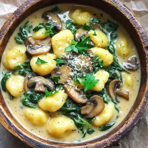 - 1 lb (450g) potato gnocchi - 8 oz (225g) cremini mushrooms, sliced - 3 cups fresh spinach, packed These main ingredients make this dish rich and hearty. Potato gnocchi gives a soft and fluffy texture. The cremini mushrooms add a deep, earthy taste. Fresh spinach provides a pop of color and nutrition. Together, they create a delightful mix. - 1 cup heavy cream - 1 cup vegetable broth - 1/2 cup grated Parmesan cheese Heavy cream creates a rich and creamy sauce. Vegetable broth adds depth and flavor. Grated Parmesan cheese brings a salty kick. This trio makes the dish smooth and satisfying. - 2 tbsp olive oil - 2 cloves garlic, minced - Salt and black pepper to taste Olive oil is perfect for sautéing. Garlic adds a wonderful aroma and taste. Salt and black pepper enhance all the flavors. These simple seasonings bring the dish to life. Remember, using fresh ingredients makes a big difference. It elevates the taste and makes your meal special. Enjoy the process of cooking and savor every bite! 1. Start by heating 2 tablespoons of olive oil in a large pot over medium heat. This oil adds flavor and helps cook the garlic. 2. Once the oil is warm, add 2 minced garlic cloves. Sauté for about 30 seconds. Do not let it burn. You want it fragrant and golden. 3. Next, add 8 ounces of sliced cremini mushrooms to the pot. Cook them for 5 to 7 minutes. Stir often until they turn brown and tender. This step builds a rich base for the dish. 1. After the mushrooms cook, add 1 pound of potato gnocchi to the pot. Pour in 1 cup of vegetable broth and 1 cup of heavy cream. Stir everything together well. 2. Increase the heat slightly. Bring the mixture to a gentle simmer. Cook for 5 to 6 minutes. Stir occasionally. This will make the gnocchi soft and soak up flavors. 1. Once the gnocchi is soft, fold in 3 cups of fresh spinach and 1/2 cup of grated Parmesan cheese. Stir until the spinach wilts and the cheese melts. This adds creaminess and color to the dish. 2. Season with salt and black pepper to taste. Adjust based on your preference. 3. Let it sit for a couple of minutes off the heat. This helps the sauce thicken before you serve it. For a great presentation, serve in rustic bowls. Top with chopped parsley and extra Parmesan to impress your guests! To ensure a creamy consistency in your One-Pot Creamy Mushroom Spinach Gnocchi, use full-fat heavy cream. The fat content helps create that rich texture. Stir the cream in gently, allowing it to mix without boiling. You want to keep it smooth and luscious. For sautéing mushrooms, start with a hot pan and use enough oil. I recommend using cremini mushrooms for their rich flavor. Cook them until they are golden brown, about 5-7 minutes. Stir them often to avoid sticking and burning. This step adds depth to your dish. If you want to swap heavy cream, consider using coconut milk or cashew cream. Both options provide creaminess without dairy. They also add a nice twist to the flavor. For a vegan Parmesan cheese option, try nutritional yeast. It offers a cheesy flavor without dairy. You can also find store-bought vegan cheese if you prefer that. For side dishes, a simple green salad pairs well with this gnocchi. I suggest a light vinaigrette to balance the creaminess. When it comes to wine, a crisp white wine like Sauvignon Blanc complements the dish beautifully. The acidity cuts through the richness. Enjoy with a glass alongside your meal for a delightful experience. {{image_4}} You can easily add proteins to your creamy gnocchi. Chicken or shrimp both work great. Simply cook them first in the pot before adding the mushrooms. For a vegetarian option, consider chickpeas or tofu. These will give you protein without meat. Just toss them in when you add the spinach. Switching up the greens can make this dish even better. Try using kale or arugula for a new twist. Both add a unique flavor and extra nutrients. You can also add other veggies like bell peppers or zucchini. These will enhance the taste and add color to your plate. To elevate the flavor, consider adding spices. A pinch of red pepper flakes can give a nice kick. You can also infuse the dish with herbs like thyme or basil. Adding fresh herbs right before serving brings out bright, fresh notes. These small changes make a big difference in taste. Store your One-Pot Creamy Mushroom Spinach Gnocchi in an airtight container. This keeps it fresh longer. It’s best to let it cool before sealing. In the fridge, it lasts up to three days. If you notice any odd smells or colors, it’s best to toss it. To freeze your gnocchi, let it cool completely. Place it in a freezer-safe container or bag. Make sure to remove as much air as possible. This dish can stay frozen for up to three months. When you're ready to eat, thaw it overnight in the fridge before reheating. You can reheat your gnocchi in two ways: the microwave or the stovetop. For the microwave, place it in a safe bowl. Heat it in short bursts, stirring in between. This helps it warm evenly. For stovetop, add a little water or broth in a pan. Heat over low to medium heat, stirring gently. This keeps the sauce creamy and prevents burning. Always check that it’s heated through before serving. It takes about 10 minutes to prep and 15 minutes to cook. So, you’ll need a total of 25 minutes to enjoy this dish. It’s quick, easy, and perfect for busy nights. Yes, you can make this dish ahead. If you want to meal prep, cook it and store it in the fridge. It keeps well for about three days. Just reheat it before serving. You might need to add a splash of broth or cream to bring back the creaminess. If you don't have gnocchi, try other pasta shapes. Penne, fusilli, or even small shells work great. You can use grains like quinoa or farro for a different twist. Each option brings its own taste and texture to the dish. In this blog, we explored how to prepare One-Pot Creamy Mushroom Spinach Gnocchi. We covered key ingredients, step-by-step instructions, tips for cooking, and variations. You learned how to create a comforting dish with rich flavors. Remember, this recipe is flexible, allowing you to substitute ingredients and adjust seasonings. Whether you serve it fresh or store it for later, this dish will delight your taste buds. Enjoy making this easy, creamy meal that brings warmth and satisfaction to any dinner table.