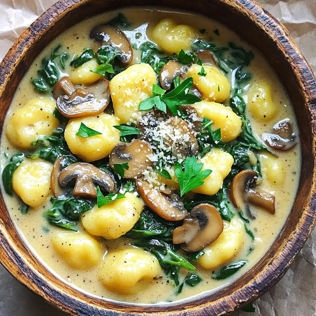 - 1 lb (450g) potato gnocchi - 8 oz (225g) cremini mushrooms, sliced - 3 cups fresh spinach, packed These main ingredients make this dish rich and hearty. Potato gnocchi gives a soft and fluffy texture. The cremini mushrooms add a deep, earthy taste. Fresh spinach provides a pop of color and nutrition. Together, they create a delightful mix. - 1 cup heavy cream - 1 cup vegetable broth - 1/2 cup grated Parmesan cheese Heavy cream creates a rich and creamy sauce. Vegetable broth adds depth and flavor. Grated Parmesan cheese brings a salty kick. This trio makes the dish smooth and satisfying. - 2 tbsp olive oil - 2 cloves garlic, minced - Salt and black pepper to taste Olive oil is perfect for sautéing. Garlic adds a wonderful aroma and taste. Salt and black pepper enhance all the flavors. These simple seasonings bring the dish to life. Remember, using fresh ingredients makes a big difference. It elevates the taste and makes your meal special. Enjoy the process of cooking and savor every bite! 1. Start by heating 2 tablespoons of olive oil in a large pot over medium heat. This oil adds flavor and helps cook the garlic. 2. Once the oil is warm, add 2 minced garlic cloves. Sauté for about 30 seconds. Do not let it burn. You want it fragrant and golden. 3. Next, add 8 ounces of sliced cremini mushrooms to the pot. Cook them for 5 to 7 minutes. Stir often until they turn brown and tender. This step builds a rich base for the dish. 1. After the mushrooms cook, add 1 pound of potato gnocchi to the pot. Pour in 1 cup of vegetable broth and 1 cup of heavy cream. Stir everything together well. 2. Increase the heat slightly. Bring the mixture to a gentle simmer. Cook for 5 to 6 minutes. Stir occasionally. This will make the gnocchi soft and soak up flavors. 1. Once the gnocchi is soft, fold in 3 cups of fresh spinach and 1/2 cup of grated Parmesan cheese. Stir until the spinach wilts and the cheese melts. This adds creaminess and color to the dish. 2. Season with salt and black pepper to taste. Adjust based on your preference. 3. Let it sit for a couple of minutes off the heat. This helps the sauce thicken before you serve it. For a great presentation, serve in rustic bowls. Top with chopped parsley and extra Parmesan to impress your guests! To ensure a creamy consistency in your One-Pot Creamy Mushroom Spinach Gnocchi, use full-fat heavy cream. The fat content helps create that rich texture. Stir the cream in gently, allowing it to mix without boiling. You want to keep it smooth and luscious. For sautéing mushrooms, start with a hot pan and use enough oil. I recommend using cremini mushrooms for their rich flavor. Cook them until they are golden brown, about 5-7 minutes. Stir them often to avoid sticking and burning. This step adds depth to your dish. If you want to swap heavy cream, consider using coconut milk or cashew cream. Both options provide creaminess without dairy. They also add a nice twist to the flavor. For a vegan Parmesan cheese option, try nutritional yeast. It offers a cheesy flavor without dairy. You can also find store-bought vegan cheese if you prefer that. For side dishes, a simple green salad pairs well with this gnocchi. I suggest a light vinaigrette to balance the creaminess. When it comes to wine, a crisp white wine like Sauvignon Blanc complements the dish beautifully. The acidity cuts through the richness. Enjoy with a glass alongside your meal for a delightful experience. {{image_4}} You can easily add proteins to your creamy gnocchi. Chicken or shrimp both work great. Simply cook them first in the pot before adding the mushrooms. For a vegetarian option, consider chickpeas or tofu. These will give you protein without meat. Just toss them in when you add the spinach. Switching up the greens can make this dish even better. Try using kale or arugula for a new twist. Both add a unique flavor and extra nutrients. You can also add other veggies like bell peppers or zucchini. These will enhance the taste and add color to your plate. To elevate the flavor, consider adding spices. A pinch of red pepper flakes can give a nice kick. You can also infuse the dish with herbs like thyme or basil. Adding fresh herbs right before serving brings out bright, fresh notes. These small changes make a big difference in taste. Store your One-Pot Creamy Mushroom Spinach Gnocchi in an airtight container. This keeps it fresh longer. It’s best to let it cool before sealing. In the fridge, it lasts up to three days. If you notice any odd smells or colors, it’s best to toss it. To freeze your gnocchi, let it cool completely. Place it in a freezer-safe container or bag. Make sure to remove as much air as possible. This dish can stay frozen for up to three months. When you're ready to eat, thaw it overnight in the fridge before reheating. You can reheat your gnocchi in two ways: the microwave or the stovetop. For the microwave, place it in a safe bowl. Heat it in short bursts, stirring in between. This helps it warm evenly. For stovetop, add a little water or broth in a pan. Heat over low to medium heat, stirring gently. This keeps the sauce creamy and prevents burning. Always check that it’s heated through before serving. It takes about 10 minutes to prep and 15 minutes to cook. So, you’ll need a total of 25 minutes to enjoy this dish. It’s quick, easy, and perfect for busy nights. Yes, you can make this dish ahead. If you want to meal prep, cook it and store it in the fridge. It keeps well for about three days. Just reheat it before serving. You might need to add a splash of broth or cream to bring back the creaminess. If you don't have gnocchi, try other pasta shapes. Penne, fusilli, or even small shells work great. You can use grains like quinoa or farro for a different twist. Each option brings its own taste and texture to the dish. In this blog, we explored how to prepare One-Pot Creamy Mushroom Spinach Gnocchi. We covered key ingredients, step-by-step instructions, tips for cooking, and variations. You learned how to create a comforting dish with rich flavors. Remember, this recipe is flexible, allowing you to substitute ingredients and adjust seasonings. Whether you serve it fresh or store it for later, this dish will delight your taste buds. Enjoy making this easy, creamy meal that brings warmth and satisfaction to any dinner table.
