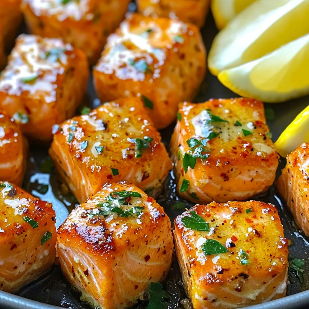 To make Air Fryer Garlic Butter Salmon Bites, gather these ingredients: - 1 lb fresh salmon fillet, skin removed and cut into bite-sized cubes - 3 tablespoons unsalted butter, melted - 4 cloves garlic, finely minced - 1 tablespoon fresh parsley, washed and chopped - 1 teaspoon lemon zest, freshly grated - 1/2 teaspoon paprika (smoked or sweet based on preference) - Salt and freshly ground black pepper to taste - Lemon wedges, for serving If you need to change an ingredient, here are some ideas: - Use olive oil instead of unsalted butter for a different flavor. - Substitute garlic powder for fresh garlic if you are short on time. - Dried parsley can replace fresh parsley if needed, but fresh gives a better taste. - Instead of lemon zest, use the juice of half a lemon for brightness. - You can use other fish, like trout or cod, if salmon is not available. Choose the best salmon for your dish with these tips: - Look for bright, vibrant colors. Fresh salmon should look pink or orange. - Check for a fresh, clean smell. There should be no fishy odor. - Feel the flesh; it should be firm and bounce back when pressed. - Ask your fishmonger for wild-caught salmon for the best flavor. - If possible, choose salmon with clear eyes and shiny skin; this indicates freshness. Start by gathering your ingredients. In a medium bowl, combine these items: - 3 tablespoons unsalted butter, melted - 4 cloves garlic, finely minced - 1 tablespoon fresh parsley, chopped - 1 teaspoon lemon zest - 1/2 teaspoon paprika - Salt and black pepper to taste Mix them well. This garlic butter marinade will give the salmon a rich flavor. The butter melts and combines with the garlic and spices, creating a fragrant mix. Take your fresh salmon fillet and cut it into bite-sized cubes. You need about 1 pound. Gently add the salmon cubes to the bowl with the marinade. Use a spatula or spoon to coat each piece. This step is key for flavor. Let the salmon marinate for 15 to 20 minutes. This time allows the flavors to soak in while you preheat your air fryer. Preheat your air fryer to 380°F (190°C) for about 5 minutes. This helps the salmon cook evenly. Once preheated, carefully place the marinated salmon bites in the air fryer basket. Make sure they do not touch each other. This keeps them from sticking and promotes even cooking. Air fry the salmon for 8 to 10 minutes. Halfway through, pause the air fryer to flip the bites. This step ensures browning on all sides. The salmon is done when it turns light golden and is fully cooked. Cooking times may vary, so keep an eye on it. When finished, remove the bites carefully. Place them on a serving plate. Garnish with extra parsley and lemon wedges for a fresh touch. Enjoy the garlic butter taste right away! To cook the salmon bites evenly, arrange them in a single layer. Make sure they do not touch each other. This helps hot air circulate freely and cooks each piece perfectly. If you have many bites, cook them in batches. It’s better than overcrowding the basket. Overcooking salmon can dry it out. To prevent this, check the salmon at the 8-minute mark. The fish should flake easily with a fork. If it still looks raw in the center, add a minute or two. Remember, it will continue to cook after you take it out. Always preheat your air fryer. This helps the salmon get that nice golden color. Adjust the cooking time based on the size of your salmon cubes. For smaller pieces, reduce the time slightly. Lastly, clean your air fryer basket after each use to keep it in good shape. {{image_4}} You can switch up the flavor of your salmon bites by adding herbs. Try dill for a fresh taste. Basil gives a sweet note, while thyme adds warmth. You can also use spices. Chili flakes bring heat, and cumin adds depth. If you don’t have an air fryer, no problem! You can bake your salmon bites in the oven. Set it to 400°F (200°C) and cook for 12-15 minutes. Broiling is another option. It gives a nice char; just keep an eye on it. You can also pan-sear the salmon in a skillet for a crispy crust. These salmon bites shine when served with fresh sides. A garden salad adds crunch and brightness. Pair with rice or quinoa for a filling meal. Don’t forget lemon wedges! They add a zesty kick. You can also serve them with a creamy dip, like tzatziki or garlic aioli, for extra flavor. After you enjoy your salmon bites, save the leftovers. Place them in an airtight container. They can stay fresh in the fridge for up to three days. Make sure they cool down before sealing the container. This helps keep them tasty and safe. To reheat your salmon bites, use the air fryer again. Set it to 350°F (175°C) for about 4-5 minutes. This method helps the salmon regain its crispy texture. You can also use a microwave, but be careful. Microwaving can make the salmon dry. You can freeze salmon bites if you have too many. Wrap them tightly in plastic wrap and then in foil. This helps avoid freezer burn. They can last up to three months in the freezer. When ready to eat, thaw them in the fridge overnight. Then, reheat as mentioned above. Refrigerating is best for short-term storage. Freezing works for longer storage needs. You can pair these salmon bites with many sides. Here are some great options: - Steamed vegetables: Broccoli or green beans add color and nutrition. - Rice or quinoa: These grains soak up the flavors well. - Salad: A fresh green salad with light dressing complements the dish. - Mashed potatoes: Creamy potatoes balance the garlic butter taste. Salmon is fully cooked when it flakes easily with a fork. Look for a light pink color in the center. The fish should not look raw. Use a food thermometer for best results. Aim for an internal temperature of 145°F (63°C). If it reaches this, you can enjoy it with confidence. Yes, you can use other fish for this recipe. Here are some good alternatives: - Trout: It has a mild flavor and cooks quickly. - Cod: This white fish is flaky and absorbs flavors well. - Tilapia: It is a budget-friendly option with a mild taste. Adjust cooking times based on the thickness and type of fish. Enjoy experimenting with flavors! You learned how to make delicious Air Fryer Garlic Butter Salmon Bites. We covered the key ingredients, cooking steps, and helpful tips to ensure your salmon turns out great. Remember to select fresh salmon, marinate well, and use your air fryer correctly. Feel free to try different herbs and pairings to mix things up. Proper storage also keeps your leftovers tasty. Now, enjoy your cooking and impress your friends with this easy and fun recipe!