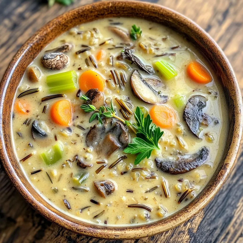 Here’s what you need to make this creamy mushroom wild rice soup: - 1 cup wild rice, thoroughly rinsed and drained - 1 tablespoon extra-virgin olive oil - 1 medium onion, finely chopped - 3 cloves garlic, freshly minced - 8 ounces (approximately 2 cups) mixed mushrooms, sliced (cremini and button varieties) - 2 medium-sized carrots, diced into small cubes - 2 celery stalks, diced evenly - 6 cups rich vegetable broth - 1 teaspoon dried thyme - 1 teaspoon dried rosemary - 1 bay leaf - 1 cup heavy cream or coconut cream (for a dairy-free alternative) - Salt and black pepper to taste - Fresh parsley, finely chopped (for garnish) Using fresh ingredients can give your soup a bright taste. Fresh mushrooms add great flavor and texture. You can use a mix of cremini and button mushrooms for depth. Fresh herbs like thyme and rosemary also bring more aroma. However, dried herbs still work well if fresh isn’t available. They are easy to store and have a long shelf life. If you have dietary needs, there are easy swaps. Use coconut cream instead of heavy cream for a dairy-free version. For gluten-free diets, this recipe is naturally safe as it uses wild rice. If you're vegan, use vegetable broth and coconut cream. You can also add tofu for protein. Always check labels for hidden allergens. Start by preparing your vegetables. First, chop one medium onion finely. Next, mince three cloves of garlic. Slice about eight ounces of mixed mushrooms—cremini and button work great. Dice two medium carrots into small cubes and chop two celery stalks evenly. In a medium skillet, heat one tablespoon of extra-virgin olive oil over medium heat. Add the chopped onion and sauté it for about five minutes. You want the onion to be soft and translucent. Next, add the minced garlic, sliced mushrooms, diced carrots, and diced celery. Sauté this mix for another five minutes until the mushrooms are tender and smell amazing. Once you finish sautéing, transfer this vegetable medley to the slow cooker. Now, let’s cook the soup! To your slow cooker, add one cup of rinsed wild rice. Pour in six cups of rich vegetable broth. Add one teaspoon of dried thyme, one teaspoon of dried rosemary, and one bay leaf. Stir everything well to mix the ingredients. Cover the slow cooker. You can set it on low for four to five hours or high for two to three hours. Cook until the wild rice is tender and fully cooked. When the cooking time is up, it’s time for the final touches. Stir in one cup of heavy cream or coconut cream for a dairy-free option. Season the soup with salt and black pepper to taste. Before serving, remember to remove the bay leaf. Ladle the creamy soup into individual bowls. To make it beautiful, garnish each bowl with some fresh, chopped parsley. Enjoy your delicious soup! To get the best creamy texture in your soup, use heavy cream or coconut cream. Add it at the end of cooking. This way, it mixes well without curdling. If you want a lighter feel, use half-and-half. Whisk it in gently. If you want to make it vegan, stick to coconut cream. It adds a nice flavor too. Cooking wild rice well is key. Always rinse it first. This removes extra starch and helps it cook evenly. Add it to the slow cooker with the broth. Let it cook until tender; this usually takes 4 to 5 hours on low. Check it near the end. If it’s still tough, give it a bit more time. Want to amp up the taste? Add fresh herbs like thyme or parsley. You can also try a pinch of nutmeg for warmth. If you like a kick, add red pepper flakes. These extras can really make your soup shine. Experiment to find your favorite combo. Each tweak can lead to a delightful surprise. {{image_4}} You can easily make this soup vegan. Simply replace heavy cream with coconut cream. It gives a nice, rich taste without the dairy. Use vegetable broth to keep it plant-based. The mushrooms and wild rice add depth, ensuring you won’t miss the dairy. This option is tasty and kind to your tummy. Want to add protein? You can toss in cooked chicken or tofu. If you use chicken, shred it and add it at the end. It warms up quickly in the soup. For tofu, use firm or extra-firm. Cut it into cubes and add it during cooking. Both options will make your soup heartier. This soup loves extra veggies! You can add spinach, kale, or peas for a burst of color and flavor. Just chop them up and stir them in before serving. They’ll add nutrition and freshness. If you have leftover veggies from your fridge, throw them in too. This soup is very flexible and will adapt to what you have on hand. To store your leftover soup, let it cool first. Use airtight containers for best results. You can keep it in the fridge for easy access. If you want to save it longer, consider freezing some. Keep the soup in single servings to make reheating easier. When freezing, make sure to leave some space in the container. The soup will expand as it freezes. When you’re ready to enjoy it, thaw the soup overnight in the fridge. To reheat, either use the stovetop or microwave. Heat it slowly to avoid burning. Stir often to ensure even warmth. Mushroom soup lasts about 3 to 4 days in the fridge. Keep an eye out for any signs of spoilage. If it smells off or has strange colors, it's best to throw it away. Always trust your senses when it comes to food safety. Yes, you can use long-grain rice. However, the soup will taste different. Wild rice has a nutty flavor and chewy texture. Long-grain rice cooks faster. So, if you use it, check for doneness early. If your soup is too thin, try a few methods. You can mix a tablespoon of cornstarch with cold water. Stir this into the soup and let it simmer. Another option is to blend a cup of soup, then return it to the pot. This adds body without changing the taste. This soup pairs well with many sides. You can serve it with crusty bread. A simple salad adds freshness. Grilled cheese also makes a great match. Try garlic bread for a tasty twist. Each option adds flavor and makes your meal special. This post explored the key ingredients and steps to make a delicious soup. You learned how fresh ingredients can elevate flavors. We discussed tips for a creamy texture and variations for every diet. Proper storage methods keep the soup fresh longer. In the end, making soup is fun and flexible. You can adapt it to your taste or dietary needs. Now, gather your ingredients and enjoy the cooking process!