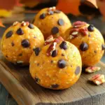 To make No-Bake Pumpkin Cheesecake Energy Balls, you need these simple ingredients: - 1 cup rolled oats - 1/2 cup pumpkin puree - 1/4 cup cream cheese, softened - 1/4 cup pure maple syrup - 1/2 teaspoon vanilla extract - 1/2 teaspoon ground cinnamon - 1/4 teaspoon ground nutmeg - 1/4 cup chopped pecans (optional) - 1/4 cup mini chocolate chips (optional) These ingredients blend together to create a tasty treat that’s easy to make. You can swap some ingredients if you need to: - Rolled oats: Use quick oats for a smoother texture. - Pumpkin puree: Substitute with sweet potato or butternut squash puree. - Cream cheese: Greek yogurt works well for a lighter option. - Maple syrup: Honey or agave syrup can replace maple syrup. - Chopped pecans: Try walnuts or almonds for a different crunch. - Mini chocolate chips: Use dried fruit or seeds for a healthier mix. These swaps keep the energy balls delicious while catering to your taste or needs. Each energy ball offers a balanced mix of nutrients: - Calories: About 80 per ball - Protein: 2 grams - Carbohydrates: 10 grams - Fat: 4 grams - Fiber: 1.5 grams - Sugar: 2 grams These energy balls are not only tasty but also provide some good energy for your day. Enjoy them as a snack or a sweet treat! To make these no-bake pumpkin cheesecake energy balls, start by gathering all your ingredients. You need rolled oats, pumpkin puree, cream cheese, maple syrup, and vanilla extract. First, take a large mixing bowl. Add the rolled oats, pumpkin puree, softened cream cheese, maple syrup, and vanilla extract. Use a spatula or fork to mix until everything blends well. Next, add ground cinnamon and nutmeg. These spices give a warm, cozy flavor. Stir well to mix them in evenly. If you want a bit of crunch, fold in chopped pecans. For a sweet touch, add mini chocolate chips. Mix until all ingredients are evenly combined. When shaping the energy balls, keep your hands clean and slightly damp. This helps prevent sticking. Use about one tablespoon of the mixture for each ball. Roll it in your palms until you get a nice round shape. Try to make the balls uniform in size. This ensures they chill evenly. Line a baking sheet with parchment paper. Place the shaped balls on it, leaving space between each one. Now it’s time to chill your energy balls. Place the baking sheet in the refrigerator for at least 30 minutes. Chilling firms them up, making them easier to eat. Once chilled, move the energy balls to an airtight container. Store them in the fridge. They stay fresh for up to one week. For serving, arrange the energy balls in a decorative bowl. You can add a small dish of maple syrup for dipping. This makes a fun and tasty snack for any occasion! To make the best No-Bake Pumpkin Cheesecake Energy Balls, start with fresh ingredients. Use rolled oats for a chewy base. Ensure the cream cheese is soft for easy mixing. Combine all wet ingredients first to avoid lumps. Adjust the sweetness by adding more maple syrup if needed. When shaping the balls, keep them uniform for even chilling. Many people skip chilling the energy balls. This step is key for firm texture. Another mistake is not mixing spices well. Uneven spice distribution can lead to bland bites. Be careful when adding optional ingredients like nuts or chocolate chips. Too much can change the texture and flavor balance. Want to take your energy balls up a notch? Try adding a scoop of protein powder. This boosts nutrition and keeps you full. You can also mix in different spices, like ginger or allspice, for a unique twist. For a crunchy texture, use nuts like walnuts or almonds. Drizzle some melted dark chocolate on top for a sweet finish. {{image_4}} You can change the flavor of your energy balls easily. Try using different nuts like almonds or walnuts. Each nut adds its unique taste and crunch. You can also swap spices. Instead of cinnamon, use ginger for a spicy kick. Or mix in some pumpkin pie spice for an extra fall flavor. Adding dried fruit, like cranberries or raisins, gives a sweet twist. Don’t forget about the chocolate! Dark chocolate chips or white chocolate can make them even more fun. Making these energy balls fit your diet is simple. For a gluten-free option, use certified gluten-free oats. This keeps your snack safe and tasty. If you want a vegan version, replace cream cheese with a plant-based cream cheese. Maple syrup is already vegan, so you’re good to go. You can also use nut butters like almond or peanut instead of cream cheese for a new texture and flavor. Just be sure to check for allergies. You can change these energy balls with the seasons. In fall, add apple spice or cranberries. In winter, try peppermint extract for a festive touch. For summer, add coconut flakes and a splash of lime juice. You can also use fresh fruit like strawberries or blueberries when they are in season. Each season brings new flavors to explore, making your energy balls exciting all year round! To keep your No-Bake Pumpkin Cheesecake Energy Balls fresh, store them in an airtight container. Place a piece of parchment paper between layers if stacking. This keeps them from sticking together. Always keep them in the refrigerator for best results. You can freeze these energy balls for later use. First, place them on a baking sheet in a single layer. Freeze them for about two hours until firm. Once frozen, transfer them to a freezer bag or container. Label it with the date and use within three months for the best flavor. These energy balls stay fresh for up to one week in the fridge. If you want to enjoy them longer, freezing is the way to go. Always check for any signs of spoilage before eating. If they smell off or look different, it’s best to toss them. Enjoy your tasty snack while it lasts! Yes, you can use different nut butters. Almond butter, sunflower seed butter, or cashew butter all work well. Each option gives a unique taste. Choose one that you love. Make sure it has a smooth texture for the best results. These energy balls last up to one week in the fridge. Store them in an airtight container. They will stay fresh and tasty. If you want to keep them longer, freeze them for up to three months. Just remember to let them thaw before eating. Yes, they are great for kids! They are healthy and fun to eat. The flavors of pumpkin and spices will delight young taste buds. Plus, they are easy to grab for snacks or lunch boxes. Just check for any nut allergies before serving. This article covered how to make energy balls from scratch. You learned about the ingredients, easy steps for prep, and tips to avoid mistakes. We discussed flavor variations and suitable storage methods. Remember, making these snacks is fun and easy. You can adapt them to your taste and diet. Enjoy experimenting with new flavors and sharing them with others. Trust me, your energy balls will be a hit! Now it’s your turn to get started and make some tasty treats!