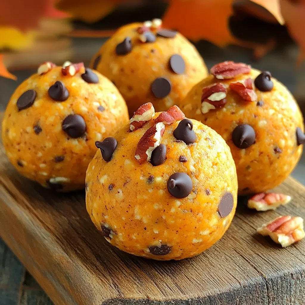 To make No-Bake Pumpkin Cheesecake Energy Balls, you need these simple ingredients: - 1 cup rolled oats - 1/2 cup pumpkin puree - 1/4 cup cream cheese, softened - 1/4 cup pure maple syrup - 1/2 teaspoon vanilla extract - 1/2 teaspoon ground cinnamon - 1/4 teaspoon ground nutmeg - 1/4 cup chopped pecans (optional) - 1/4 cup mini chocolate chips (optional) These ingredients blend together to create a tasty treat that’s easy to make. You can swap some ingredients if you need to: - Rolled oats: Use quick oats for a smoother texture. - Pumpkin puree: Substitute with sweet potato or butternut squash puree. - Cream cheese: Greek yogurt works well for a lighter option. - Maple syrup: Honey or agave syrup can replace maple syrup. - Chopped pecans: Try walnuts or almonds for a different crunch. - Mini chocolate chips: Use dried fruit or seeds for a healthier mix. These swaps keep the energy balls delicious while catering to your taste or needs. Each energy ball offers a balanced mix of nutrients: - Calories: About 80 per ball - Protein: 2 grams - Carbohydrates: 10 grams - Fat: 4 grams - Fiber: 1.5 grams - Sugar: 2 grams These energy balls are not only tasty but also provide some good energy for your day. Enjoy them as a snack or a sweet treat! To make these no-bake pumpkin cheesecake energy balls, start by gathering all your ingredients. You need rolled oats, pumpkin puree, cream cheese, maple syrup, and vanilla extract. First, take a large mixing bowl. Add the rolled oats, pumpkin puree, softened cream cheese, maple syrup, and vanilla extract. Use a spatula or fork to mix until everything blends well. Next, add ground cinnamon and nutmeg. These spices give a warm, cozy flavor. Stir well to mix them in evenly. If you want a bit of crunch, fold in chopped pecans. For a sweet touch, add mini chocolate chips. Mix until all ingredients are evenly combined. When shaping the energy balls, keep your hands clean and slightly damp. This helps prevent sticking. Use about one tablespoon of the mixture for each ball. Roll it in your palms until you get a nice round shape. Try to make the balls uniform in size. This ensures they chill evenly. Line a baking sheet with parchment paper. Place the shaped balls on it, leaving space between each one. Now it’s time to chill your energy balls. Place the baking sheet in the refrigerator for at least 30 minutes. Chilling firms them up, making them easier to eat. Once chilled, move the energy balls to an airtight container. Store them in the fridge. They stay fresh for up to one week. For serving, arrange the energy balls in a decorative bowl. You can add a small dish of maple syrup for dipping. This makes a fun and tasty snack for any occasion! To make the best No-Bake Pumpkin Cheesecake Energy Balls, start with fresh ingredients. Use rolled oats for a chewy base. Ensure the cream cheese is soft for easy mixing. Combine all wet ingredients first to avoid lumps. Adjust the sweetness by adding more maple syrup if needed. When shaping the balls, keep them uniform for even chilling. Many people skip chilling the energy balls. This step is key for firm texture. Another mistake is not mixing spices well. Uneven spice distribution can lead to bland bites. Be careful when adding optional ingredients like nuts or chocolate chips. Too much can change the texture and flavor balance. Want to take your energy balls up a notch? Try adding a scoop of protein powder. This boosts nutrition and keeps you full. You can also mix in different spices, like ginger or allspice, for a unique twist. For a crunchy texture, use nuts like walnuts or almonds. Drizzle some melted dark chocolate on top for a sweet finish. {{image_4}} You can change the flavor of your energy balls easily. Try using different nuts like almonds or walnuts. Each nut adds its unique taste and crunch. You can also swap spices. Instead of cinnamon, use ginger for a spicy kick. Or mix in some pumpkin pie spice for an extra fall flavor. Adding dried fruit, like cranberries or raisins, gives a sweet twist. Don’t forget about the chocolate! Dark chocolate chips or white chocolate can make them even more fun. Making these energy balls fit your diet is simple. For a gluten-free option, use certified gluten-free oats. This keeps your snack safe and tasty. If you want a vegan version, replace cream cheese with a plant-based cream cheese. Maple syrup is already vegan, so you’re good to go. You can also use nut butters like almond or peanut instead of cream cheese for a new texture and flavor. Just be sure to check for allergies. You can change these energy balls with the seasons. In fall, add apple spice or cranberries. In winter, try peppermint extract for a festive touch. For summer, add coconut flakes and a splash of lime juice. You can also use fresh fruit like strawberries or blueberries when they are in season. Each season brings new flavors to explore, making your energy balls exciting all year round! To keep your No-Bake Pumpkin Cheesecake Energy Balls fresh, store them in an airtight container. Place a piece of parchment paper between layers if stacking. This keeps them from sticking together. Always keep them in the refrigerator for best results. You can freeze these energy balls for later use. First, place them on a baking sheet in a single layer. Freeze them for about two hours until firm. Once frozen, transfer them to a freezer bag or container. Label it with the date and use within three months for the best flavor. These energy balls stay fresh for up to one week in the fridge. If you want to enjoy them longer, freezing is the way to go. Always check for any signs of spoilage before eating. If they smell off or look different, it’s best to toss them. Enjoy your tasty snack while it lasts! Yes, you can use different nut butters. Almond butter, sunflower seed butter, or cashew butter all work well. Each option gives a unique taste. Choose one that you love. Make sure it has a smooth texture for the best results. These energy balls last up to one week in the fridge. Store them in an airtight container. They will stay fresh and tasty. If you want to keep them longer, freeze them for up to three months. Just remember to let them thaw before eating. Yes, they are great for kids! They are healthy and fun to eat. The flavors of pumpkin and spices will delight young taste buds. Plus, they are easy to grab for snacks or lunch boxes. Just check for any nut allergies before serving. This article covered how to make energy balls from scratch. You learned about the ingredients, easy steps for prep, and tips to avoid mistakes. We discussed flavor variations and suitable storage methods. Remember, making these snacks is fun and easy. You can adapt them to your taste and diet. Enjoy experimenting with new flavors and sharing them with others. Trust me, your energy balls will be a hit! Now it’s your turn to get started and make some tasty treats!