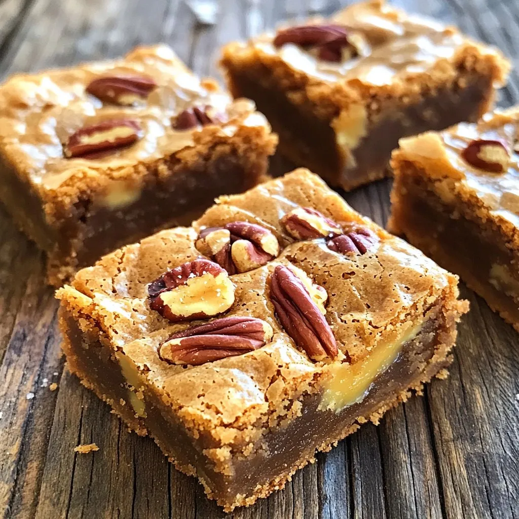 - 1 cup unsalted butter - 1 1/2 cups packed brown sugar - 1/2 cup granulated sugar - 1/4 cup pure maple syrup - 2 large eggs - 2 teaspoons pure vanilla extract - 2 cups all-purpose flour - 1 teaspoon baking soda - 1/2 teaspoon salt - 1 cup pecans, coarsely chopped - 1/2 cup chocolate chips (optional) Brown butter is the star here. It adds a nutty flavor that makes these blondies shine. Start with one cup of unsalted butter. Melt it in a saucepan until it turns golden brown. This process takes about five to seven minutes. You’ll also need both brown and granulated sugar. Use one and a half cups of brown sugar for richness. Add half a cup of granulated sugar to balance the sweetness. Maple syrup gives these blondies a lovely depth. A quarter cup of pure maple syrup is perfect. It adds a hint of sweetness and flavor that pairs well with the nuts. Two large eggs will make the blondies moist and rich. Don’t forget two teaspoons of pure vanilla extract for that warm, sweet aroma. For the base, use two cups of all-purpose flour, along with one teaspoon of baking soda. This helps the blondies rise. A half teaspoon of salt brings all the flavors together. Finally, coarsely chop one cup of pecans. They add a crunchy texture. You can mix in half a cup of chocolate chips if you want to boost the sweetness. Gather all these ingredients before you start. Each one plays a vital role in making your blondies delightful. - Preheat your oven to 350°F (175°C). - Prepare an 8x8 inch baking pan by greasing it lightly. You can also line it with parchment paper. This helps with easy removal later. - In a medium saucepan, add 1 cup of unsalted butter. - Melt the butter over medium heat. - Stir it often, watching it change to a golden brown color. - This will take about 5-7 minutes. - Remove it from heat and let it cool slightly. - In a large bowl, pour in the brown butter. - Add 1 1/2 cups of packed brown sugar, 1/2 cup of granulated sugar, and 1/4 cup of pure maple syrup. - Whisk these together until smooth and well blended. - Crack in 2 large eggs, whisking well after each egg. - Stir in 2 teaspoons of pure vanilla extract to boost the taste. - In another bowl, whisk together 2 cups of flour, 1 teaspoon of baking soda, and 1/2 teaspoon of salt. - Slowly mix the dry ingredients into the wet mixture. Stir gently until just combined to avoid overmixing. - Take a spatula and fold in 1 cup of coarsely chopped pecans. - If you like, add 1/2 cup of chocolate chips for extra sweetness. Make sure they mix well. - Pour the batter into the prepared pan. Use the spatula to spread it evenly. - Place the pan in the oven and bake for 25-30 minutes. - The blondies are ready when the edges look golden brown. - A toothpick inserted into the center should come out clean, with a few moist crumbs being okay. - After baking, let the blondies cool in the pan for about 10 minutes. - Then, transfer them to a wire rack to cool completely. - Cut into 16 squares. - For serving, warm them up a bit and drizzle with extra maple syrup. - A sprinkle of flaky sea salt adds a nice touch. - For a treat, serve with a scoop of creamy vanilla ice cream. To get great blondies, avoid overmixing. Mix just until the wet and dry parts blend. This helps keep your blondies soft and chewy. If you mix too much, they may turn out tough. Baking time is also key. Keep an eye on them as they bake. At 25 minutes, check with a toothpick. If it comes out clean, they are ready. A few moist crumbs are okay. You can swap ingredients based on allergies or taste. For nut allergies, use seeds instead of pecans. Sunflower seeds work well and add a nice crunch. If you want a different flavor, try using almond extract instead of vanilla. This gives a new twist to the taste. You can also use dark brown sugar for a richer flavor. For more depth, add spices like cinnamon or nutmeg. Just a pinch can change the flavor. You could also add a splash of bourbon for a fun kick. Experiment with different extracts too. A bit of maple extract can boost the maple flavor. This will make your blondies even more delightful. {{image_4}} You can change up the flavors in your brown butter maple pecan blondies. One easy way is to add other nuts. Try walnuts or hazelnuts for a fun twist. They add a nice crunch and flavor. Seasonal flavors are great too. In fall, add pumpkin spice or cinnamon. In spring, use lemon zest for a fresh taste. Each variation brings a new layer of delight. You can make these blondies vegan. Use coconut oil or vegan butter instead of regular butter. Replace the eggs with flax eggs or applesauce. For a gluten-free version, swap all-purpose flour with almond flour or a gluten-free blend. Both options keep the texture and taste yummy. Serving these blondies can be fun. Pair them warm with a scoop of vanilla ice cream. A drizzle of maple syrup makes them even better. You can also sprinkle some flaky sea salt on top. For a creative touch, cut the blondies into fun shapes or serve them in cupcake liners. These ideas make your treat look fancy and taste amazing. Store your Brown Butter Maple Pecan Blondies in an airtight container. Keep them at room temperature for up to three days. This helps maintain their soft texture and rich flavor. If you prefer, you can refrigerate them. This will keep them fresh for up to a week. Just remember, the cold may change their texture a bit. For the best taste, eat them at room temperature. Use a glass or plastic container with a tight lid. This prevents air from drying them out. You can also layer parchment paper between the blondies if you stack them. This keeps them from sticking together. Freezing blondies is a great way to save some for later. First, let them cool completely. Once cooled, cut them into squares. Wrap each square tightly in plastic wrap. Then, place them in a freezer-safe bag or container. This helps avoid freezer burn and keeps them tasting fresh. To thaw, take out the blondies you want. Leave them in the fridge overnight or at room temperature for a few hours. You can also warm them in the microwave for a few seconds. This brings back their gooey goodness. Enjoy them as a sweet treat anytime! Blondies have a sweet, buttery flavor. They use brown sugar and no cocoa. Brownies are chocolatey and rich because they include cocoa powder. Blondies are dense and chewy, while brownies can be fudgy or cakey. Blondies often have a caramel-like taste from the brown sugar. Yes, you can make these blondies gluten-free! Just swap regular flour with a gluten-free flour blend. Look for a blend that contains xanthan gum. This helps the blondies hold together. Check if the edges turn golden brown. Insert a toothpick into the center. If it comes out clean or with a few crumbs, they are done. If the toothpick has wet batter, bake for a few more minutes. Absolutely! You can use walnuts, almonds, or even macadamia nuts. Each nut adds its own flavor and crunch. Just chop them coarsely before folding them into the batter. These blondies last about five days at room temperature. Store them in an airtight container to keep them fresh. If you want them to last longer, freeze them. They can stay good for up to three months in the freezer. This blog post covered the key elements to make delicious blondies. We talked about the important ingredients, like brown butter and maple syrup, and how to mix them perfectly. I shared tips to avoid overmixing and included fun variations for your taste. Don’t forget to store them well to enjoy later. Now, you're ready to bake your own batch of sweet, chewy blondies. Happy baking!