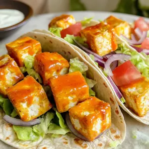 - 1 block (14 oz) firm tofu, drained and pressed - 1/2 cup buffalo sauce - 1 tablespoon olive oil - 1 teaspoon garlic powder - 1 teaspoon onion powder - Salt and pepper to taste - 4 large whole wheat tortillas or wraps - 1 cup lettuce, shredded - 1/2 cup diced tomatoes - 1/4 cup red onion, thinly sliced - 1/2 cup vegan ranch dressing (optional) When making Air Fryer Buffalo Tofu Wraps, gather your ingredients first. This helps keep things organized. Start with firm tofu. I recommend using a block of 14 oz. Drain and press it well to remove extra moisture. This step is key for a crispy texture. Next, you need buffalo sauce. Choose a brand that you enjoy. A half cup will add that spicy kick. Olive oil is also essential. Just one tablespoon will help the tofu crisp up nicely. For seasoning, garlic powder and onion powder are must-haves. Each one teaspoon adds great flavor. Don’t forget to season with salt and pepper to taste. Now for the wrap, pick four large whole wheat tortillas. They will hold all the tasty filling. You’ll also want one cup of shredded lettuce for crunch. Diced tomatoes and thinly sliced red onion add freshness. If you like it creamy, add half a cup of vegan ranch dressing on top. This combination of ingredients makes for a flavorful and easy meal. Start by cutting the pressed tofu into bite-sized cubes. This shape helps the tofu cook evenly. Use a sharp knife for clean cuts. Next, mix the seasonings. In a large bowl, combine the tofu cubes with olive oil, garlic powder, onion powder, salt, and pepper. Toss everything well, ensuring each piece is coated. This step makes the tofu flavorful. Now, preheat your air fryer to 375°F (190°C). Preheating is key for a good crisp. Once preheated, put the seasoned tofu in a single layer in the basket. Cook the tofu for 15 to 18 minutes. Shake the basket halfway through. This helps the tofu cook evenly. You want it crispy and golden brown. Lay a tortilla flat on a clean surface. In the center, add a layer of shredded lettuce. This keeps the wrap fresh. Next, add the buffalo-flavored tofu on top. Then, sprinkle on diced tomatoes and sliced red onion. If you like, drizzle some vegan ranch dressing for creaminess. To wrap it up, fold the sides of the tortilla inward first. Then roll it tightly from the bottom to the top. This keeps all the filling inside. For a nice touch, slice the wraps in half diagonally. Serve them with extra buffalo sauce or vegan ranch for dipping. Enjoy your tasty meal! - To get the best texture, start with firm tofu. - Drain and press the tofu to remove excess water. This helps it crisp up. - Cut the tofu into bite-sized cubes for even cooking. - Cook your tofu at 375°F (190°C) in the air fryer. - Shake the basket halfway to ensure all sides get crispy. - For the best buffalo sauce, try Frank's RedHot or any other brand you love. - Add a splash of lime juice for a zesty kick. - You can sprinkle some smoked paprika for a richer taste. - Mixing in some chopped green onions adds freshness. - Slice your wraps in half diagonally for a nice look. - Serve them on a colorful plate for a fun vibe. - Add extra buffalo sauce or ranch dressing for dipping. - Pair with carrot and celery sticks for crunch and color. {{image_4}} You can change the protein in these wraps. Tempeh is a great choice. It has a nutty taste and can soak up the buffalo sauce well. Seitan works too; it has a chewy texture that mimics meat. If you prefer non-vegan options, use chicken or turkey. Just cook them until they are golden and toss them with the buffalo sauce. Want to make these wraps gluten-free? Look for gluten-free tortillas. They taste just as good! You can also add different veggies. Try bell peppers, cucumbers, or carrots for a crunchy bite. These swaps make your wraps colorful and tasty. Do you like it spicy? Add more buffalo sauce to heat things up. For milder heat, mix the sauce with some ranch dressing. Want more flavors? Top your wraps with avocado, cilantro, or jalapeños. Each topping brings a new taste and makes your meal exciting. To keep your Air Fryer Buffalo Tofu Wraps fresh, store them in the fridge. Wrap them tightly in plastic wrap or place them in an airtight container. This helps prevent them from drying out. They will stay good for about 3 days. If you want to save them longer, you can freeze the wraps. Just make sure to wrap each one in foil or freezer-safe bags. They can last up to 3 months in the freezer. To reheat your wraps, the air fryer gives the best results. Preheat the air fryer to 350°F (175°C). Place the wraps in a single layer and heat for about 5-7 minutes. This brings back the crispiness. You can also reheat them in a microwave for a quicker option. Just place the wraps on a plate and cover with a damp paper towel. Heat for about 1-2 minutes. However, this method may make the wraps less crispy. You can tell when the tofu is cooked by its texture and color. Perfectly crispy tofu has a golden-brown outer layer. It should feel firm when you press it. The edges should look crunchy, while the inside stays soft. If your tofu meets these signs, it's ready to enjoy. Yes, you can prep this recipe ahead of time. Cut and season the tofu a day before. Store it in the fridge until you are ready to cook. You can also assemble the wraps early. Just keep the components separate to avoid sogginess. Combine them right before serving for the best taste. You can serve many tasty sides with these wraps. Here are some ideas: - Fresh vegetable sticks like carrots and celery. - A crunchy side salad with your favorite dressing. - Sweet potato fries for a fun twist. - Homemade coleslaw for a creamy contrast. These sides pair well and add more flavor to your meal. This blog post covered a tasty air fryer buffalo tofu wrap recipe. You learned about key ingredients like firm tofu and buffalo sauce. I shared steps to prepare, cook, and assemble the wraps. You also got tips for texture and flavor boosts. In closing, this dish is simple, fun, and customizable. Enjoy experimenting with different proteins and veggies. Make it your own and enjoy every bite.