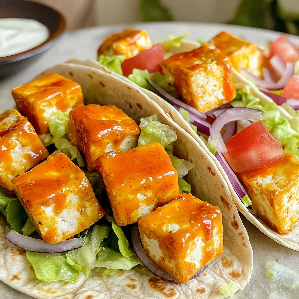 - 1 block (14 oz) firm tofu, drained and pressed - 1/2 cup buffalo sauce - 1 tablespoon olive oil - 1 teaspoon garlic powder - 1 teaspoon onion powder - Salt and pepper to taste - 4 large whole wheat tortillas or wraps - 1 cup lettuce, shredded - 1/2 cup diced tomatoes - 1/4 cup red onion, thinly sliced - 1/2 cup vegan ranch dressing (optional) When making Air Fryer Buffalo Tofu Wraps, gather your ingredients first. This helps keep things organized. Start with firm tofu. I recommend using a block of 14 oz. Drain and press it well to remove extra moisture. This step is key for a crispy texture. Next, you need buffalo sauce. Choose a brand that you enjoy. A half cup will add that spicy kick. Olive oil is also essential. Just one tablespoon will help the tofu crisp up nicely. For seasoning, garlic powder and onion powder are must-haves. Each one teaspoon adds great flavor. Don’t forget to season with salt and pepper to taste. Now for the wrap, pick four large whole wheat tortillas. They will hold all the tasty filling. You’ll also want one cup of shredded lettuce for crunch. Diced tomatoes and thinly sliced red onion add freshness. If you like it creamy, add half a cup of vegan ranch dressing on top. This combination of ingredients makes for a flavorful and easy meal. Start by cutting the pressed tofu into bite-sized cubes. This shape helps the tofu cook evenly. Use a sharp knife for clean cuts. Next, mix the seasonings. In a large bowl, combine the tofu cubes with olive oil, garlic powder, onion powder, salt, and pepper. Toss everything well, ensuring each piece is coated. This step makes the tofu flavorful. Now, preheat your air fryer to 375°F (190°C). Preheating is key for a good crisp. Once preheated, put the seasoned tofu in a single layer in the basket. Cook the tofu for 15 to 18 minutes. Shake the basket halfway through. This helps the tofu cook evenly. You want it crispy and golden brown. Lay a tortilla flat on a clean surface. In the center, add a layer of shredded lettuce. This keeps the wrap fresh. Next, add the buffalo-flavored tofu on top. Then, sprinkle on diced tomatoes and sliced red onion. If you like, drizzle some vegan ranch dressing for creaminess. To wrap it up, fold the sides of the tortilla inward first. Then roll it tightly from the bottom to the top. This keeps all the filling inside. For a nice touch, slice the wraps in half diagonally. Serve them with extra buffalo sauce or vegan ranch for dipping. Enjoy your tasty meal! - To get the best texture, start with firm tofu. - Drain and press the tofu to remove excess water. This helps it crisp up. - Cut the tofu into bite-sized cubes for even cooking. - Cook your tofu at 375°F (190°C) in the air fryer. - Shake the basket halfway to ensure all sides get crispy. - For the best buffalo sauce, try Frank's RedHot or any other brand you love. - Add a splash of lime juice for a zesty kick. - You can sprinkle some smoked paprika for a richer taste. - Mixing in some chopped green onions adds freshness. - Slice your wraps in half diagonally for a nice look. - Serve them on a colorful plate for a fun vibe. - Add extra buffalo sauce or ranch dressing for dipping. - Pair with carrot and celery sticks for crunch and color. {{image_4}} You can change the protein in these wraps. Tempeh is a great choice. It has a nutty taste and can soak up the buffalo sauce well. Seitan works too; it has a chewy texture that mimics meat. If you prefer non-vegan options, use chicken or turkey. Just cook them until they are golden and toss them with the buffalo sauce. Want to make these wraps gluten-free? Look for gluten-free tortillas. They taste just as good! You can also add different veggies. Try bell peppers, cucumbers, or carrots for a crunchy bite. These swaps make your wraps colorful and tasty. Do you like it spicy? Add more buffalo sauce to heat things up. For milder heat, mix the sauce with some ranch dressing. Want more flavors? Top your wraps with avocado, cilantro, or jalapeños. Each topping brings a new taste and makes your meal exciting. To keep your Air Fryer Buffalo Tofu Wraps fresh, store them in the fridge. Wrap them tightly in plastic wrap or place them in an airtight container. This helps prevent them from drying out. They will stay good for about 3 days. If you want to save them longer, you can freeze the wraps. Just make sure to wrap each one in foil or freezer-safe bags. They can last up to 3 months in the freezer. To reheat your wraps, the air fryer gives the best results. Preheat the air fryer to 350°F (175°C). Place the wraps in a single layer and heat for about 5-7 minutes. This brings back the crispiness. You can also reheat them in a microwave for a quicker option. Just place the wraps on a plate and cover with a damp paper towel. Heat for about 1-2 minutes. However, this method may make the wraps less crispy. You can tell when the tofu is cooked by its texture and color. Perfectly crispy tofu has a golden-brown outer layer. It should feel firm when you press it. The edges should look crunchy, while the inside stays soft. If your tofu meets these signs, it's ready to enjoy. Yes, you can prep this recipe ahead of time. Cut and season the tofu a day before. Store it in the fridge until you are ready to cook. You can also assemble the wraps early. Just keep the components separate to avoid sogginess. Combine them right before serving for the best taste. You can serve many tasty sides with these wraps. Here are some ideas: - Fresh vegetable sticks like carrots and celery. - A crunchy side salad with your favorite dressing. - Sweet potato fries for a fun twist. - Homemade coleslaw for a creamy contrast. These sides pair well and add more flavor to your meal. This blog post covered a tasty air fryer buffalo tofu wrap recipe. You learned about key ingredients like firm tofu and buffalo sauce. I shared steps to prepare, cook, and assemble the wraps. You also got tips for texture and flavor boosts. In closing, this dish is simple, fun, and customizable. Enjoy experimenting with different proteins and veggies. Make it your own and enjoy every bite.