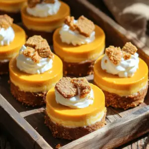 To make these bites, gather these key ingredients: - 1 cup Biscoff cookies, finely crushed - 1/2 cup unsalted butter, melted - 1 cup cream cheese, softened to room temperature - 1 cup pumpkin puree (canned or homemade) - 1/2 cup powdered sugar - 1 teaspoon vanilla extract - 1 teaspoon pumpkin pie spice - A pinch of salt Each ingredient plays an important role in the flavor and texture. The Biscoff cookies give a sweet, spiced base. Cream cheese and pumpkin provide creaminess and richness. The spices add warmth and depth. For a little extra flair, consider these garnishes: - Additional Biscoff cookies, crumbled - Whipped cream Crumbling extra Biscoff cookies adds a crunchy texture. Whipped cream makes the bites even creamier. These add-ons enhance the visual appeal and taste. If you need substitutions, here are some ideas: - Use graham crackers instead of Biscoff cookies for the crust. - Swap cream cheese with Greek yogurt for a lighter option. - Replace powdered sugar with honey or maple syrup for natural sweetness. These substitutions can change the flavor slightly but will still create a tasty treat. Feel free to experiment based on your preferences or dietary needs. To make the crust, start with 1 cup of Biscoff cookies. Crush them finely in a bowl. Next, melt 1/2 cup of unsalted butter. Mix the melted butter with the cookie crumbs until they are fully coated. This mix will hold together well. Use clean hands or a spoon to press the mix into mini muffin tins or silicone molds. Make sure the layer is even and firm. After pressing, chill them in the fridge. This helps the crust set while you make the filling. Now it’s time for the filling. In a large bowl, add 1 cup of softened cream cheese. Use an electric mixer to beat it until it is smooth. Gradually add in 1 cup of pumpkin puree, 1/2 cup of powdered sugar, 1 teaspoon of vanilla extract, and 1 teaspoon of pumpkin pie spice. Don’t forget a pinch of salt! Mix everything together until it is light and fluffy. This filling should taste like fall! Take your chilled crusts from the fridge. Carefully spoon the pumpkin cream cheese filling into each mold. Use a spatula to smooth the tops. Make sure each bite is filled to the top. Once filled, place the molds back in the fridge. Let them chill for about 2-3 hours. This helps them set and become firm. When they are ready, gently pop them out of the molds. If you used silicone molds, they should come out easily. Enjoy your delightful treats! When mixing your ingredients, always start with room-temperature cream cheese. This helps it blend smoothly. Use an electric mixer for the best results. Mix until the filling is light and fluffy. Once mixed, fill your molds right away to keep the mixture fresh. After filling, chill the molds for at least 2-3 hours. This step is key to setting the bites nicely. For a creamy texture, ensure you blend the filling well. The pumpkin puree and cream cheese should be fully combined. Use a spatula to pack the mixture into the molds. This helps prevent air pockets, which can make the bites uneven. If the bites seem too soft after chilling, they may need more time in the fridge. Serve these bites on a colorful platter for a festive look. Crumble extra Biscoff cookies on top for added crunch. You can also add a dollop of whipped cream for extra creaminess. If you're feeling creative, sprinkle some pumpkin pie spice around the platter. This makes for a stunning presentation that will impress your guests. {{image_4}} You can mix up the flavor of these bites easily. Try adding melted chocolate or maple syrup. To make chocolate Biscoff pumpkin cheesecake bites, stir in 1/4 cup of melted chocolate into the filling. For maple flavor, add 2 tablespoons of maple syrup instead of powdered sugar. Both options bring a sweet twist to the classic taste. If you need gluten-free options, swap Biscoff cookies for gluten-free cookies. Many brands offer gluten-free varieties that taste great. Use gluten-free flour if needed in your crust. This way, everyone can enjoy these cheesecake bites without worry. You can serve these bites in fun ways. Try layering the filling in clear cups for a parfait style. Just alternate layers of crust and cream cheese filling. You can also make a larger cheesecake in a pie dish. Adjust the chilling time and serve slices. Both styles add visual flair and make for a great presentation. To keep your no-bake pumpkin cheesecake bites fresh, place them in an airtight container. Make sure to layer parchment paper between bites to avoid sticking. Store them in the fridge. They stay tasty and ready for a quick treat. If you want to save some bites for later, freezing works great. Simply place the bites in a freezer-safe container. You can also wrap them in plastic wrap for extra protection. They can stay frozen for up to three months. When you're ready to enjoy, let them thaw in the fridge overnight. These cheesecake bites last about five days in the fridge. To keep them fresh, avoid leaving them out at room temperature for too long. I always recommend enjoying them chilled for the best taste and texture. Yes, you can use homemade pumpkin puree. Just make sure it is smooth. If it's too watery, it may make the filling runny. Drain any excess liquid before mixing it with the other ingredients. Homemade puree brings a fresh flavor that many love. You can prepare these cheesecake bites up to two days ahead. Just store them in the fridge after you fill the molds. This allows the flavors to meld and the bites to set properly. Keep them covered to stay fresh. They make a great treat ready for any gathering! If you want a dairy-free option, use a vegan cream cheese. Silken tofu blended until smooth is another choice. Both will give you a creamy texture. Just taste and adjust the sweetness if needed. You learned the key ingredients for a tasty no-bake Biscoff pumpkin cheesecake. I shared tips for making the crust and filling, plus ways to serve it. Technical details on storage and variations keep your bites fresh and fun. You can easily adapt the recipe to fit your tastes or needs. Enjoy making this dessert your own! It's simple, fun, and perfect for any occasion.