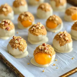 To make no-bake pumpkin cheesecake truffles, gather these ingredients: - 1 cup cream cheese, softened to room temperature - 1 cup canned pumpkin puree (not pumpkin pie filling) - 1/2 cup powdered sugar - 1 teaspoon vanilla extract - 1 teaspoon pumpkin pie spice (or more to taste) - 1 cup graham cracker crumbs (plus extra for coating) - 1/2 cup white chocolate chips, melted - 1/4 cup chopped pecans (optional for added crunch) - Pinch of salt These ingredients blend together to create a creamy, pumpkin-flavored treat that will impress everyone. The cream cheese and pumpkin give it a rich taste, while the graham cracker crumbs add crunch. You can swap some of the ingredients if needed: - Use low-fat cream cheese for a lighter option. - Maple syrup can replace powdered sugar for a different sweetness. - Try a different nut, like walnuts, if you don't have pecans. - If you want a spiced flavor, add cinnamon or nutmeg to the mix. These swaps keep the truffles tasty while letting you use what you have on hand. For the best results, I recommend these brands: - Cream Cheese: Philadelphia is a classic choice for smooth texture. - Pumpkin Puree: Libby's is a trusted brand for pure pumpkin flavor. - Graham Crackers: Honey Maid offers a sweet crunch that works well. - White Chocolate Chips: Guittard or Ghirardelli melt nicely and taste great. - Pecans: Fisher brand pecans are fresh and ready to use. Using quality brands makes a big difference in taste. Each ingredient contributes to the overall flavor, so choose wisely for the best no-bake pumpkin cheesecake truffles. Start with a large bowl. Beat the softened cream cheese until smooth. This takes about 2-3 minutes. Next, add the canned pumpkin puree. Mix in the powdered sugar, vanilla extract, pumpkin pie spice, and a pinch of salt. Stir until the mixture is smooth and creamy. Gradually add 3/4 cup of graham cracker crumbs. Fold them in gently. This helps keep the truffles light and fluffy. Now, scoop about one tablespoon of the mixture. Roll it into a ball with your hands. Place the balls on a parchment-lined baking sheet. Continue this until you form all the truffles. Once you have all the truffles on the sheet, place it in the fridge. Chill them for at least 30 minutes. This step is key. Chilling helps the truffles firm up. They will hold their shape when you coat them later. While the truffles chill, prepare the coating. In a small bowl, mix the remaining graham cracker crumbs with the chopped pecans, if using. This adds a nice crunch to the truffles. After the truffles have chilled, dip each one into melted white chocolate. Allow any excess chocolate to drip off. Next, roll each truffle in the graham cracker and pecan mixture. This creates a delightful outer layer. Once coated, place them back on the baking sheet. Return the truffles to the fridge for another 15 minutes. This sets the chocolate coating perfectly. For a creamy texture, start with room-temperature cream cheese. Cold cream cheese will not mix well. Beat the cream cheese until smooth, about 2-3 minutes. This step is key. When you add the pumpkin puree and other ingredients, mix gently. Over-mixing can make the truffles tough. Aim for a smooth, even mixture. If you want it creamier, add a little more pumpkin puree, but not too much! Melting white chocolate can be tricky. Use a double boiler or a microwave. If using the microwave, heat in short bursts of 15 seconds. Stir after each burst until it melts. This method helps prevent burning. If it seems too thick, add a small amount of coconut oil. This will keep it smooth for dipping. Always let the chocolate cool slightly before using it on the truffles. These truffles make great gifts. Arrange them on a nice plate or in a festive box. Sprinkle extra graham cracker crumbs on top for flair. If you use pecans, add a few on the plate too. This adds a nice touch. For extra fun, label the box with a cute note. Everyone loves a personal touch! {{image_4}} You can add fun flavors to your truffles. Try mixing in some chocolate chips for extra sweetness. A bit of maple syrup can also enhance the fall flavor. For a nutty twist, add chopped almonds or walnuts. You can even fold in some dried cranberries for a fruity touch. When it comes to coating, both dark and white chocolate work well. Dark chocolate gives a rich taste. It contrasts nicely with the sweet pumpkin filling. White chocolate adds a creamy sweetness. Choose what you like best. You can even mix both types for a fun look. Want to make these truffles vegan? Swap the cream cheese for a dairy-free alternative. Use coconut cream or cashew cream for a rich texture. Instead of white chocolate, look for vegan chocolate chips. Make sure to check labels to ensure they are dairy-free. Enjoy these truffles without any animal products! You should store your No-Bake Pumpkin Cheesecake Truffles in an airtight container. This helps keep them fresh and tasty. Place parchment paper between layers if you stack them. Keep the container in the fridge. This will keep the truffles cool and firm. If you want to save your truffles for later, freezing them is a great choice. First, chill the truffles in the fridge for about 30 minutes. Once they are firm, place them in a single layer on a baking sheet. Freeze for about 1-2 hours until solid. Then, transfer them to a freezer-safe bag or container. Label the bag with the date. They can last up to three months in the freezer. When stored properly in the fridge, these truffles will stay fresh for about one week. Watch for any signs of spoilage, like changes in smell or texture. If you freeze them, thaw the truffles in the fridge before eating. This keeps their texture nice. Enjoy these treats whenever you crave something sweet! Yes, you can use fresh pumpkin. First, cook the pumpkin until it’s soft. Then, blend it until smooth. This makes a great substitute for canned pumpkin puree. Just remember to remove excess water. This helps keep your truffles from being too wet. These truffles stay fresh in the fridge for about a week. Store them in an airtight container. This keeps them from drying out and helps maintain their great taste. If you want them to last longer, you can freeze them. You can make these truffles ahead of time. They are perfect for prepping in advance. Make them a day or two before your event. Just store them in the fridge until you are ready to serve. This saves you time and stress on the big day! You learned how to make no-bake pumpkin cheesecake truffles. We covered ingredients, step-by-step instructions, and useful tips. You can create variations and store them safely, ensuring freshness. Remember, the right techniques make a big difference in taste and texture. Trust your creativity with flavor add-ins. Enjoy your truffles any time and share them with others. Happy cooking!