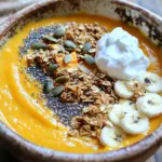 To make the High-Protein Pumpkin Pie Smoothie Bowl, gather these ingredients: - 1 cup canned pumpkin puree - 1 ripe banana, preferably frozen - 1/2 cup Greek yogurt - 1 cup almond milk - 2 tablespoons protein powder - 1 teaspoon pumpkin pie spice - 1 tablespoon maple syrup (optional) - 1/4 cup granola - 2 tablespoons chia seeds - 1 tablespoon pumpkin seeds - Whipped coconut cream (optional) You can easily swap some ingredients for different options: - Use coconut yogurt instead of Greek yogurt for a dairy-free choice. - Swap almond milk with oat milk or soy milk based on your taste. - Try different protein powders, like pea or hemp, if you want variety. - Maple syrup can be replaced with honey or agave syrup for sweetness. - Use any granola you love; it adds crunch and flavor. Each ingredient brings its own health perks: - Pumpkin puree is rich in vitamins A and C, great for your skin and eyes. - Bananas provide potassium, which helps with muscle function. - Greek yogurt is packed with protein and probiotics, aiding digestion. - Almond milk is low in calories and adds a nutty flavor. - Protein powder boosts your protein intake, helping build and repair muscles. - Chia seeds are high in fiber and omega-3 fatty acids, great for heart health. - Pumpkin seeds offer magnesium, which supports bone health. - Granola adds fiber for better digestion and keeps you full longer. This smoothie bowl is not just tasty; it’s also a powerhouse of nutrients! To start, gather all your ingredients. You will need: - 1 cup canned pumpkin puree - 1 ripe banana, preferably frozen - 1/2 cup Greek yogurt - 1 cup almond milk - 2 tablespoons protein powder - 1 teaspoon pumpkin pie spice - 1 tablespoon maple syrup (optional) 1. Place the pumpkin puree, frozen banana, Greek yogurt, almond milk, protein powder, pumpkin pie spice, and maple syrup into a blender. 2. Blend on high speed. You want a smooth and creamy texture. 3. If it’s too thick, add more almond milk slowly. Blend again until smooth. 4. Pour this mixture into a bowl. This is your base for toppings. Make sure to use a good blender. A powerful one will give you the best results. If you notice lumps, blend longer. If it feels too thick, add more almond milk. Always blend until you have a silky feel. Smooth is key for this bowl! Now, let’s make it pretty! Top your smoothie bowl with: - 1/4 cup granola - 2 tablespoons chia seeds - 1 tablespoon pumpkin seeds - Whipped coconut cream (optional) Feel free to be creative with your toppings! They add texture and extra nutrients. Enjoy this tasty treat right away for the best flavor! To make your smoothie bowl extra creamy, use a frozen banana. The cold fruit gives a thick and smooth base. Blend all the ingredients on high speed until no lumps remain. If your mixture is too thick, add more almond milk slowly. This way, you control the texture without losing creaminess. To boost flavor, try adding a dash of vanilla extract. You can also mix in some nut butter for richness. For extra nutrition, sprinkle in some flax seeds or hemp seeds. They add healthy fats and protein without changing the taste much. Remember, a little maple syrup can sweeten it if needed. Prep your ingredients the night before. Measure out the pumpkin puree, yogurt, and protein powder. Store them in the fridge. In the morning, just toss everything in the blender. If you're really short on time, use pre-chopped fruit or frozen banana. It makes mornings easier and keeps your smoothie bowl quick to make. {{image_4}} You can switch up the protein in your smoothie bowl. Instead of Greek yogurt, try cottage cheese for a creamier texture. Silken tofu is a great vegan option. You can also use nut butter, like almond or peanut, for added richness and flavor. Want to mix things up? Add a dash of vanilla extract for sweetness. A scoop of peanut butter gives a nutty taste. If you love chocolate, throw in cocoa powder for a rich twist. You can also use cinnamon for warmth or even a hint of ginger for spice. Make this bowl fit the season! In fall, use fresh pumpkin puree instead of canned. In winter, add roasted sweet potato for natural sweetness. During summer, swap pumpkin for ripe mango or strawberries. These changes keep your smoothie bowl fresh and exciting all year long. If you have leftover smoothie, pour it into a sealed container. You can keep it in the fridge for up to two days. Make sure to stir it well before serving again. Smoothies may separate when stored, so a good shake or stir brings them back to life. You can freeze extra pumpkin puree or ripe bananas. Portion them in small bags for easy use later. Just remember to label your bags with the date. If you freeze the smoothie, use a freezer-safe container. It can last for about a month in the freezer. Smoothies are best served cold. If you want to enjoy a frozen one, let it thaw overnight in the fridge. You can also let it sit at room temperature for a short time. If it’s too thick, add a bit of almond milk to reach your preferred consistency. Top it with granola, seeds, or whipped cream for a delightful finish. Yes, you can make this smoothie bowl vegan. Use plant-based yogurt instead of Greek yogurt. Choose almond milk or another plant milk. You can skip the maple syrup if you want less sweetness. To lower the sweetness, reduce or skip the maple syrup. Use plain yogurt instead of flavored ones. You can also add more pumpkin puree. This keeps the bowl tasty without extra sugar. Feel free to get creative with your toppings. You can use sliced fruits like bananas or apples. Try nuts for crunch, or seeds for extra nutrients. Shredded coconut or cacao nibs can add fun flavors too. This article covered the key ingredients, instructions, tips, variations, and storage options for a delicious smoothie bowl. You learned how to prepare and personalize it with different flavors and nutrients. Remember, small changes can make big impacts. Try new ingredients or toppings to keep it fresh. Smoothie bowls are fun and easy, perfect for any time of day. Now, go blend and enjoy your tasty creation!