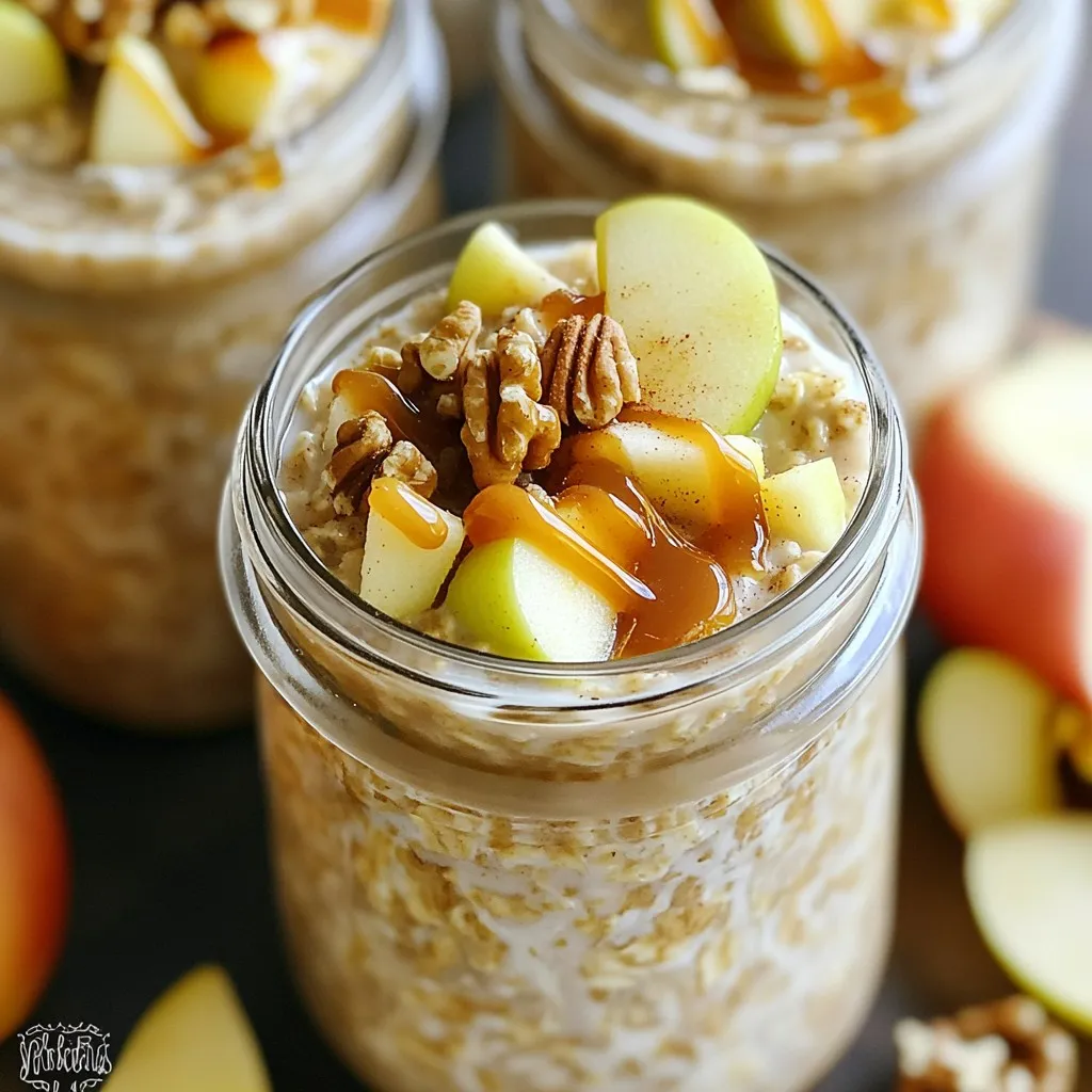 - 1 cup rolled oats - 1 ½ cups almond milk - 1 medium apple, diced - 2 tablespoons caramel sauce - 1 tablespoon chia seeds The main ingredients create a hearty base. Rolled oats give you a good texture. Almond milk adds creaminess. Diced apples bring sweetness and crunch. Caramel sauce makes it a treat. Chia seeds add a nice pop and some health benefits. - 1 teaspoon ground cinnamon - 1 tablespoon maple syrup - Chopped nuts for topping Add-ins boost flavor and texture. Ground cinnamon gives warmth and spice. Maple syrup sweetens it just the right amount. Nuts add crunch and healthy fats. You can mix and match these to fit your taste. - Extra apple slices - Drizzling caramel sauce For serving, add more apple slices for freshness. A drizzle of caramel on top makes it extra special. These simple touches make your oats even more appealing. Enjoy every bite! 1. In a mixing bowl, mix these base ingredients well: - 1 cup rolled oats - 1 ½ cups almond milk - 1 medium apple, diced - 1 tablespoon chia seeds (optional) - 1 teaspoon ground cinnamon - 1 tablespoon maple syrup - A pinch of salt This mix creates a tasty and creamy base for your oats. 2. Next, drizzle 2 tablespoons of caramel sauce over the oat mixture. Use a spatula to gently fold in the caramel. Make sure to save some caramel for later. 3. Now, divide the mixture into two mason jars. This helps with serving later. Seal the jars tightly to keep the oats fresh. 4. Place the jars in the refrigerator overnight. You can also refrigerate them for at least 4-6 hours. This soaking time makes the oats soft and flavorful. 5. In the morning, take the jars out of the fridge. Give the oats a good stir. If you like it creamier, add a splash of almond milk to your taste. 6. Before serving, top the oats with these extras: - Chopped nuts, like walnuts or pecans - Extra apple slices - A drizzle of the reserved caramel sauce These toppings add crunch and sweetness, making your meal even better. - Choosing the right apple variety: I love using Honeycrisp apples. They are sweet and crunchy. You can also try Fuji or Gala apples for a similar taste. The right apple makes a big difference in flavor. - Adjusting sweetness with maple syrup: Maple syrup adds a nice touch. Start with one tablespoon, then taste. If you want more sweetness, add a little more. - The role of chia seeds: Chia seeds help thicken the oats. They absorb liquid and create a creamy texture. If you want a heartier meal, include one tablespoon. - Recommendations for milk types: Almond milk works great, but you can use any milk. Try oat milk or coconut milk for a fun twist. Each type adds its own flavor. - How long to prepare in advance: You can make these oats the night before. Prep them in just ten minutes. This lets flavors blend overnight. - Ideal refrigeration time: Refrigerate the jars for at least 4-6 hours. Overnight is best. This gives the oats time to soak up the milk and become soft. {{image_4}} You can change the flavor of your caramel apple overnight oats easily. Here are some fun ideas: - Adding different fruits: Try using berries, bananas, or pears. Each fruit adds a unique taste. - Incorporating nut butters: Peanut butter or almond butter can add creaminess and a rich flavor. Want to make it fit your diet? Here are some choices: - Using dairy-free options: Almond milk works great, but you can use oat milk or coconut milk too. - Low-sugar substitutes: Use sugar-free caramel or a natural sweetener like stevia instead of maple syrup. Seasonal changes can inspire new flavors in your oats: - Fall-inspired additions: Add pumpkin puree or spice up with nutmeg. These flavors celebrate autumn. - Summer fruit variations: Swap in peaches or mango for a refreshing taste in warmer months. Experiment with these ideas to make your overnight oats even more delightful! Store your caramel apple overnight oats in an airtight container. This keeps them fresh longer. I recommend using mason jars for a fun touch. Your oats will stay good in the fridge for up to three days. After that, they may lose their taste and texture. You can freeze your overnight oats for later use. To freeze, place the mixture in a safe container. Leave some space at the top, as oats expand when frozen. Thaw them overnight in the fridge before eating. You can warm them up in the microwave or enjoy them cold. Mason jars are great for more than just overnight oats. You can repurpose them for salads or snacks. This helps reduce waste and is good for the planet. Opt for glass containers when possible. They are durable and eco-friendly. Overnight oats are a simple way to prepare oatmeal. You combine rolled oats with liquid. The oats soak up the liquid overnight. This softens them and makes them ready to eat. You can add fruits, nuts, or sweeteners. The best part? You can customize them to fit your taste! Yes, you can use instant oats. However, they cook faster and may turn mushy. Rolled oats offer a chewy texture. They hold up better when soaked overnight. If you prefer a softer bite, go for instant oats. Just know they may not provide the same experience. To make this recipe vegan, simply swap almond milk with any plant-based milk. You can choose oat milk, soy milk, or coconut milk. For the caramel sauce, look for a vegan version or make your own. Use maple syrup instead of honey for sweetness. Absolutely! Overnight oats are perfect for meal prep. Prepare several jars at once for quick breakfasts. Store them in airtight containers. They last in the fridge for up to five days. Just give them a good stir before eating. Enjoy them cold or warm them up if you prefer. In this post, I covered key ingredients and steps for making delicious overnight oats. I shared tips for flavor, texture, and storage, ensuring a great result every time. You can customize your oats with different fruits, sweeteners, or toppings. Keep your oats fresh in the fridge or even freeze them for later. Experiment with variations that suit your taste. With these ideas, you’ll enjoy tasty, healthy breakfasts that fit your lifestyle. Now, it's time to get creative in your kitchen and make your perfect bowl of overnight oats!