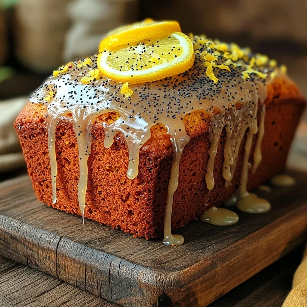 To make a Bakery-Style Lemon Poppy Seed Loaf, you need fresh ingredients. Here’s the list: - 1 ½ cups all-purpose flour - 1 teaspoon baking powder - ½ teaspoon baking soda - ¼ teaspoon salt - ½ cup unsalted butter, softened - 1 cup granulated sugar - 2 large eggs - 1 tablespoon fresh lemon zest - ¼ cup freshly squeezed lemon juice - 1 teaspoon pure vanilla extract - ¼ cup poppy seeds - ½ cup buttermilk Each element plays a key role. The all-purpose flour provides structure. Baking powder and baking soda give the loaf lift. Butter adds richness and flavor. Granulated sugar contributes sweetness and moisture. Eggs bind the ingredients and add lightness. Fresh lemon zest and juice bring that zesty kick. Vanilla extract adds a lovely aroma. Poppy seeds add a delightful crunch. Finally, buttermilk ensures a tender crumb. Using fresh ingredients makes a big difference. The zest and juice should come from real lemons. This gives the loaf a bright, tangy flavor. Prepare each item before you start. This will make mixing easier and faster. Start by preheating your oven to 350°F (175°C). This helps the loaf bake evenly. Next, grab a 9x5-inch loaf pan. Lightly grease it and line the bottom with parchment paper. This makes it easy to take out the loaf once it’s baked. In a medium bowl, take the all-purpose flour, baking powder, baking soda, and salt. Use a whisk to mix them well. This step ensures that the leavening agents distribute evenly throughout the loaf. Set this bowl aside for later. Now, use a large bowl to cream together the softened unsalted butter and granulated sugar. An electric mixer works best for this. Mix on medium speed for 3-4 minutes. You want it to be light and fluffy. This step is key for a soft loaf. Add the eggs one at a time to the butter and sugar mix. Make sure to beat well after each addition. Next, stir in the fresh lemon zest, lemon juice, and pure vanilla extract. Mix until everything is well blended. The lemon flavors will really shine through. Now it’s time to mix the dry ingredients into the wet mixture. Do this gradually. Start with some flour, mix it in, then add a bit of buttermilk. Repeat this until you have used all the flour and buttermilk. A few lumps are okay—don’t overmix! Gently fold in the poppy seeds using a spatula. This gives the loaf its unique texture. Pour the batter into your prepared loaf pan. Smooth the top to help it bake evenly. Bake it in the preheated oven for 55-65 minutes. Check for doneness with a toothpick. It should come out clean. If the top browns too fast, cover it loosely with aluminum foil. Once done, take the loaf out of the oven. Let it cool in the pan for 10 minutes. Then, transfer it to a wire rack to cool completely. For a special touch, drizzle a lemon glaze on top. Mix powdered sugar with fresh lemon juice for the glaze. Add some extra poppy seeds and a lemon slice for decoration. To get that soft and moist texture, use room-temperature butter and eggs. This helps them mix better. Cream the butter and sugar until light and fluffy. It should look pale and airy. Don’t overmix the batter; stop as soon as the dry and wet ingredients combine. This keeps the loaf tender. A few lumps are okay. One common mistake is not measuring ingredients correctly. Use dry measuring cups for flour and sugar. Sift your flour if the recipe calls for it. When baking, preheat your oven to 350°F (175°C). This ensures even baking. If the top browns too fast, cover it with foil. Lastly, let the loaf cool before slicing. This keeps it from crumbling. A simple glaze adds a zesty touch. Mix powdered sugar with fresh lemon juice until smooth. Drizzle the glaze over the cooled loaf. For extra flair, sprinkle more poppy seeds on top. You can also add a slice of lemon for decoration. This adds a bright look and taste. {{image_4}} You can customize your lemon poppy seed loaf with simple swaps. Here are some ideas: - Flour: Use whole wheat flour for a heartier loaf. - Butter: Substitute with coconut oil for a dairy-free option. - Sugar: Replace granulated sugar with brown sugar for a richer taste. - Eggs: Use flax eggs (1 tablespoon ground flaxseed + 2.5 tablespoons water) for a vegan version. - Milk: Almond milk or oat milk can replace buttermilk easily. Want to jazz up your loaf? Here are some fun mix-ins: - Nuts: Chopped walnuts or almonds add crunch. - Berries: Fresh blueberries or raspberries can bring a fruity twist. - Herbs: A touch of fresh thyme or rosemary pairs well with lemon. - Spices: Add cinnamon or ginger for warmth. - Extracts: Swap vanilla with almond extract for a unique flavor. Making this loaf gluten-free is easy. Just follow these tips: - Flour: Use a gluten-free all-purpose flour blend. Check it contains xanthan gum. - Baking Powder: Ensure it's gluten-free. Some brands have gluten. - Baking Time: Gluten-free bread may bake faster. Check for doneness early. - Texture: Adding a tablespoon of psyllium husk can help with moisture and texture. To keep your loaf fresh, store it in an airtight container. This helps lock in the moisture. You can also wrap it in plastic wrap or foil. Keep the loaf at room temperature for up to three days. If you want to keep it longer, freezing is a great option. To freeze your lemon poppy seed loaf, let it cool completely first. Wrap it tightly in plastic wrap, then place it in a freezer bag. Label it with the date. It can last up to three months in the freezer. When you're ready to enjoy it, just thaw it overnight in the fridge. To reheat the loaf, slice a piece and place it in the microwave. Heat it for about 15-20 seconds. This warms it nicely without drying it out. If you prefer, you can also reheat it in a toaster oven at 350°F for about 5-10 minutes. Enjoy your warm slice with a cup of tea or coffee! Yes, you can use other citrus fruits. Oranges, limes, or grapefruits can work well. Just remember to adjust the zest and juice amounts to match the fruit's flavor. For a fun twist, try mixing citrus fruits for added depth. Check the loaf at about 55 minutes. Insert a toothpick in the center. If it comes out clean, your loaf is ready. If it has wet batter, bake longer, checking every few minutes. The top should be golden brown and spring back when touched. You can make a simple buttermilk substitute. Mix one cup of milk with one tablespoon of vinegar or lemon juice. Let it sit for five minutes. This will give you a similar tangy flavor. You can also use plain yogurt or sour cream thinned with a little milk. To avoid a dry loaf, do not overmix the batter. Mix just until combined. Use fresh ingredients, especially your buttermilk. If your loaf is browning too fast, cover it with foil. Finally, let the loaf cool properly to keep it moist and tender. In this post, I shared a simple lemon poppy seed loaf recipe, covering key ingredients and baking steps. You learned how to mix, bake, and store this tasty treat. I also shared tips to ensure great flavor and texture. Remember, you can make variations using different flavors or gluten-free options. Try this loaf yourself; it’s bright, fresh, and perfect for any occasion. Enjoy baking and share your results!