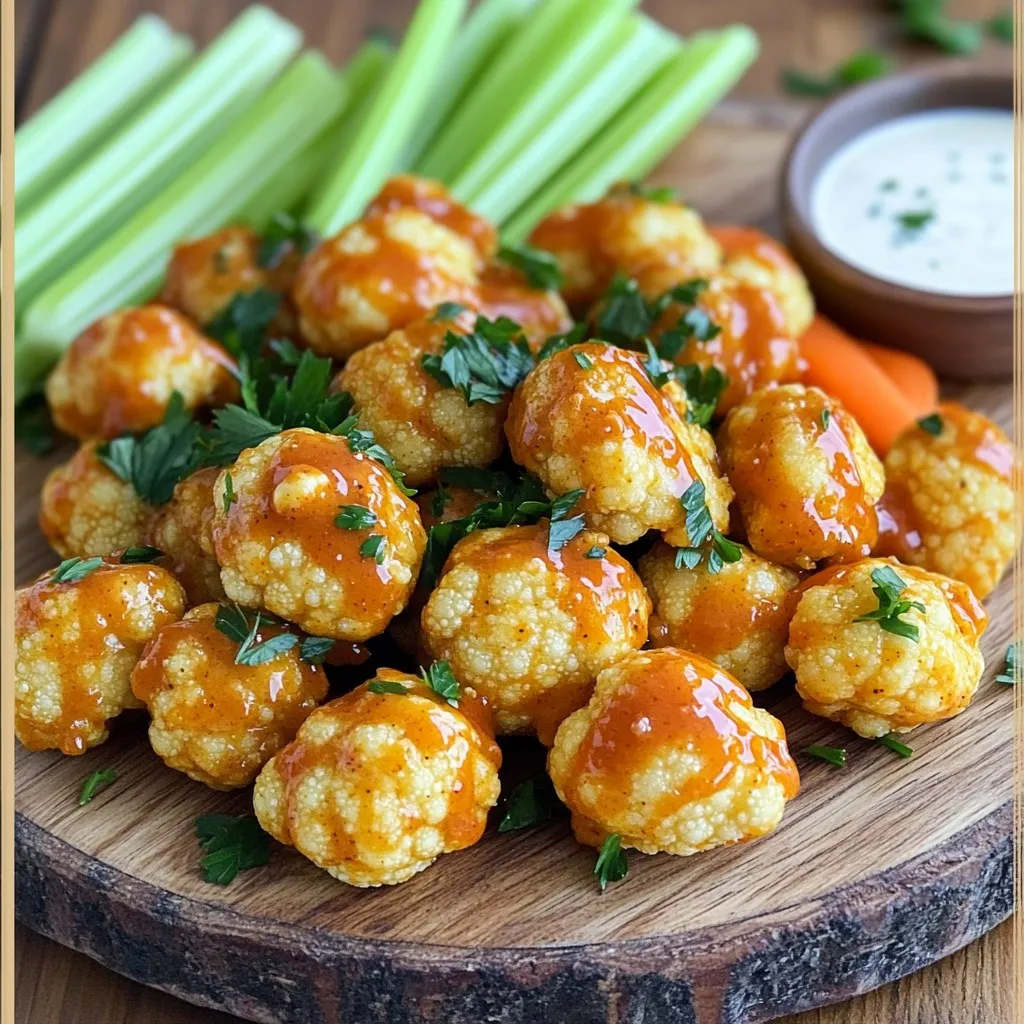 - 1 medium head of cauliflower, cut into bite-sized florets - 1 cup all-purpose flour - 1 cup water - 1 teaspoon garlic powder - 1 teaspoon onion powder - 1 teaspoon paprika - Salt and black pepper, to taste - 1 cup buffalo sauce - 2 tablespoons olive oil - Fresh parsley, chopped (for garnish) You can swap all-purpose flour for gluten-free flour. This makes the dish gluten-free. Instead of buffalo sauce, try barbecue sauce for a milder flavor. You can also use almond milk instead of water for a creamier batter. If you want a kick, add cayenne pepper to the batter. Using fresh ingredients makes a big difference in taste. Fresh cauliflower gives a crisp bite. It holds up well in the air fryer. Fresh herbs, like parsley, add color and flavor at the end. Always check for signs of spoilage when choosing your ingredients. Fresh items ensure your buffalo cauliflower bites taste great. Start with one medium head of cauliflower. Cut it into bite-sized florets. Make sure the pieces are similar in size. This helps them cook evenly. Once cut, rinse the florets under cold water. This step helps remove any dirt. Pat them dry with a clean towel. Removing moisture is key for crispiness. In a large bowl, combine one cup of all-purpose flour. Add one cup of water to the flour. Whisk until the batter is smooth. It should not have lumps. Then, mix in one teaspoon of garlic powder, one teaspoon of onion powder, and one teaspoon of paprika. Sprinkle in salt and freshly cracked black pepper to taste. This blend adds great flavor to the batter. Preheat your air fryer to 400°F (200°C). This step is important for a good cook. Dip each cauliflower floret into the batter. Make sure it is fully coated. Let the excess batter drip off. Lightly spray the air fryer basket with olive oil. Arrange the florets in a single layer. Avoid overcrowding the basket. Cook them for 12-15 minutes. Shake the basket halfway through for even cooking. After cooking, transfer the bites to a bowl. Pour one cup of prepared buffalo sauce over them. Toss gently to coat each piece. For an extra kick, return them to the air fryer for 3-4 more minutes. This helps the sauce set nicely. When done, remove them carefully and sprinkle with chopped parsley. They are now ready to serve! To make your cauliflower bites extra crispy, follow these steps: - Ensure the batter is smooth. No lumps mean better coating. - Dip each floret in the batter. Make sure it's fully coated. - Do not overcrowd the air fryer basket. Space helps crispness. - Shake the basket halfway through cooking. This promotes even browning. - For a final touch, air fry them with buffalo sauce for a few extra minutes. Here are some common pitfalls to watch out for: - Using too much batter can make the bites soggy. - Overcrowding the basket leads to uneven cooking. - Not preheating the air fryer can cause longer cooking times. - Forgetting to shake the basket means less crispy texture. - Skipping the olive oil spray can cause sticking. To elevate your buffalo cauliflower bites, consider these ideas: - Add more spices to your batter, like cayenne or chili powder. - Mix in some grated cheese for a cheesy twist. - Serve with a side of ranch or blue cheese dressing for extra flavor. - Garnish with fresh herbs like cilantro or chives for added freshness. - Try different hot sauces for varied heat levels and flavors. {{image_4}} You can boost the heat in your buffalo cauliflower bites. Try mixing in cayenne pepper or red pepper flakes with the batter. You can also use a hotter buffalo sauce. This adds a kick that spice lovers will enjoy. If you want to experiment, add chopped jalapeños to the batter. This gives extra flavor and heat in every bite. If you need a gluten-free version, use gluten-free flour. Almond flour or rice flour works well in the batter. You can also use cornstarch to coat the cauliflower. This makes the bites crispy without gluten. Make sure to check your buffalo sauce, as some brands contain gluten. Look for certified gluten-free sauces to keep it safe. Buffalo sauce is delicious, but there are many other options. Try using barbecue sauce for a sweet twist. A garlic or teriyaki sauce can add new flavors, too. If you want to keep it light, a lemon herb sauce works well. Experiment with different sauces to find your favorite. Each one brings a unique taste to your cauliflower bites. To store your buffalo cauliflower bites, let them cool first. Then, place them in an airtight container. Keep them in the fridge for up to three days. This way, they stay fresh and tasty. If you want to enjoy them later, don't forget to refrigerate them right after they cool. When you're ready to eat your leftovers, reheating is easy. Preheat your air fryer to 350°F (175°C). Place the cauliflower bites in the basket in a single layer. Heat them for about 5-7 minutes. This method keeps them crispy. You can also use a microwave if you’re in a hurry, but they may not be as crunchy. If you want to freeze the bites, it’s best to do this before adding the buffalo sauce. Place the uncooked, battered cauliflower florets on a baking sheet in a single layer. Freeze them for about an hour. Then, transfer them to a freezer bag. They can last up to three months in the freezer. When you're ready to cook, no need to thaw; just toss them in the air fryer. Cook them for a few extra minutes to ensure they get hot all the way through. To make your cauliflower bites crispy, follow these steps: - Preheat your air fryer to 400°F (200°C). - Use a thin batter made from flour and water. - Coat each floret well but not too thickly. - Avoid overcrowding the air fryer basket; leave space for air to flow. - Shake the basket halfway through cooking to promote even crispiness. These tips help achieve that perfect crunch you crave. Yes, you can use frozen cauliflower. Just thaw it first. Pat it dry with a towel. This step removes excess moisture. Moisture can lead to soggy bites. After drying, follow the same steps as fresh cauliflower. You will still get tasty buffalo bites. Buffalo cauliflower bites pair well with many sides. Consider these options: - Crunchy celery sticks - Carrot sticks - Cool ranch dressing - Zesty blue cheese dressing These sides balance the heat from the buffalo sauce. They also add fun to your meal. Enjoy your tasty bites! This blog post covered everything you need to make tasty buffalo cauliflower bites. We explored the right ingredients, offered step-by-step instructions, and shared useful tips for the best results. You learned about variations, storage tips, and answered common questions. Now, you can enjoy a great snack that’s healthy and easy to make. Remember to use fresh ingredients for more flavor and keep experimenting with your twist on the recipe. Happy cooking!
