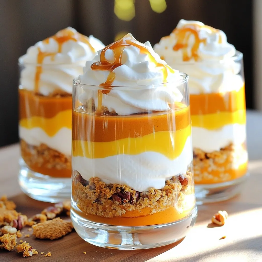 - 1 cup pumpkin puree - 1 teaspoon pumpkin pie spice - 1/2 cup packed brown sugar - 1 cup whipped cream (or Cool Whip) - 1 teaspoon pure vanilla extract - 1/4 cup caramel sauce (store-bought or homemade) - 1 cup crushed graham crackers - 1/2 cup chopped pecans (optional) - Extra whipped cream for topping - 1 cup = 8 fluid ounces - 1 teaspoon = 5 milliliters - 1/2 cup = 4 fluid ounces - 1/4 cup = 2 fluid ounces These simple conversions help you when you measure your ingredients. Just remember, using the right amounts makes a big difference in taste! - Chopped pecans add a nice crunch. - Chocolate chips can give extra sweetness. - A sprinkle of cinnamon can enhance the flavor. Feel free to get creative with these options. They can make your parfaits even more special! Start by making the pumpkin mixture. In a medium bowl, mix 1 cup of pumpkin puree, 1 teaspoon of pumpkin pie spice, and 1/2 cup of packed brown sugar. Stir until smooth. Next, gently fold in 1 cup of whipped cream and 1 teaspoon of pure vanilla extract. Use a spatula to mix until creamy. Set this bowl aside for later. In another bowl, prepare the graham cracker base. Combine 1 cup of crushed graham crackers with 1/2 cup of chopped pecans, if you like. Add a few tablespoons of caramel sauce to the mixture. Stir until the crumbs feel slightly moist. Now, let’s build the parfaits. Use clear serving glasses or bowls for the best view of the layers. Start with a layer of the graham cracker mixture at the bottom. Next, spoon a generous amount of the pumpkin mix on top. Drizzle some caramel sauce over the pumpkin layer. Repeat this layering process until the glasses are full. Be sure the last layer is the pumpkin mix for a nice look. After layering, add extra whipped cream on top of each parfait. Drizzle more caramel sauce to finish. Chill the parfaits in the fridge for at least 30 minutes. This chilling time helps the flavors blend well and makes the dessert even tastier. Serve and enjoy your delightful fall treat! To make the pumpkin mixture just right, start with good pumpkin puree. I prefer using 100% pure pumpkin, not the spiced kind. Mix the pumpkin puree with pumpkin pie spice and brown sugar. Stir until smooth. This step is key. It ensures all the flavors blend well. Adding whipped cream makes it creamy and light. Fold it in gently so it stays fluffy. A good balance of sweetness and spice makes the pumpkin shine. You can use either whipped cream or Cool Whip in your parfait. Whipped cream tastes fresh and rich. It’s easy to make at home. Just whip heavy cream with some sugar and vanilla. Cool Whip is a quick option. It’s light and stays fluffy longer. If you want a homemade feel, go for whipped cream. For speed, use Cool Whip. Both choices work well, so pick what you like best! For the best look, serve the parfaits in clear glasses. This way, everyone can see the layers. Start with a layer of graham cracker mix, then the pumpkin layer, and drizzle caramel over it. Repeat this until the glass is full. Finish with a big dollop of whipped cream on top. Add a drizzle of caramel sauce and a sprinkle of crushed graham crackers for flair. These details make your dessert pop and impress your guests! {{image_4}} You can give your parfaits a twist by adding chocolate. Use chocolate graham crackers instead of regular ones. This adds a rich flavor that pairs well with pumpkin. You can also mix in cocoa powder with the pumpkin mix. The result is a delightful chocolate and pumpkin blend. This variation is great for chocolate lovers. If you want an even easier treat, try no-bake parfaits. Use store-bought pumpkin pie filling instead of making your own. Simply layer the filling with whipped cream and crushed cookies. You still get that yummy pumpkin taste without the fuss. These parfaits are perfect for quick desserts or last-minute gatherings. To make vegan pumpkin parfaits, swap out the cream for coconut whipped cream. Use maple syrup instead of brown sugar for sweetness. Ensure your graham crackers are vegan-friendly. The pumpkin mixture will still taste amazing and have a creamy texture. Everyone will love this dairy-free option! To keep your caramel pumpkin pie parfaits fresh, store them in the fridge. Use an airtight container or cover them with plastic wrap. This protects the layers and keeps them from drying out. Storing them this way helps maintain the creamy texture and flavor. You can refrigerate the parfaits for up to three days. This allows the flavors to blend nicely. If you plan to serve them later, add the extra whipped cream and caramel sauce just before serving. This keeps the toppings fresh and tasty. You can freeze these parfaits, but it's best to store the layers separately. Freeze the pumpkin mixture and the graham cracker mix in separate containers. When you are ready to eat, thaw them in the fridge overnight. Once thawed, layer them again and add fresh whipped cream and caramel sauce. Enjoy! Yes, you can prepare these parfaits a day before. Assemble them in clear glasses and chill overnight. This helps the flavors blend well. Just add the whipped cream on top right before serving. I recommend using clear glasses that hold about 6 to 8 ounces. This size shows off the beautiful layers. Clear glasses also make each parfait look great. If you have smaller glasses, you can layer less in each one. Making homemade caramel sauce is easy! You need sugar, butter, and cream. Here’s a simple method: - 1 cup granulated sugar - 6 tablespoons unsalted butter - 1/2 cup heavy cream 1. In a medium pan, heat the sugar over medium heat. Stir it until it melts. 2. Once the sugar turns golden brown, add the butter. Stir until it melts. 3. Slowly pour in the cream while stirring. Be careful; it may bubble. 4. Let it simmer for 1-2 minutes. Remove from heat and let it cool. Store any leftover sauce in a jar in the fridge. It’s great for drizzling on desserts! This blog post covered all you need to create perfect pumpkin parfaits. We discussed the key ingredients, measurements, and some fun add-ins. The step-by-step guide took you through preparation and serving tips. I shared my favorite tricks for the best pumpkin mix and discussed topping choices. You learned variations, storage methods, and answers to common questions. Now, you can impress friends and family with delicious pumpkin parfaits. Enjoy the process and get creative in your kitchen!
