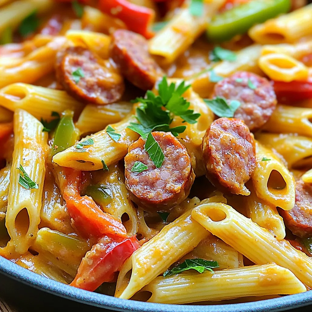 - 8 oz penne pasta - 2 tablespoons olive oil - 1 lb smoked sausage, sliced into rounds - 1 medium onion, diced - 3 cloves garlic, minced - 1 red bell pepper, diced - 1 green bell pepper, diced - 1 can (14.5 oz) diced tomatoes, undrained - 4 cups chicken broth - 2 teaspoons Cajun seasoning - 1 teaspoon dried oregano - Salt and black pepper, to taste - 1/2 cup heavy cream - 1 cup shredded cheddar cheese - Fresh parsley, chopped (for garnish) Gather these ingredients first. Each one plays a key role in making this dish sing with flavor. The smoked sausage adds depth, while the bell peppers give it a fresh crunch. The Cajun seasoning brings the heat, and the cream and cheese make everything creamy and rich. To get the best flavor, start by sautéing the sausage. Use medium heat and let it brown well. Cook it for about 5-7 minutes. This step adds richness to your dish. After that, remove the sausage and sauté the onion and garlic in the same pot. This lets the flavors mix. Cook them until the onion is soft, about 3 minutes. Then, add the bell peppers. Keep stirring for another 5 minutes. This softens them and brings out their sweetness. Simmering is key for great taste. After adding the tomatoes and broth, let everything simmer gently. This helps all the flavors blend together. The longer you simmer, the better the taste. You want the mixture to be hot but not boiling. If you want a different flavor, change the sausage. Chicken or turkey sausage works well. They are leaner but still tasty. For a vegetarian dish, swap in plant-based sausage or skip the meat entirely. You can add more veggies like mushrooms or zucchini instead. If you need alternatives, consider using different broth. Vegetable broth can replace chicken broth. This keeps the dish light yet flavorful. Want it spicier? Adjust the Cajun seasoning to your liking. You can add more if you love heat. Hot sauce or red pepper flakes are great too. Start with a little and taste as you go. This way, you can find the perfect heat level for you. Don’t have penne? Use any pasta shape you like. Fusilli or rotini can work just as well. They hold sauce nicely too. You can also add seasonal vegetables. Fresh spinach or asparagus can add color and nutrition. Just toss them in with the other veggies for a new twist. To keep your One-Pot Cajun Sausage Pasta fresh, store leftovers in an airtight container. This helps to lock in flavor and moisture. You can safely enjoy your pasta for up to 3 days in the refrigerator. Just make sure to let it cool to room temperature before sealing it up. If you want to reheat, add a splash of chicken broth to keep it creamy. For longer storage, you can freeze your One-Pot Cajun Sausage Pasta. First, let it cool completely, then portion it into freezer-safe containers. This way, you can thaw only what you need later. It’s best to consume frozen pasta within 2-3 months for the best taste. When you’re ready to enjoy, simply thaw it in the fridge overnight. Reheat on the stove over low heat, adding a bit of chicken broth or cream to restore its creamy texture. {{image_4}} This recipe makes 4 to 6 servings. Each serving has about 450 calories. The breakdown is as follows: - Protein: 20 grams - Carbohydrates: 40 grams - Fats: 25 grams This dish packs a good amount of protein from the sausage and cheese. The penne pasta provides hearty carbs to keep you full. If you need gluten-free options, you can use gluten-free penne pasta. This swap keeps the dish tasty and safe for those with gluten issues. For lower fat or dairy-free choices, try using coconut milk instead of heavy cream. You can also use dairy-free cheese. These options let you enjoy the dish without compromising your diet. Yes, you can! While I love penne for this dish, any pasta works. You could use rotini, fusilli, or even spaghetti. Just keep in mind that cooking times may change. Check the package instructions to make sure your pasta cooks perfectly. To add heat, try these tips: - Use spicy smoked sausage instead of mild. - Add red pepper flakes while cooking. - Mix in hot sauce before serving. These steps will give your dish a nice kick! Absolutely! You can prepare this dish in advance. Just cook it, let it cool, and store it in the fridge. When you're ready to eat, simply reheat it on the stove. Add a splash of chicken broth to bring back the creaminess. Enjoy your easy meal! This blog post took you through the key ingredients, steps, and tips for making One-Pot Cajun Sausage Pasta. You learned about key items like penne pasta, smoked sausage, and aromatic vegetables. I shared simple steps for combining flavors and provided tips for ingredient swaps. Experiment with spice levels and ingredients to match your taste. Enjoy your cooking journey! Your next delicious meal is just a pot away.