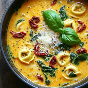 To make this delicious One-Pot Creamy Sun-Dried Tomato Tortellini Soup, you will need the following ingredients: - 1 tablespoon extra virgin olive oil - 1 medium yellow onion, diced - 3 cloves garlic, minced - 1 cup sun-dried tomatoes packed in oil, roughly chopped - 4 cups vegetable broth (preferably low-sodium) - 1 teaspoon dried Italian seasoning - 1 cup heavy cream - 12 ounces cheese tortellini (fresh or frozen) - 2 cups fresh baby spinach - Salt and freshly ground black pepper, to taste - Grated Parmesan cheese, for serving - Fresh basil leaves, for garnish (optional) These ingredients come together to create a warm, creamy soup full of flavor. Each one plays an important role. The olive oil adds richness, while the onion and garlic provide a strong base. Sun-dried tomatoes bring a sweet and tangy taste. The vegetable broth keeps the soup light and healthy, and the Italian seasoning ties it all together. Heavy cream gives the soup its creamy texture, and tortellini makes for a filling meal. Finally, fresh spinach adds color and nutrients. Don't forget the cheese and basil for the finishing touch! Start by gathering all your ingredients. You will need olive oil, onion, garlic, sun-dried tomatoes, vegetable broth, Italian seasoning, heavy cream, tortellini, spinach, salt, pepper, Parmesan cheese, and basil. Chop one medium onion and mince three cloves of garlic. Roughly chop one cup of sun-dried tomatoes. Measure four cups of vegetable broth and one cup of heavy cream. This prep makes the cooking easy and fun. In a large pot, heat one tablespoon of extra virgin olive oil over medium heat. Once hot, add the diced onion. Sauté the onion for about four to five minutes. It should be soft and clear. Stir often to avoid browning. Next, add the minced garlic and chopped sun-dried tomatoes. Sauté for two more minutes. You will smell a wonderful aroma as the garlic cooks. Now, pour in the four cups of vegetable broth. Add one teaspoon of dried Italian seasoning. Raise the heat a bit until it simmers. Let it bubble gently for about five minutes. This helps all the flavors blend together. After simmering, stir in the one cup of heavy cream. Mix well until it looks creamy and delicious. Bring it back to a gentle simmer. Gently add twelve ounces of tortellini to the pot. If you use fresh tortellini, cook for three to five minutes. Frozen tortellini usually takes a bit longer. Stir occasionally to keep them from sticking. Once the tortellini are soft and cooked, it’s time for the last step. Fold in two cups of fresh baby spinach. Stir until the spinach wilts and turns bright green. Taste the soup and add salt and freshly ground black pepper as needed. Remove the pot from heat. Serve the soup hot. Top with grated Parmesan cheese. Add fresh basil leaves for a nice touch. Enjoy your creamy sun-dried tomato tortellini soup! To avoid overcooking tortellini, keep an eye on them. Fresh tortellini usually needs 3-5 minutes. Frozen ones may take a few minutes longer. Stir gently while they cook. This helps them stay intact and not stick together. If you want to adjust the creaminess, add more or less heavy cream. For a lighter soup, use half-and-half or milk. You can also add more broth for a thinner texture. Taste the soup as you go. This way, you can get the flavor just right. You can easily swap toppings or veggies in this soup. Instead of Parmesan, try feta or goat cheese for a tangy twist. For toppings, consider adding crispy bacon or toasted pine nuts. For veggies, try adding mushrooms or bell peppers. If you want some heat, toss in red pepper flakes. These swaps can add new flavors and textures to your soup. Pair this soup with fresh bread or a simple salad. Crusty bread is great for dipping. A light green salad adds a nice crunch. For garnishes, sprinkle fresh basil on top. You can also add a drizzle of olive oil for richness. A dash of black pepper brings out the flavors even more. Enjoy your meal! {{image_4}} You can make this soup even better with some tasty add-ins. Try adding proteins like cooked chicken or sausage. This will make the soup heartier and more filling. Simply cook the meat in the pot before adding the onion. If you want, mix in some cooked shrimp for a seafood twist. Vegetables can also boost the nutrition of the soup. You can add bell peppers, carrots, or zucchini. Just chop them small and sauté them with the onion and garlic. This way, they will blend well with the flavors. If you need gluten-free options, look for gluten-free tortellini. Many brands offer great alternatives that taste fantastic. You can also make the soup vegan. Use coconut cream or almond milk instead of heavy cream. For cheese, try a vegan cheese substitute. This way, you can enjoy the creamy taste without dairy. To keep your One-Pot Creamy Sun-Dried Tomato Tortellini Soup fresh, store it in an airtight container. Place the soup in the fridge right after it cools down. This soup lasts about 3 to 4 days in the fridge. Check for any off smells or changes in color before eating leftovers. Freezing this soup is simple and a great way to save it for later. Allow the soup to cool completely. Then, pour it into freezer-safe containers. Leave some space at the top, as the soup will expand when frozen. It can stay good in the freezer for about 2 to 3 months. When ready to eat, thaw it in the fridge overnight. When reheating the soup, do it slowly to keep the creamy texture. You can use a pot on the stove or a microwave. If using the stove, heat it on low and stir often. For the microwave, heat in short bursts, stirring in between. If the soup seems thick, add a splash of broth or water to loosen it up. Enjoy your warm soup just like when you made it! Yes, you can use frozen tortellini. Cooking frozen tortellini is easy and quick. Just follow the package instructions for cooking time. Typically, frozen tortellini takes a few minutes longer than fresh. Keep an eye on it to ensure it does not overcook. Stir it gently to prevent sticking. The result will still be creamy and delicious. This soup can last in the fridge for about 3 to 5 days. Store it in a sealed container to keep it fresh. You should look for changes in color or smell before eating leftovers. If the soup appears darker or has an off smell, it’s best to discard it. Always trust your senses when it comes to food safety. Absolutely! To make this soup vegetarian-friendly, use vegetable broth instead of chicken broth. You can also add more veggies like mushrooms or zucchini. Just sauté them with the onions and garlic for flavor. For a creamy touch, consider using coconut milk or a plant-based cream. This way, everyone can enjoy this lovely soup. This blog post shared a simple recipe for a tasty tortellini soup. You learned about the key ingredients, step-by-step cooking methods, and tips for perfect results. Remember to check for ingredient substitutes and add-ins to suit your taste. Storing and reheating the soup properly will keep it fresh. Enjoy this comforting dish with your favorite sides. Happy cooking!