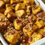 - 1 (14 oz) loaf of challah or brioche bread, cut into 1-inch cubes - 1 cup canned pumpkin puree - 8 oz cream cheese, softened at room temperature - 4 large eggs - 2 cups whole milk - 1/2 cup packed brown sugar - 1 teaspoon pure vanilla extract - 1 teaspoon ground cinnamon - 1/2 teaspoon ground nutmeg - 1/4 teaspoon ground ginger - 1/4 teaspoon sea salt - 1/2 cup chopped pecans (optional, for added crunch) - Maple syrup, for drizzling upon serving The main ingredients give this dish its rich and creamy texture. The bread soaks up all the flavors. Canned pumpkin puree adds a sweet, earthy taste. Cream cheese makes it smooth and creamy. For flavor, we use eggs and whole milk. They create a custard that binds the bake. Brown sugar adds sweetness while spices like cinnamon and nutmeg bring warmth. Ginger gives a little kick. Sea salt balances the sweet notes. If you want extra crunch, pecans are a great choice. They add texture and a nutty flavor. Drizzling maple syrup on top adds sweetness when serving. - Preparing the Baking Dish: Start by preheating your oven to 350°F (175°C). Grease a 9x13 inch baking dish with non-stick spray or butter. This step helps the bake not stick. - Cubing the Bread: Take your challah or brioche bread and cut it into 1-inch cubes. The cubes should be even for better soaking. Spread them evenly in the greased dish. - Mixing Cream Cheese and Pumpkin: In a large bowl, beat the softened cream cheese until smooth. Add the canned pumpkin puree and mix until blended well. - Adding Sugars and Spices: Next, add brown sugar, eggs, vanilla extract, cinnamon, nutmeg, ginger, and salt. Blend until you have a creamy mixture. - Layering the Bread and Cream Mixture: Pour the creamy pumpkin mixture over the bread cubes. Make sure each piece is coated well. Toss gently with a spatula or your hands. If using pecans, sprinkle them on top for crunch. - Preparing the Egg and Milk Mix: In a separate bowl, whisk the remaining eggs with milk and a sprinkle of cinnamon. This mix adds richness to the bake. Pour it evenly over the bread and cream cheese mix. - Soaking Period: Room Temp vs. Overnight: Let the mixture rest for at least 20 minutes at room temperature. For a deeper flavor, cover and refrigerate it overnight. This helps the bread soak up all the flavors. - Baking Instructions: Cover the baking dish with foil and place it in the preheated oven. Bake for 30 minutes, then remove the foil. Bake for another 15-20 minutes until golden brown and set. - Cooling and Slicing the Bake: Once baked, let it cool for a few minutes. Then slice into squares for serving. - Toppings and Garnishes: Serve warm, drizzled with maple syrup. For an extra touch, dust with cinnamon or add a dollop of whipped cream. Enjoy! - Recommended Soaking Times: Soaking the bread for at least 20 minutes is key. This time lets the bread soak up the creamy pumpkin mix. If you want even more flavor, cover it and let it sit in the fridge overnight. This extra soak allows the spices to deepen and the bread to become very soft. - Oven Temperature Tips: Preheat your oven to 350°F (175°C). This temperature is perfect for baking. It cooks the inside well while giving the top a nice golden crust. If you see the top browning too fast, cover it with foil to prevent burning. - Ideal Pairings with Pumpkin Cream Cheese French Toast Bake: Serve this dish warm with maple syrup drizzled on top. A sprinkle of powdered sugar adds a sweet touch. Fresh fruit like sliced bananas or berries on the side brightens the plate. For a nutty crunch, add a handful of chopped pecans. - Presentation Ideas: Slice the bake into squares and serve on individual plates. A dollop of whipped cream on top makes it look fancy. Garnish with a sprinkle of cinnamon for color and a touch of flavor. This makes every bite special and inviting. {{image_4}} You can change this dish in fun ways. Adding chocolate chips makes it sweet and rich. You could also add fresh fruit like apples or bananas. They will add a fresh taste and a nice texture. Different types of bread can change the feel of the bake too. While challah or brioche works great, you can try sourdough or whole wheat. Each type brings a unique taste. Just make sure it is sturdy enough to soak up the mix. If you need gluten-free options, use gluten-free bread. There are many tasty kinds available. Just check the label to ensure it works for your diet. For a dairy-free version, swap the whole milk for almond or oat milk. Use a dairy-free cream cheese too. These changes keep the creamy texture while making it suitable for those who avoid dairy. To keep your Pumpkin Cream Cheese French Toast Bake fresh, store it properly. - Refrigeration Guidelines: Place leftovers in an airtight container. They stay good for up to 3 days in the fridge. Make sure to cool it first before sealing. - Freezing Tips: If you want to save some for later, wrap portions tightly in plastic wrap. Then, place them in a freezer bag. You can freeze it for up to 2 months. Just remember to label the bag with the date. When you are ready to enjoy your leftovers, reheating is key. - Oven vs. Microwave: The oven gives the best results. Preheat it to 350°F (175°C). Place the bake in a baking dish and cover it with foil. Heat for about 15-20 minutes until warm. If you use the microwave, cut a piece and heat it for 30-60 seconds. Check to make sure it heats evenly. Can I make this recipe ahead of time? Yes, you can prepare this bake the night before. Just soak the bread and mixture in the fridge. The next day, you bake it fresh. Is it necessary to use challah or brioche bread? While challah and brioche give the best texture, you can use other bread. French bread or even Texas toast works well too. What can I do with leftover pumpkin puree? Leftover pumpkin puree is great in smoothies, pancakes, or muffins. You can also freeze it for later use. Can I use different types of cheese? You can try mascarpone or ricotta for a twist. These cheeses will add a different flavor to your bake. How can I make this vegan-friendly? To make it vegan, use plant-based cream cheese and milk. Substitute eggs with flax eggs or silken tofu blended smooth. You’ve learned how to make a delicious Pumpkin Cream Cheese French Toast Bake. We covered the best ingredients, steps for preparation, and tips for serving. Remember, soaking time and the choice of bread can change everything. Try variations to fit your taste. Storing and reheating your leftovers will keep the flavor alive. I hope you feel excited to create this tasty dish! Enjoy the cozy flavors this recipe brings to your kitchen.