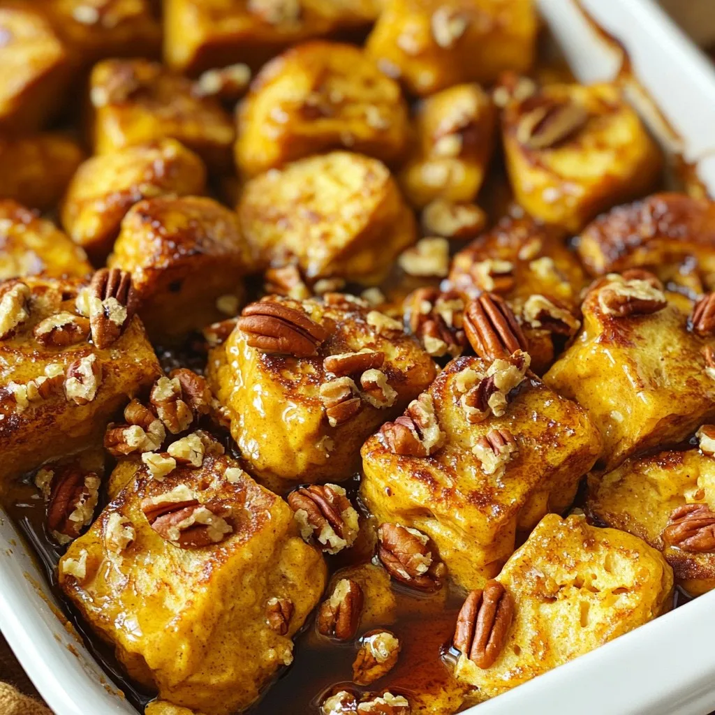 - 1 (14 oz) loaf of challah or brioche bread, cut into 1-inch cubes - 1 cup canned pumpkin puree - 8 oz cream cheese, softened at room temperature - 4 large eggs - 2 cups whole milk - 1/2 cup packed brown sugar - 1 teaspoon pure vanilla extract - 1 teaspoon ground cinnamon - 1/2 teaspoon ground nutmeg - 1/4 teaspoon ground ginger - 1/4 teaspoon sea salt - 1/2 cup chopped pecans (optional, for added crunch) - Maple syrup, for drizzling upon serving The main ingredients give this dish its rich and creamy texture. The bread soaks up all the flavors. Canned pumpkin puree adds a sweet, earthy taste. Cream cheese makes it smooth and creamy. For flavor, we use eggs and whole milk. They create a custard that binds the bake. Brown sugar adds sweetness while spices like cinnamon and nutmeg bring warmth. Ginger gives a little kick. Sea salt balances the sweet notes. If you want extra crunch, pecans are a great choice. They add texture and a nutty flavor. Drizzling maple syrup on top adds sweetness when serving. - Preparing the Baking Dish: Start by preheating your oven to 350°F (175°C). Grease a 9x13 inch baking dish with non-stick spray or butter. This step helps the bake not stick. - Cubing the Bread: Take your challah or brioche bread and cut it into 1-inch cubes. The cubes should be even for better soaking. Spread them evenly in the greased dish. - Mixing Cream Cheese and Pumpkin: In a large bowl, beat the softened cream cheese until smooth. Add the canned pumpkin puree and mix until blended well. - Adding Sugars and Spices: Next, add brown sugar, eggs, vanilla extract, cinnamon, nutmeg, ginger, and salt. Blend until you have a creamy mixture. - Layering the Bread and Cream Mixture: Pour the creamy pumpkin mixture over the bread cubes. Make sure each piece is coated well. Toss gently with a spatula or your hands. If using pecans, sprinkle them on top for crunch. - Preparing the Egg and Milk Mix: In a separate bowl, whisk the remaining eggs with milk and a sprinkle of cinnamon. This mix adds richness to the bake. Pour it evenly over the bread and cream cheese mix. - Soaking Period: Room Temp vs. Overnight: Let the mixture rest for at least 20 minutes at room temperature. For a deeper flavor, cover and refrigerate it overnight. This helps the bread soak up all the flavors. - Baking Instructions: Cover the baking dish with foil and place it in the preheated oven. Bake for 30 minutes, then remove the foil. Bake for another 15-20 minutes until golden brown and set. - Cooling and Slicing the Bake: Once baked, let it cool for a few minutes. Then slice into squares for serving. - Toppings and Garnishes: Serve warm, drizzled with maple syrup. For an extra touch, dust with cinnamon or add a dollop of whipped cream. Enjoy! - Recommended Soaking Times: Soaking the bread for at least 20 minutes is key. This time lets the bread soak up the creamy pumpkin mix. If you want even more flavor, cover it and let it sit in the fridge overnight. This extra soak allows the spices to deepen and the bread to become very soft. - Oven Temperature Tips: Preheat your oven to 350°F (175°C). This temperature is perfect for baking. It cooks the inside well while giving the top a nice golden crust. If you see the top browning too fast, cover it with foil to prevent burning. - Ideal Pairings with Pumpkin Cream Cheese French Toast Bake: Serve this dish warm with maple syrup drizzled on top. A sprinkle of powdered sugar adds a sweet touch. Fresh fruit like sliced bananas or berries on the side brightens the plate. For a nutty crunch, add a handful of chopped pecans. - Presentation Ideas: Slice the bake into squares and serve on individual plates. A dollop of whipped cream on top makes it look fancy. Garnish with a sprinkle of cinnamon for color and a touch of flavor. This makes every bite special and inviting. {{image_4}} You can change this dish in fun ways. Adding chocolate chips makes it sweet and rich. You could also add fresh fruit like apples or bananas. They will add a fresh taste and a nice texture. Different types of bread can change the feel of the bake too. While challah or brioche works great, you can try sourdough or whole wheat. Each type brings a unique taste. Just make sure it is sturdy enough to soak up the mix. If you need gluten-free options, use gluten-free bread. There are many tasty kinds available. Just check the label to ensure it works for your diet. For a dairy-free version, swap the whole milk for almond or oat milk. Use a dairy-free cream cheese too. These changes keep the creamy texture while making it suitable for those who avoid dairy. To keep your Pumpkin Cream Cheese French Toast Bake fresh, store it properly. - Refrigeration Guidelines: Place leftovers in an airtight container. They stay good for up to 3 days in the fridge. Make sure to cool it first before sealing. - Freezing Tips: If you want to save some for later, wrap portions tightly in plastic wrap. Then, place them in a freezer bag. You can freeze it for up to 2 months. Just remember to label the bag with the date. When you are ready to enjoy your leftovers, reheating is key. - Oven vs. Microwave: The oven gives the best results. Preheat it to 350°F (175°C). Place the bake in a baking dish and cover it with foil. Heat for about 15-20 minutes until warm. If you use the microwave, cut a piece and heat it for 30-60 seconds. Check to make sure it heats evenly. Can I make this recipe ahead of time? Yes, you can prepare this bake the night before. Just soak the bread and mixture in the fridge. The next day, you bake it fresh. Is it necessary to use challah or brioche bread? While challah and brioche give the best texture, you can use other bread. French bread or even Texas toast works well too. What can I do with leftover pumpkin puree? Leftover pumpkin puree is great in smoothies, pancakes, or muffins. You can also freeze it for later use. Can I use different types of cheese? You can try mascarpone or ricotta for a twist. These cheeses will add a different flavor to your bake. How can I make this vegan-friendly? To make it vegan, use plant-based cream cheese and milk. Substitute eggs with flax eggs or silken tofu blended smooth. You’ve learned how to make a delicious Pumpkin Cream Cheese French Toast Bake. We covered the best ingredients, steps for preparation, and tips for serving. Remember, soaking time and the choice of bread can change everything. Try variations to fit your taste. Storing and reheating your leftovers will keep the flavor alive. I hope you feel excited to create this tasty dish! Enjoy the cozy flavors this recipe brings to your kitchen.