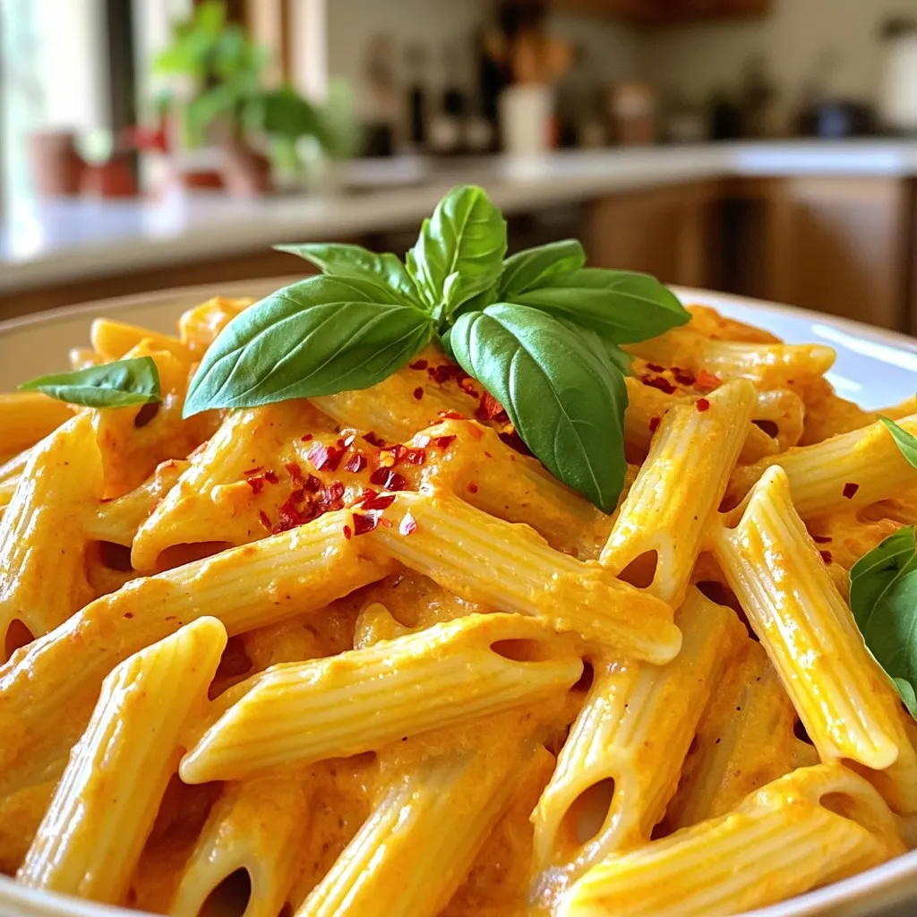 - 12 oz pasta (penne or fettuccine are great options) - 2 large red bell peppers - 2 tablespoons olive oil - 1 small onion, finely diced - 3 cloves garlic, minced - 1 cup heavy cream (substitute with coconut cream for a dairy-free option) - ½ cup grated Parmesan cheese (or use nutritional yeast for a dairy-free alternative) - Salt and pepper, to taste For substitutions, you can use gluten-free pasta if needed. Coconut cream is a great swap for heavy cream. Nutritional yeast works well in place of Parmesan cheese for a dairy-free dish. - Fresh basil leaves - Red pepper flakes for heat - Additional Parmesan cheese or nutritional yeast Garnishing adds flavor and color. Fresh basil gives a nice aroma. Red pepper flakes add heat, perfect for spice lovers. You can sprinkle more cheese or nutritional yeast to enhance the taste. First, preheat your oven to 425°F (220°C). This temperature helps the peppers roast perfectly. Cut the red bell peppers in half lengthwise. Remove the seeds and stems. Place the halves cut-side down on a baking sheet. Drizzle them with olive oil to coat them well. Roast the peppers for about 25 minutes. Look for skins that are blistered and slightly charred. After roasting, cover them with aluminum foil for 10 minutes. This step steams the peppers, making it easy to peel off the skins. While the peppers roast, cook your pasta. You can use penne or fettuccine. Follow the package instructions to boil the pasta until it is al dente. This means it should be firm but cooked through. After cooking, drain the pasta but save one cup of the pasta water. This water is key for making the sauce creamy later. Once the peppers are cool, peel off their skins. Now, transfer them to a blender or food processor. In a medium pan, heat some olive oil over medium heat. Add the finely diced onion and sauté it for about 5 minutes. The onion should become soft and clear. Then, add the minced garlic and cook for one more minute. Be mindful not to let the garlic burn. After that, mix the sautéed onion and garlic into the blender with the roasted peppers. Blend until the mixture is smooth and creamy. Pour the blended sauce back into the pan over low to medium heat. Stir in the heavy cream and Parmesan cheese. Season it with salt and pepper. Mix everything well until it is warm. If the sauce seems too thick, add some reserved pasta water. This helps achieve the right sauce consistency. Now, add the drained pasta to the sauce. Toss gently to coat every piece. This ensures each bite is full of flavor. To get the best flavor, roast red peppers until the skins blister. I find that using a high oven heat works well. Set your oven to 425°F (220°C). Cut the peppers in half and coat them with olive oil. Place them cut-side down on a baking sheet. Roast for about 25 minutes. If you want a smoky flavor, try grilling them. Place the peppers on a grill over medium heat. Check them often to avoid burning. You can also broil them in the oven for a quicker roast. Just keep a close eye on them! To make your sauce pop, add spices like smoked paprika or fresh thyme. These give a nice depth to the dish. You can also sprinkle some red pepper flakes if you like heat. Feel free to adjust the creaminess too. Add more heavy cream or cheese to make it richer. For a lighter option, use coconut cream. This change gives a unique flavor while keeping it creamy. When serving, use a large bowl for a nice presentation. Drizzle some olive oil on top for shine. Add extra Parmesan cheese for a gourmet touch. You can serve this pasta with a simple salad. A fresh green salad complements the creamy sauce well. Fresh bread or garlic bread also makes a great side. It’s perfect for soaking up any leftover sauce! {{image_4}} To make a completely dairy-free version of creamy roasted red pepper pasta, use coconut cream instead of heavy cream. This keeps the dish rich while being vegan-friendly. For cheese, you can swap Parmesan for nutritional yeast. Nutritional yeast adds a cheesy flavor without dairy. Simply blend 1/2 cup of nutritional yeast into the sauce. You can use various types of pasta for this dish. Penne and fettuccine work well, but rotini and farfalle are great too. Different shapes hold sauce differently. For instance, rotini traps sauce in its curls, while fettuccine covers more surface area. This means you can choose based on your texture preference. For added protein, consider chicken or shrimp. Cook them separately and toss them into the pasta before serving. You can also add vegetables like spinach or cherry tomatoes for extra color and flavor. These mix-ins complement the creamy sauce and make the meal more filling. To keep your creamy roasted red pepper pasta fresh, place it in an airtight container. You can store it in the refrigerator for up to three days. If you want to save it for longer, consider freezing it. Frozen pasta can last for about two months. Just make sure to cool the pasta before you freeze it. This helps maintain its texture and flavor. When reheating your pasta, avoid high heat. High heat can make it dry and less tasty. Instead, use medium heat on the stove. Add a splash of water or cream to help keep it moist. Stir gently as it warms. You can also use the microwave. Heat it in short bursts of 30 seconds, stirring in between. This method helps keep the creamy sauce smooth and flavorful. Yes, you can use jarred roasted red peppers. They save time and effort. However, fresh peppers have a better flavor. Jarred options may have added salt or preservatives. If you choose jarred, look for those without extra ingredients. This choice can make your dish quicker but may alter the taste slightly. There are several good substitutes for heavy cream: - Coconut cream: This makes the dish dairy-free and adds a hint of sweetness. - Greek yogurt: This adds creaminess and tang but may thicken the sauce. - Cashew cream: Blend soaked cashews with water for a rich, nutty flavor. - Milk and butter: Mix ¾ cup of milk with ¼ cup of melted butter for a light version. Each option changes the dish slightly. Choose based on your dietary needs. To add heat to your creamy roasted red pepper pasta: - Red pepper flakes: Sprinkle on top before serving. - Cayenne pepper: Mix a pinch into the sauce before combining with pasta. - Hot sauce: Drizzle in the sauce for an extra kick. - Chili oil: Drizzle over the finished dish for flavor and heat. Adjust the amount to suit your taste. Enjoy experimenting! In this post, we covered key ingredients, cooking steps, and tips for a tasty pasta dish. We explored roasting red peppers, cooking pasta, and creating a creamy sauce. You learned how to customize the dish with vegan options and different pasta shapes. Storing leftovers and reheating were also discussed to maintain quality. By following these steps, you can make a delicious meal that suits your taste. Enjoy experimenting in the kitchen!