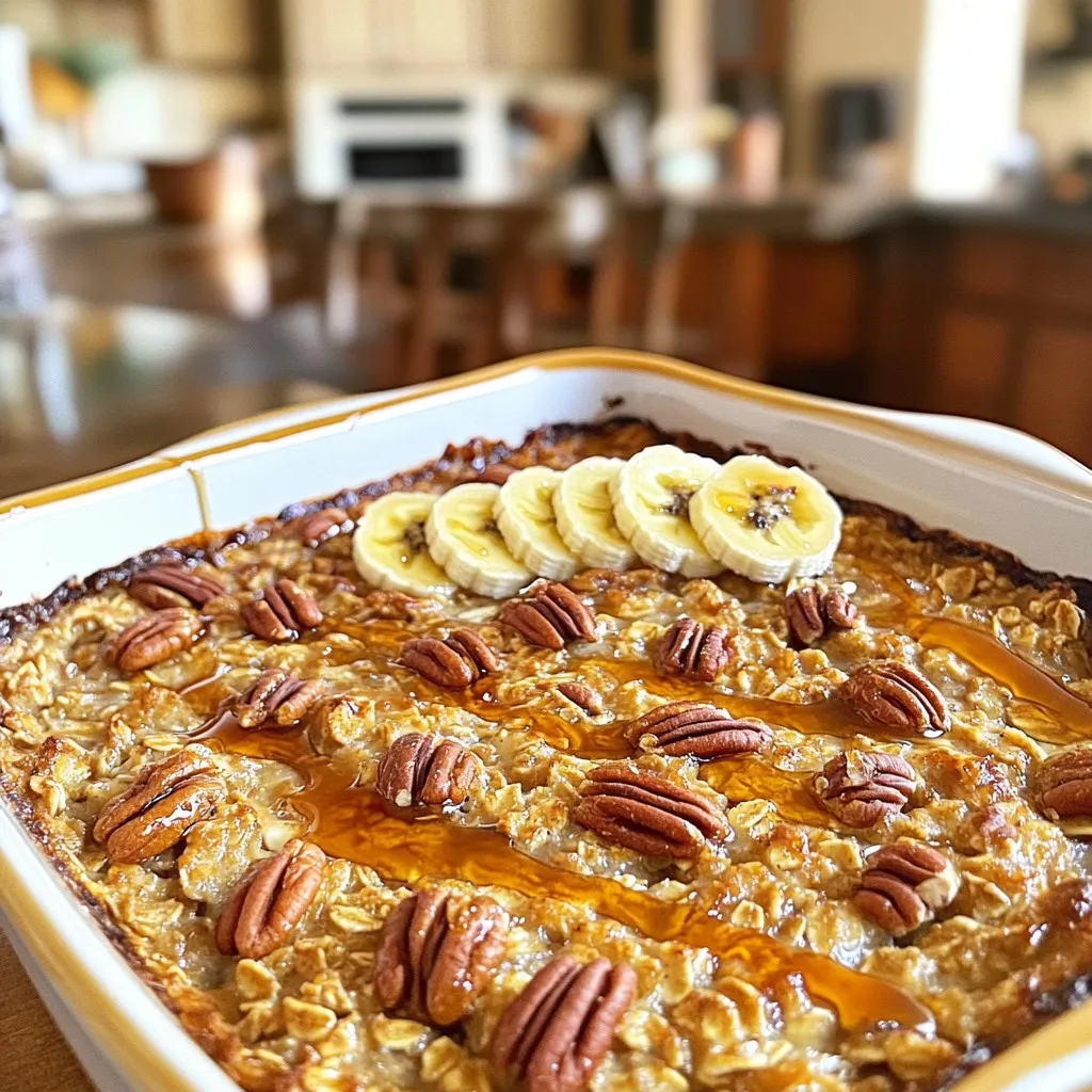 To make warm maple pecan baked oatmeal, gather these items: - 2 cups rolled oats - 1/2 cup pecans, roughly chopped - 1/2 cup pure maple syrup - 2 cups almond milk (or your preferred milk) - 1/4 cup unsweetened applesauce - 1 teaspoon vanilla extract - 1 teaspoon ground cinnamon - 1/2 teaspoon ground nutmeg - 1/4 teaspoon salt - 1 large banana, sliced (optional for topping) - Extra maple syrup for drizzling (optional) You can swap ingredients for different flavors or needs: - Use walnuts instead of pecans for a unique taste. - Coconut milk works well in place of almond milk. - If you don't have applesauce, mashed banana can be a great stand-in. - For a sweeter dish, consider adding a bit more maple syrup. - You can leave out the banana and use berries instead for a fresh twist. Each serving (based on 6 servings) offers balanced nutrition: - Calories: About 250 - Protein: 6g - Total Fat: 9g - Saturated Fat: 1g - Carbohydrates: 42g - Fiber: 5g - Sugar: 10g - Sodium: 120mg This dish provides healthy energy, fiber, and flavor, making it a great choice for breakfast or a snack. Enjoy the warmth and comfort of this easy recipe, tailored for your taste! 1. First, preheat your oven to 350°F (175°C). This step is key for even baking. 2. Next, grease a 9x9 inch baking dish. Use cooking spray or a light oil. This helps prevent sticking. 3. In a large bowl, mix 2 cups of rolled oats with 1/2 cup of chopped pecans. 4. Add 1 teaspoon of ground cinnamon, 1/2 teaspoon of ground nutmeg, and 1/4 teaspoon of salt. Stir well to combine these dry ingredients. 5. In a separate bowl, whisk together 2 cups of almond milk, 1/2 cup of pure maple syrup, 1/4 cup of unsweetened applesauce, and 1 teaspoon of vanilla extract. Mix until smooth. 6. Gradually pour the wet mixture into the dry ingredients. Stir gently until everything is well combined. 7. Once mixed, pour the oatmeal mixture into the prepared baking dish. Spread it out evenly. 8. If you like, add sliced banana on top for added flavor. This step is optional but tasty! 9. Bake in the oven for 30-35 minutes. The oatmeal should be firm and golden on top. 10. After baking, take it out and let it cool for a few minutes. This helps it set. - Use rolled oats for the best texture. They absorb liquid well. - Make sure to mix the wet and dry ingredients thoroughly. This ensures even cooking. - Let the oatmeal cool slightly before slicing. This makes serving easier. - Drizzle extra maple syrup on top just before serving. This adds extra sweetness and flavor. You can make this baked oatmeal your own. Here are some fun ideas: - Fruits: Add berries, apples, or raisins for extra sweetness. - Nuts: Swap pecans for walnuts or almonds. They give a nice crunch. - Spices: Experiment with ginger or allspice for a new flavor. - Sweeteners: If you like it sweeter, use honey or agave syrup. You can even mix in some chocolate chips for a treat! Storing your baked oatmeal is easy. Here are some tips: - Cool completely: Let it cool down before storing to avoid sogginess. - Use airtight containers: This keeps it fresh longer. - Refrigeration: Store it in the fridge for up to 5 days. - Freezing: You can freeze individual portions for up to 3 months. Just wrap them well! For the best experience, serve your baked oatmeal warm. Here’s how: - Toppings: Add sliced bananas, yogurt, or more maple syrup on top. - Presentation: Serve in bowls, and sprinkle with chopped pecans. - Pair it up: Enjoy it with a side of fresh fruit or a cup of tea. These small touches can make your dish even better! {{image_4}} You can mix in some fun flavors to your baked oatmeal. Here are a few ideas: - Dried fruit: Add raisins or cranberries for sweetness. - Chocolate chips: Toss in dark or milk chocolate for a sweet treat. - Seeds: Chia or flax seeds can boost nutrition. - Spices: Try adding a pinch of ginger or cardamom for warmth. Each of these add-ins can change the taste and give your dish a personal touch. If you need a gluten-free version, it’s simple. Just use gluten-free oats. They work just like regular oats but are safe for those with gluten issues. Check the package to ensure they are certified gluten-free. This recipe is easy to make vegan! Here are some swaps: - Use almond milk or any plant-based milk. - Replace eggs with flaxseed meal mixed with water. Use 1 tablespoon of flaxseed meal with 2.5 tablespoons of water for each egg. - Ensure your maple syrup is pure and vegan. These changes keep your dish delicious and plant-based. You won’t miss the eggs or dairy! To keep your warm maple pecan baked oatmeal fresh, let it cool first. Once cooled, cover it tightly with plastic wrap or aluminum foil. You can also place it in an airtight container. Store it in the fridge for up to five days. This keeps the flavors intact while preventing it from drying out. When you’re ready to enjoy your baked oatmeal again, there are a few easy ways to reheat it. You can use a microwave for quick warming. Place a serving in a bowl and heat it for about 30 seconds. Stir and check if it's warm enough. If not, heat it in 15-second bursts. You can also reheat it in the oven. Preheat the oven to 350°F (175°C). Cover the dish with foil and heat for about 10-15 minutes. This method keeps it nice and soft. If you want to save some for later, freezing is a great option. Cut the baked oatmeal into squares after it cools. Wrap each piece in plastic wrap, then place them in a freezer-safe bag. Label the bag with the date. You can freeze it for up to three months. To eat, simply thaw in the fridge overnight and reheat as mentioned above. This way, you’ll always have a delicious breakfast ready to go! Yes, you can use any milk you like. Cow's milk works well. Soy milk or oat milk is also great. They will give a nice flavor and texture. Just keep the same amount as in the recipe. This way, you keep the same creaminess. To make this oatmeal nut-free, skip the pecans. You can replace them with seeds. Sunflower seeds or pumpkin seeds are good choices. They add crunch and nutrition without the nuts. You can also use more oats for bulk. Toppings can make this dish even better! Here are some tasty options: - Sliced banana - Chopped nuts (if not nut-free) - Fresh berries like strawberries or blueberries - A dollop of yogurt - A drizzle of extra maple syrup Feel free to mix and match your favorites! We covered a lot about baked oatmeal. We looked at key ingredients and useful substitutes. You now know how to prepare and bake it perfectly. I shared tips for storage and creative variations. Balancing nutrition with taste makes this a great dish. Enjoy exploring all the ways to customize your recipe. With these tips, your baked oatmeal will shine at any meal. Happy baking!
