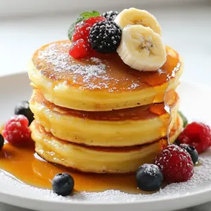 To make Jiggly Japanese Soufflé Pancakes, gather these ingredients: - 1 cup all-purpose flour - 2 tablespoons cornstarch - 2 teaspoons baking powder - 1/4 teaspoon salt - 1/3 cup milk - 3 large eggs, separated - 2 tablespoons granulated sugar, divided - 1 teaspoon vanilla extract - 1 tablespoon vegetable oil - Butter (for greasing) - Maple syrup (for serving) - Fresh assorted fruit (like berries and banana) You can swap some ingredients if needed: - Use almond milk or oat milk instead of regular milk for a dairy-free option. - If you don’t have cornstarch, use an equal amount of flour. - For a lower sugar option, use a sugar substitute. - You can replace vegetable oil with melted coconut oil for added flavor. Make sure you have the right tools: - Mixing bowls (at least two) - Whisk or electric mixer - Spatula - Non-stick skillet - Ring mold or round cookie cutter - Lid for the skillet - Measuring cups and spoons {{ingredient_image_2}} Start with a bowl. Add 1 cup of all-purpose flour. Next, mix in 2 tablespoons of cornstarch, 2 teaspoons of baking powder, and 1/4 teaspoon of salt. Whisk these dry ingredients until they blend well. This mix is the base for our light pancakes. Set it aside for now. In another bowl, combine 1/3 cup of milk with 3 large egg yolks. Add 1 tablespoon of granulated sugar and 1 teaspoon of vanilla extract. Whisk this mixture until smooth. The yolks add richness, while the milk keeps everything moist. Next, gently add the dry mix into the wet mixture. Stir it carefully. It’s okay if some lumps remain. This will help our pancakes stay fluffy and airy. Now, take a clean bowl. Use an electric mixer to whip the 3 egg whites. Beat them until soft peaks form. Gradually add the remaining 1 tablespoon of sugar. Keep mixing until you see stiff peaks. This step is key for that soufflé effect. Preheat a non-stick skillet on low heat. Lightly grease it with butter. Use a ring mold or cookie cutter to help shape your pancakes. Pour about 1/4 cup of batter into the mold. Cover the skillet with a lid. This traps steam and keeps the pancakes fluffy. Cook for about 4-6 minutes. When the bottom is golden, remove the mold. Flip the pancake and cover again. Cook for another 4-6 minutes until both sides are golden. Once cooked, stack them high on a plate. Drizzle with maple syrup and add fresh fruits for a beautiful touch. Enjoy your fluffy, jiggly pancakes! To get that famous jiggly texture, follow these key steps: - Whip egg whites: Make sure to beat the egg whites until they form stiff peaks. This step is key for fluffiness. - Gently fold: When mixing the whipped egg whites with the batter, use a spatula to fold gently. This keeps the air bubbles intact. - Low and slow: Cook the pancakes on low heat. This allows them to rise slowly and stay fluffy. Here are some pitfalls to steer clear of: - Overmixing the batter: Mixing too much can deflate your batter. Leave some lumps! - High heat: Cooking on high heat can burn the outside while leaving the inside raw. Patience is key. - Skipping the lid: Covering the skillet helps trap steam. This steam is crucial for that soufflé puff. Make your pancakes look as good as they taste: - Stack them high: Create a tall stack for a dramatic effect. - Garnish smartly: Add fresh fruit like berries or banana around the stack. This adds color and texture. - Finish with syrup: Drizzle maple syrup on top for a sweet touch. A dusting of powdered sugar adds elegance too! Pro Tips Whip the Egg Whites Properly: Ensure your mixing bowl and beaters are completely clean and dry before whipping the egg whites to achieve the best volume and texture for your pancakes. Low and Slow Cooking: Cooking the pancakes on low heat allows them to rise beautifully without burning. Patience is key for that perfect soufflé texture. Use a Ring Mold: Utilizing a ring mold helps in achieving the classic tall shape of soufflé pancakes. If you don’t have one, a metal cookie cutter can work as a substitute. Experiment with Toppings: Feel free to get creative with toppings! Besides maple syrup, try adding whipped cream, chocolate sauce, or a variety of fresh fruits for added flavor and presentation. {{image_4}} You can change the taste of your pancakes easily. Try adding matcha powder for a green tea flavor. Simply mix in a tablespoon with the dry ingredients. Want something sweeter? Add cocoa powder for chocolatey pancakes. Use about two tablespoons for a rich taste. You can also add spices like cinnamon for warmth. Each flavor brings its own fun twist. Toppings can make your pancakes even better. Fresh fruit is always a hit. Use berries, bananas, or peaches for color and taste. A fruit compote is another great choice. Just simmer fruits with sugar until soft. Whipped cream adds a light touch, too. Drizzle maple syrup for sweetness. You can even sprinkle nuts for crunch. Mix and match until you find your favorite combo! Want to make these pancakes gluten-free? Swap the all-purpose flour for a gluten-free blend. Make sure it has a good binding agent. For a vegan version, use plant milk and a flax egg instead of eggs. Just mix one tablespoon of ground flaxseed with three tablespoons of water and let it sit. These swaps keep the pancakes light and fluffy while meeting your dietary needs. To keep your leftover Jiggly Japanese Soufflé Pancakes fresh, store them correctly. First, let the pancakes cool completely. Then, stack them with parchment paper between each pancake. This step prevents sticking. Place the stack in an airtight container. Store it in the fridge for up to three days. If you want to enjoy them later, freezing is a great option. When you want to eat your pancakes again, try reheating them gently. You can use a microwave or a skillet. For the microwave, heat them for about 15-20 seconds. Check if they are warm enough. If not, heat for a bit longer. For the skillet, use low heat. Add a small amount of butter and heat each pancake for about 1-2 minutes. This keeps them soft and fluffy. Freezing your pancakes allows you to enjoy them anytime. After cooling, stack the pancakes with parchment paper in between. Wrap the stack tightly in plastic wrap. Then, place the wrapped stack in a freezer-safe bag. Label the bag with the date. You can freeze them for up to a month. When you’re ready to eat, just thaw them in the fridge overnight and reheat as mentioned above. Enjoy your delicious pancakes anytime! Japanese Soufflé Pancakes are lighter and fluffier. They use whipped egg whites. This method creates a soft, airy texture. Regular pancakes are denser and flatter. The key to their fluffiness lies in the meticulous folding of egg whites into the batter. This gives them that signature jiggle. You can prepare the batter ahead of time. Store it in the fridge for up to 2 hours. However, for the best fluffiness, make these pancakes fresh. The whipped egg whites start to lose volume over time. If you want to save time, measure out your dry and wet ingredients ahead. Check the color of the pancakes. They should be golden brown on both sides. You can also gently press the top. It should spring back lightly. If it holds an imprint, it needs more time. Cooking on low heat is key for even cooking. Stack the pancakes high on a plate for a stunning look. Drizzle with maple syrup for sweetness. Add fresh fruit like berries or banana for color and flavor. You can also dust with powdered sugar for a nice touch. A dollop of whipped cream makes it extra special. Enjoy every fluffy bite! In this article, we covered the key ingredients, substitutions, and required equipment for making Japanese Soufflé Pancakes. You learned the step-by-step process, tips for the perfect texture, and ideas for delicious variations. Remember to store any leftovers properly and use reheating tips for the best taste. These pancakes are unique and fun to make. With practice, you’ll impress anyone with your jiggly creations. Enjoy the process and have fun serving these fluffy delights!