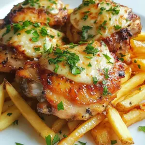 - 4 bone-in, skin-on chicken thighs - 4 medium russet potatoes, cut into fry shapes - 1/4 cup olive oil - 1 tablespoon garlic powder - 1 teaspoon paprika - 1 teaspoon cayenne pepper (adjust based on spice preference) - 1/2 teaspoon salt - 1/2 teaspoon black pepper - 1/2 cup freshly grated Parmesan cheese - 1 tablespoon fresh parsley, finely chopped (for garnish) - 2 tablespoons hot sauce (optional for extra kick) You need these ingredients to create Spicy Garlic Parmesan Chicken and Fries. The chicken thighs offer rich flavor. Using skin-on thighs keeps them juicy. The russet potatoes give you a great base for crispy fries. Olive oil helps the spices stick and adds flavor. For seasoning, I recommend garlic powder for that strong aroma. Paprika adds a nice color and mild taste. Cayenne pepper brings the heat, so adjust it to your liking. Salt enhances every bite. Black pepper adds a touch of warmth. When garnishing, fresh Parmesan cheese melts beautifully. It gives a nice salty flavor that pairs well with garlic. Chopped parsley adds color and freshness. If you like more heat, drizzle hot sauce before serving. This combination makes the dish pop! {{ingredient_image_2}} - Preheat the oven to 425&deg;F (220&deg;C). This step is key for crispy fries. - Cut four medium russet potatoes into fry shapes. Toss them in a large bowl. - Add 2 tablespoons of olive oil, garlic powder, paprika, cayenne pepper, salt, and black pepper. Mix well to coat the potatoes evenly. Spread the fries on a baking sheet lined with parchment paper. - In a separate bowl, blend 2 tablespoons of olive oil with garlic powder, paprika, cayenne pepper, salt, and black pepper. - Rub this tasty mixture all over the chicken thighs. Make sure to cover every bit of the chicken for full flavor. - Place the fries in the preheated oven. Bake them for 20 minutes. This gives them time to start crisping up. - After 20 minutes, take the fries out and make space on the baking sheet. Place the chicken thighs skin-side up on the sheet. Sprinkle the freshly grated Parmesan cheese over the chicken. - Return the baking sheet to the oven. Bake for another 25-30 minutes. The chicken should reach an internal temperature of 165&deg;F (75&deg;C), and the fries should look golden and crispy. Follow these steps, and you will have a delicious meal ready to serve! Marinating chicken boosts the flavor. By letting the chicken sit in the oil and spices, it soaks up all that goodness. I suggest a minimum of 30 minutes but longer is better. This step makes a big difference in taste. Balancing spice is key. If you love heat, add more cayenne pepper. If you prefer less spice, reduce the cayenne. Always taste your seasoning mix before applying it. Adjust it to match your taste. To get crispy fries, use a high oven temp. Spread the fries out on the baking sheet. This helps hot air circulate, making them crispy. Turn them halfway through baking for even crispiness. To check if chicken is done, use a meat thermometer. The safe internal temp is 165&deg;F (75&deg;C). If you don&rsquo;t have a thermometer, cut into the chicken. The juices should run clear, not pink. For a great presentation, serve the chicken and fries on a large platter. You can sprinkle extra parsley on top. Add a small bowl of hot sauce on the side. This lets everyone customize their meal. Pair your dish with a fresh salad or coleslaw. These sides add crunch and balance to the meal. You can also serve it with a creamy dipping sauce for the fries. Pro Tips Get the Right Crisp: For extra crispy fries, soak the cut potatoes in cold water for at least 30 minutes before seasoning and baking. This helps remove excess starch. Use Fresh Ingredients: Always opt for freshly grated Parmesan cheese instead of pre-grated for better flavor and texture. It melts beautifully! Temperature Matters: For the best results, use a meat thermometer to ensure your chicken thighs reach an internal temperature of 165&deg;F (75&deg;C) for juicy and safe eating. Customize the Spice: Feel free to adjust the amount of cayenne pepper and hot sauce based on your heat preference. You can also add other spices like garlic or onion powder for more flavor. {{image_4}} To change the flavor of your Spicy Garlic Parmesan Chicken and Fries, try new seasonings. You can swap garlic powder for onion powder for a milder taste. If you want more heat, add extra cayenne pepper or even some chili powder. If you cannot find chicken thighs, chicken breasts work well too. They will cook faster, so keep an eye on them. For a different twist, use bone-in, skin-on chicken drumsticks. They will give you juicy meat and crispy skin. If you prefer a healthier option, an air fryer is a great choice. Cook the chicken and fries in the air fryer for a crispy finish with less oil. Set the air fryer to 400&deg;F (200&deg;C) and cook for about 25-30 minutes. This method keeps the flavors while cutting down on fat. In summer, grilling is fun. Marinate the chicken with the same spices, then grill it over medium heat. This gives the chicken a smoky flavor that pairs beautifully with fries. You can also toss the fries on the grill in a grill basket for a charred taste. For a gluten-free option, check the labels on your seasonings. Some spices may contain gluten. You can use gluten-free hot sauce to keep the heat without any gluten. If you want a vegetarian dish, try using cauliflower instead of chicken. Cut the cauliflower into florets, season, and bake them like the chicken. You can also use firm tofu for a protein boost. Just make sure to press the tofu to remove excess moisture before seasoning. To store your spicy garlic Parmesan chicken and fries in the fridge, let them cool first. Place them in an airtight container. This keeps them fresh and tasty. You can store leftovers for up to three days. For reheating, use an oven or an air fryer. Preheat the oven to 375&deg;F (190&deg;C). Place the chicken and fries on a baking sheet. Heat for about 10-15 minutes or until warm. This helps keep the fries crispy. To prepare in advance, you can season the chicken and cut the potatoes a day before. Store the seasoned chicken and potatoes in the fridge. This saves time on cooking day. For long-term storage, you can freeze the seasoned chicken. Wrap it tightly in plastic wrap, then place it in a freezer bag. It will last for up to three months in the freezer. You can also freeze the fries, but they may lose some crispness. Leftovers stay safe to eat for three days in the fridge. If you freeze the chicken, it can last for three months. Signs of spoilage include a bad smell or a change in color. If the chicken feels slimy or the fries look dry, throw them away. Always trust your senses to keep your food safe. How long do I need to cook chicken thighs? You should cook chicken thighs for about 25-30 minutes at 425&deg;F (220&deg;C). This will help them reach an internal temperature of 165&deg;F (75&deg;C). Cooking time may vary based on your oven, so use a meat thermometer to check. Can I make the fries crispy without oil? Yes, you can. To make crispy fries without oil, soak the cut potatoes in water for 30 minutes. This removes excess starch. After soaking, dry them well. Then, bake them at a high temperature. Use parchment paper to prevent sticking. What goes well with Spicy Garlic Parmesan Chicken and Fries? You can serve coleslaw or a simple green salad with your dish. These sides add freshness and crunch. A light vinaigrette can balance the spice. You may also want to include garlic bread for a comforting touch. What's a good dipping sauce for fries? A zesty garlic aioli pairs well with fries. Mix mayo, minced garlic, lemon juice, and a pinch of salt. You can also use ketchup or ranch dressing. For an extra kick, try a spicy sriracha dip. How can I make this dish less spicy? To reduce the spice, simply cut back on the cayenne pepper. You can also skip the hot sauce. Use regular paprika instead of spicy paprika for a milder flavor. Can I use different types of cheese? Absolutely! You can use mozzarella or cheddar cheese instead of Parmesan. Each cheese will add a unique flavor. Feel free to mix cheeses for a fun twist! This recipe blends tasty chicken thighs and crispy fries. You can adjust spice and swap ingredients to fit your taste. Use the cooking tips for perfect results every time. Don&rsquo;t forget about meal prep and safe storage for leftovers. Enjoy this dish with fun sides and sauces. I hope you feel inspired to make it your own and share it with family and friends. Happy cooking!