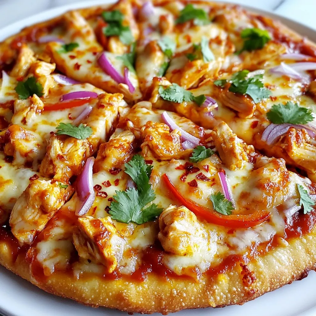 - 1 pre-made pizza dough - 1 cup cooked shredded chicken - 1/2 cup chili garlic sauce - 1 cup mozzarella cheese - 1/2 cup red bell pepper, thinly sliced - 1/2 cup red onion, thinly sliced - 1/4 cup fresh cilantro, chopped - 1 teaspoon olive oil - 1/2 teaspoon crushed red pepper flakes - Salt and pepper, to taste When you gather your ingredients, pick fresh ones for the best flavor. The pre-made pizza dough saves time and effort. You can find it at most grocery stores. If you feel adventurous, you can make your own dough! Shredded chicken is simple. You can use leftover chicken or store-bought rotisserie chicken. The chili garlic sauce adds a bold kick and pairs well with the chicken. Adjust this sauce to fit your spice level. Mozzarella cheese gives that melty, gooey texture we love on pizza. For veggies, red bell pepper and red onion add color and crunch. Fresh cilantro brings a burst of flavor at the end. For seasoning, a touch of olive oil helps the crust golden. Crushed red pepper flakes give extra heat, but skip them if you prefer mild flavors. Don't forget salt and pepper! Season to your taste for the best results. This combination of ingredients makes for a tasty, flavorful pizza. Enjoy the process of gathering and preparing your ingredients! {{ingredient_image_2}} - Preheat your oven to 475°F (245°C). This heat is key for a crispy crust. - Lightly flour your work surface. Roll out the pizza dough to your desired thickness. - In a bowl, combine shredded chicken with chili garlic sauce. - Stir until the chicken is well coated. This makes every bite flavorful. - Brush a thin layer of olive oil on the rolled dough. - Spread the chicken mixture evenly over the dough. - Sprinkle shredded mozzarella cheese on top. - Add sliced red bell pepper and red onion for crunch. - Place the pizza in your hot oven. Bake for 12-15 minutes. - Look for a golden crust and melted cheese. - Let it cool for a few minutes before slicing. To get a great crust, start with the right oven temperature. Preheat your oven to 475°F (245°C). A hot oven makes the crust crispy and delicious. Next, roll out your pizza dough to the right thickness. A thin crust cooks faster and gets crispy, while a thick crust is soft and chewy. Choose what you like best! Adjusting the chili garlic sauce is key to your pizza's taste. If you like it spicy, add more sauce. For a milder flavor, use less. Feel free to mix in some crushed red pepper flakes for extra heat! You can also try adding toppings like sliced mushrooms or olives to enhance the flavor. These add texture and taste. Presentation is important for any dish. Serve your pizza on a wooden pizza board for a rustic look. Cut it into even slices for easy sharing. You can also place extra chili garlic sauce on the side for dipping. For a pop of color, sprinkle fresh cilantro on top just before serving. It makes your pizza look fresh and inviting. Pro Tips Use Fresh Ingredients: Fresh vegetables and high-quality chicken will elevate the flavor of your pizza significantly. Adjust the Spice Level: Taste the chili garlic sauce before adding to the chicken, and adjust the amount based on your heat preference. Let the Dough Rest: Allow your pizza dough to rest at room temperature for about 30 minutes before rolling it out to improve its elasticity. Experiment with Toppings: Don’t hesitate to add other toppings like jalapeños or pineapple to customize your pizza to your liking. {{image_4}} You can add a spicy kick to your chili garlic chicken pizza. Try adding sliced jalapeños or spicy sausage. The jalapeños give a fresh heat that pairs well with the garlic sauce. Spicy sausage adds a rich flavor and a bit of zest. You can adjust the amount based on your taste. Start with a small amount and add more if you like it hotter. If you want a meatless pizza, you can easily swap out the chicken. Use plant-based proteins like tofu or tempeh instead. Toss them in the chili garlic sauce just like you would with chicken. This keeps the bold flavor while making it vegetarian. You can also add more veggies, like mushrooms or spinach, for extra taste and texture. Want to change things up? Explore different sauce bases for your pizza. Try using pesto for a fresh, herby flavor. BBQ sauce can also work for a sweet and smoky twist. These sauces change the taste and can add a fun surprise. Don’t be afraid to mix and match your favorite flavors! To keep your Chili Garlic Chicken Pizza fresh, store any leftovers in the fridge. Place the pizza slices in an airtight container. You can also wrap them in plastic wrap. Make sure to eat the leftovers within three days for the best taste. When you want to enjoy your pizza again, reheat it in the oven. Set your oven to 375°F (190°C). Place the pizza directly on the oven rack for about 10 minutes. This method keeps the crust crispy. If you're in a hurry, you can use a microwave. Just be aware it may make the crust soft. If you want to save your pizza for later, freezing is a great option. First, let the pizza cool completely. Then, slice it and wrap each slice in plastic wrap. Place the wrapped slices in a freezer bag. You can freeze them for up to three months. When you're ready to eat, thaw it in the fridge overnight. Then reheat in the oven for the best results. Chili garlic sauce is a spicy mix of chili peppers, garlic, and vinegar. It adds heat and flavor to dishes. If you don't have it, you can use sriracha or a mix of crushed red peppers and minced garlic. Both options can add a nice kick. Yes, making pizza dough at home is easy. Here’s a simple recipe: - 2 cups all-purpose flour - 1 teaspoon yeast - 1 teaspoon salt - 3/4 cup warm water - Mix flour, yeast, and salt in a bowl. - Add warm water and stir until a dough forms. - Knead for 5-7 minutes, then let it rise for 1 hour. You can control the heat by adjusting the amount of chili garlic sauce. Start with less sauce and taste as you go. If you want more spice, add crushed red pepper flakes. For less heat, use bell peppers or omit the flakes. Experiment until it suits your taste! This blog post covered making a delicious pizza with simple ingredients. We started with main ingredients like pre-made dough, cooked chicken, and chili garlic sauce. I shared steps for prepping, mixing, and baking. Tips helped boost crust quality and flavor. You can also try variations for spice or vegetarian options. Finally, I outlined how to store and reheat your leftovers. Enjoy crafting your pizza and don't hesitate to experiment with flavors!