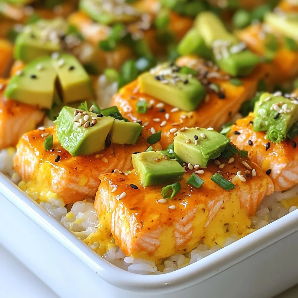 - 1 cup sushi rice - 1 ¼ cups water - 1 tablespoon rice vinegar - 1 tablespoon granulated sugar - 1 teaspoon salt - 1 pound fresh skinless salmon, cut into bite-sized cubes - 2 tablespoons mayonnaise - 1 tablespoon sriracha (or to taste) - ½ ripe avocado, thinly sliced - 2 green onions, finely chopped - Nori sheets, cut into strips (for serving) - Toasted sesame seeds, for garnish To create a tasty Spicy Salmon Sushi Bake, you need a few key ingredients. First, start with sushi rice. It gives the base a nice sticky texture. You will also need water to cook the rice. Adding rice vinegar, sugar, and salt helps season the rice. Next, the star of the dish is fresh skinless salmon. Cut it into small cubes. Mix this salmon with mayonnaise and sriracha for that spicy kick. Adjust the sriracha to your taste. You can add more if you love heat! Don't forget the avocado. Slicing it thinly adds creaminess. Green onions bring a fresh crunch. You also need nori sheets to enjoy your sushi bake. And toasted sesame seeds are perfect for garnishing. With these ingredients, your Spicy Salmon Sushi Bake will be full of flavor and fun to eat! {{ingredient_image_2}} - Rinse 1 cup of sushi rice under cold water until clear. This removes extra starch. - Combine the rinsed rice with 1 ¼ cups water in a saucepan. - Boil the mixture over medium-high heat. Cover, lower the heat, and simmer for 18-20 minutes. - Once the water absorbs and the rice is tender, remove it from the heat. - Let it sit covered for an extra 10 minutes to steam. - Fluff the rice gently with a fork. Mix in 1 tablespoon rice vinegar, 1 tablespoon sugar, and 1 teaspoon salt. - In a separate bowl, take 1 pound of cubed salmon. - Add 2 tablespoons mayonnaise and 1 tablespoon sriracha. Mix well to coat the salmon. - Adjust the sriracha based on how spicy you want it. Taste and add more if needed. - Preheat the oven to 350°F (175°C). - Lightly grease an 8x8-inch baking dish. - Spread the sushi rice evenly at the bottom. Press gently to form a layer. - Pour the salmon mixture over the rice and spread it evenly. - Bake for 15-20 minutes until the salmon cooks through and the top is golden. - Remove from the oven and let it cool for a few minutes. - Top with sliced avocado, green onions, and toasted sesame seeds. - Serve warm with nori strips for scooping. To get the best sushi rice, rinsing is key. Rinse the sushi rice under cold water. Do this until the water runs clear. This helps remove excess starch and keeps the rice from being too sticky. After cooking, let the rice rest for about 10 minutes. This resting time helps the rice grains firm up and become fluffy. You can customize the spiciness of your dish with sriracha. Start with a small amount and add more as needed. If you want to try different flavors, use other sauces like spicy mayo or chili garlic sauce. Each sauce can give your sushi bake a unique twist. For a great presentation, add extra toppings. Sliced avocado, chopped green onions, and sesame seeds make the dish pop. You can serve the sushi bake warm with nori strips. These strips are perfect for scooping or rolling the sushi bake into bites. This makes each bite fun and delicious! Pro Tips Rinse the Rice Well: Properly rinsing the sushi rice removes excess starch, resulting in a fluffier texture that holds together without being gummy. Adjust Spice Levels: When mixing the salmon with sriracha, start with a smaller amount and add more gradually to reach your desired spice level. Check Salmon Freshness: Use the freshest salmon possible for the best flavor and texture. Look for bright color and a clean smell. Let It Rest: After baking, allow the dish to rest for a few minutes before serving. This helps the flavors meld and makes it easier to cut into portions. {{image_4}} You can swap salmon for other proteins. Tuna works great and has a rich flavor. Shrimp is another tasty choice. Just cook it until it’s pink and firm. For a meat-free dish, try using tofu. Firm tofu can absorb flavors well. You can also use seasoned tempeh for a nutty taste. Changing the sauce can change the whole dish. Try using spicy mayo or wasabi for a kick. You can also mix in some soy sauce for extra umami. Seasonal veggies like bell peppers or carrots can add crunch. Adding these makes your sushi bake colorful and fresh. How you serve your sushi bake can change its appeal. For individual portions, use small ramekins. This makes each serving special. For a family-style dish, keep it in one big pan. Try garnishing with extra green onions and sesame seeds on top. Creative plating can make your dish stand out. Consider using a long platter for a beautiful spread. To keep your Spicy Salmon Sushi Bake fresh, follow these simple steps: - Let the dish cool to room temperature. - Place leftovers in an airtight container. - Store in the fridge for up to three days. - If you want to keep it longer, freeze it for up to three months. Using a glass container is best. It helps keep flavors and texture intact. To reheat your sushi bake, follow these methods: - Preheat your oven to 350°F (175°C). - Cover the dish with foil to avoid drying out. - Heat for about 15-20 minutes or until warm. - You can also use a microwave. Heat in short bursts, about 30 seconds. Stir between each burst to warm evenly. To keep the salmon moist, add a splash of water before reheating. Enjoy the same great taste! It takes about 45 minutes to make Spicy Salmon Sushi Bake. The prep time is 15 minutes, and the cook time is around 30 minutes. Yes, you can make it ahead. Prepare the sushi rice and salmon mixture in advance. Store them separately in the fridge. When ready to eat, layer and bake. This way, you save time on busy days! Yes, this dish can be healthy. Salmon offers good fats and protein. Sushi rice provides carbs for energy. Just watch the mayo and sriracha if you're counting calories. Enjoy in moderation for a balanced meal! You now have all you need to make a delicious Spicy Salmon Sushi Bake. We covered the main ingredients, step-by-step instructions, and tips for perfecting the dish. Remember, you can adjust flavors and proteins to match your taste. This dish is fun to make, share, and enjoy. Store leftovers properly to keep them fresh. With these tips, your sushi bake will impress everyone. So grab your ingredients and start baking! Enjoy your meal and the smiles it brings.