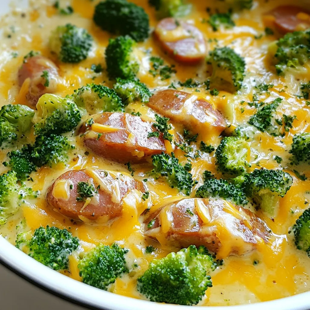 Here’s what you need for this creamy turkey kielbasa broccoli skillet. - 12 oz turkey kielbasa, sliced into half-moons - 2 cups broccoli florets, fresh or frozen - 1 medium onion, finely diced - 2 cloves garlic, minced - 1 cup heavy cream - 1/2 cup low-sodium chicken broth - 1 cup sharp shredded cheddar cheese - 2 tablespoons extra-virgin olive oil - Seasonings: 1 teaspoon smoked paprika, salt, black pepper - Garnish: Fresh parsley, chopped Gather these ingredients before you start cooking. This makes the process smooth and easy. The turkey kielbasa adds a nice, rich flavor. Broccoli brings in a pop of color and nutrients. Fresh garlic and onion give the dish a tasty aroma. Heavy cream and cheddar cheese create that creamy, dreamy texture. The smoked paprika adds a warm, smoky touch. Don't forget the parsley for garnish. It brightens the dish and makes it look great! {{ingredient_image_2}} - Heat 2 tablespoons of olive oil in a skillet over medium heat. - Slice 12 oz of turkey kielbasa into half-moons. - Add the kielbasa to the hot oil. Brown for 5-7 minutes. - Remove the kielbasa from the skillet and set it aside. - In the same skillet, add 1 medium diced onion. - Cook the onion for 3-4 minutes until it turns translucent. - Stir in 2 minced garlic cloves and 1 teaspoon smoked paprika. - Cook for 1 minute until the garlic smells good. - Add 2 cups of broccoli florets to the skillet. - Mix the broccoli with the onions and garlic. - Pour in 1/2 cup low-sodium chicken broth. - Cover the skillet and steam for about 5 minutes. - The broccoli should be bright green and tender. - Lower the heat and stir in 1 cup of heavy cream. - Scrape the bottom of the skillet to gather all the flavors. - Let the sauce thicken for 2-3 minutes on low heat. - Return the browned kielbasa to the skillet. - Add 1 cup of sharp shredded cheddar cheese. - Stir until the cheese melts into the creamy sauce. - Season with salt and black pepper to taste. - Remove the skillet from heat. - Garnish with chopped fresh parsley. - Serve warm for a delightful meal. - Use low heat to avoid curdling the cream. If the heat is too high, the cream may separate. I find that keeping it on low allows the flavors to blend nicely. - Scrape the skillet while making the sauce. This step lifts all the tasty bits stuck to the bottom. Those bits add great flavor to your cream sauce. - Fresh broccoli is often best. It has a nice crunch and bright color. If you use frozen, thaw it before cooking for even texture. - Cut broccoli into bite-sized florets. This size helps them cook evenly and makes for easy eating. I like to keep them small for a better mix with the kielbasa. - Serve with rice or pasta for a hearty meal. Both options soak up the creamy sauce well. You can also use cauliflower rice for a low-carb choice. - For presentation, use a large platter. Spread the dish out to show off the bright colors. Finish with a sprinkle of fresh parsley for a lovely touch. Pro Tips Use Fresh Ingredients: Whenever possible, opt for fresh broccoli and high-quality turkey kielbasa to enhance the overall flavor and texture of the dish. Adjust the Creaminess: If you prefer a lighter sauce, substitute half of the heavy cream with low-fat milk or Greek yogurt for a creamy yet healthier option. Spice It Up: For an extra kick, add a pinch of cayenne pepper or red pepper flakes when cooking the vegetables to bring a bit of heat to the dish. Make It a Meal: Serve this dish over cooked rice, quinoa, or pasta for a more filling meal that incorporates more fiber and nutrients. {{image_4}} If you want a different taste, try chicken sausage or smoked sausage. Chicken sausage gives a leaner option. It still brings the same great flavors. Smoked sausage adds a nice depth. Both options work well with the creamy sauce. You can easily swap these in the recipe. Just cook them until browned, just like the turkey kielbasa. For a vegetarian meal, use plant-based protein. You can pick a soy or pea protein sausage. These options mimic the texture of kielbasa well. They absorb flavors from the cream sauce nicely. Just sauté them the same way as the turkey kielbasa. This way, you still get a rich and creamy dish without meat. Spice up your dish with more herbs and spices. Adding thyme or oregano can make a big difference. Thyme offers a warm, earthy flavor. Oregano adds a bit of brightness. Sprinkle these in while cooking the onions for a fragrant base. You can also use crushed red pepper for some heat. Adjust these flavors to your taste for a unique twist. To keep your creamy turkey kielbasa broccoli skillet fresh, store leftovers in an airtight container. Place the container in the fridge within two hours of cooking. This helps prevent bacteria growth. Your skillet dish will stay safe for up to three days. Make sure to label the container with the date for easy tracking. When you're ready to enjoy leftovers, reheat them gently. I recommend using a skillet over medium heat. This method helps maintain the dish's creamy texture. Stir occasionally to heat evenly. You can also use a microwave. Heat in short intervals and stir in between to avoid hot spots. Yes, you can freeze your creamy turkey kielbasa broccoli skillet! To do this, let it cool completely before freezing. Transfer it to a freezer-safe container. It can last up to three months in the freezer. When ready to eat, thaw it in the fridge overnight. Reheat gently as mentioned earlier for the best taste. Yes, you can use other types of sausage. Chicken sausage is a great choice. It keeps the dish light. Smoked sausage adds a nice depth of flavor. You can try Italian sausage for a different twist. If you want a spicy kick, go for chorizo! Absolutely! This dish works well for meal prep. To store, let it cool completely. Place it in airtight containers. You can keep it in the fridge for up to 3 days. For reheating, use the microwave or a skillet. Add a splash of chicken broth to keep it creamy. This dish pairs well with several sides. Try serving it over rice or pasta for a complete meal. Quinoa is another healthy option. A simple green salad adds freshness. For something warm, garlic bread complements the richness nicely. This blog post covered a creamy turkey kielbasa and broccoli dish. You learned the key ingredients and step-by-step instructions to make it. I shared helpful tips to perfect the cream sauce and suggested variations. Storing leftovers properly ensures they stay fresh. Whether you want a quick meal or a flavorful dish for guests, this recipe delivers. Enjoy making this great comfort food and share it with others. Happy cooking!
